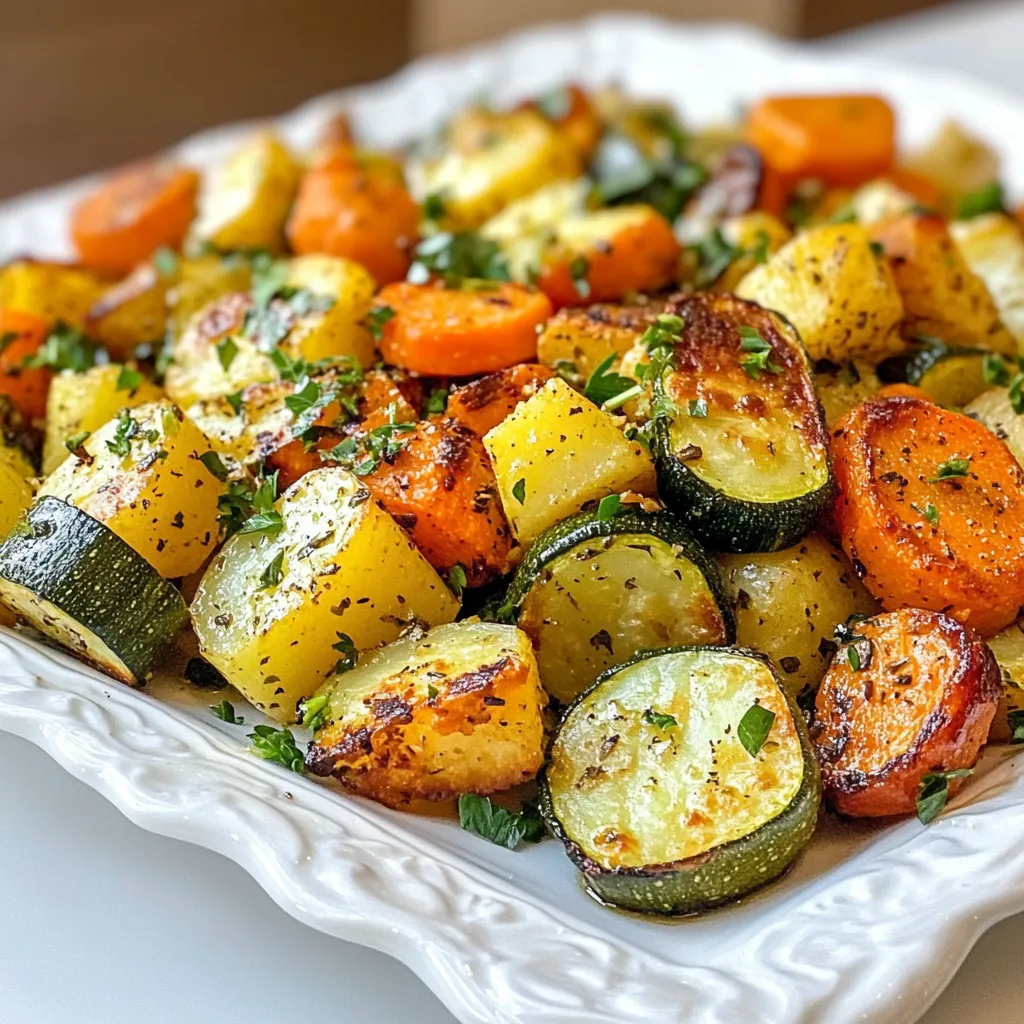 To make herb roasted potatoes, carrots, and zucchini, gather these simple items: - 4 medium potatoes, cubed - 3 large carrots, sliced - 2 medium zucchinis, cut into half-moons - 3 tablespoons olive oil - 2 teaspoons dried rosemary - 1 teaspoon dried thyme - 1 teaspoon garlic powder - Salt and pepper to taste - Fresh parsley, chopped (for garnish) Choose fresh vegetables for the best taste. Look for potatoes that are firm and smooth. Avoid any with green spots or sprouts. Select carrots that are bright and crisp. They should feel heavy for their size. Zucchini should be shiny and firm. If it feels soft, skip it. Fresh herbs add a lovely touch. Look for parsley that is bright green and fragrant. To add more depth to your dish, consider these optional ingredients: - 1 onion, chopped for sweetness - 1 bell pepper, cut into strips for color - 1 teaspoon paprika for a smoky flavor - A splash of balsamic vinegar for tang These extras can take your herb roasted vegetables to a new level. Mix and match based on what you enjoy! {{ingredient_image_1}} First, gather all your ingredients. You need potatoes, carrots, and zucchini. Cut the potatoes into cubes. Slice the carrots into rounds. Cut the zucchini into half-moons. This shape helps them cook evenly. Place all the chopped veggies in a large mixing bowl. Next, drizzle 3 tablespoons of olive oil over the vegetables. Toss them gently to coat each piece. This oil helps the veggies roast well and adds flavor. In a small bowl, mix 2 teaspoons of dried rosemary, 1 teaspoon of dried thyme, 1 teaspoon of garlic powder, and salt and pepper. Sprinkle this herb blend over the vegetables. Toss again to ensure even seasoning. Now, preheat your oven to 425°F (220°C). Spread the seasoned vegetables on a large baking sheet. Make sure they lay in a single layer. This helps them roast evenly. Place the sheet in the oven and set a timer for 25 to 30 minutes. Halfway through, stir the veggies to promote even cooking. Check the veggies after 25 minutes. They should be golden brown and tender. You can test them with a fork. If it goes in easily, they are done. If not, roast for another few minutes. Once ready, remove them from the oven and let cool slightly. Garnish with fresh parsley for a pop of color. Enjoy your flavorful dish! To get the best roast, keep these tips in mind: - Cut veggies into equal sizes. This helps them cook evenly. - Use enough oil to coat each piece. It adds flavor and helps them brown. - Spread veggies out in one layer. This prevents steaming and makes them crispy. - Stir halfway through cooking. This ensures even browning and crispness on all sides. Here are some mistakes that can ruin your dish: - Overcrowding the baking sheet. This steams the veggies instead of roasting them. - Not preheating the oven. This can lead to uneven cooking. - Skipping the seasoning. Herbs and spices enhance the flavor of the veggies. - Not checking for doneness. Use a fork to test if they are tender. Having the right tools makes cooking easier: - A sharp knife for cutting veggies. This saves time and effort. - A large mixing bowl for tossing ingredients. It helps mix everything well. - A baking sheet with edges. This keeps the oil and juices contained. - A spatula for stirring the veggies. This ensures even cooking and easy serving. Pro Tips Use Fresh Herbs: Whenever possible, opt for fresh herbs instead of dried for a more vibrant flavor. Cut Uniformly: Ensure all vegetables are cut to similar sizes for even cooking and roasting. Don't Overcrowd the Pan: Give the vegetables room on the baking sheet; overcrowding can lead to steaming instead of roasting. Experiment with Spices: Feel free to mix in your favorite spices or add a pinch of cayenne for some heat! {{image_2}} You can change the veggies in this dish. Try bell peppers, sweet potatoes, or broccoli. Each veggie adds its own flavor. For instance, sweet potatoes bring a hint of sweetness. Bell peppers add a nice crunch. Just cut them into similar sizes for even cooking. Herbs and spices can change the taste a lot. Instead of rosemary, try oregano or basil. A little cumin adds warmth, while smoked paprika gives a nice kick. Mix and match to find your favorite combination. Just remember to keep the balance right so one flavor doesn't overpower the others. This dish is naturally vegan and gluten-free. Use more vegetables for a heartier meal. You can also add chickpeas for protein. They roast well and add a nice texture. If you need a richer flavor, drizzle with balsamic glaze after roasting. This gives it a sweet and tangy finish that everyone will love. To keep your herb roasted potatoes, carrots, and zucchini fresh, let them cool first. Place the veggies in an airtight container. Store them in the fridge. They will stay good for about 3 to 5 days. If you want to keep them longer, freezing is a great option. When it's time to eat the leftovers, you can reheat them in a few ways. The oven works best. Preheat it to 350°F (175°C). Spread the veggies on a baking sheet and heat for 10-15 minutes until warm. You can also use a microwave. Just place them in a bowl and cover. Heat for 1-2 minutes, stirring halfway. If you want to freeze your herb roasted veggies, follow these steps. First, let them cool completely. Then, spread them out on a baking sheet in a single layer. Freeze for about 1-2 hours. Once frozen, transfer them to a freezer-safe bag or container. Label it with the date. They can last up to 3 months. When you’re ready to eat, just reheat straight from the freezer. To make herb roasted potatoes, carrots, and zucchini, start by preheating your oven to 425°F (220°C). Cube four medium potatoes, slice three large carrots, and cut two medium zucchinis into half-moons. In a large bowl, mix these vegetables. Drizzle three tablespoons of olive oil over them, ensuring they are well-coated. In a small bowl, mix two teaspoons of dried rosemary, one teaspoon of dried thyme, one teaspoon of garlic powder, salt, and pepper. Sprinkle this herb mixture over the veggies and toss well. Spread everything on a baking sheet in a single layer. Roast for 25-30 minutes until they are golden and tender. Stir halfway through cooking. After done, let them cool a bit and garnish with fresh parsley before serving. Yes, you can use fresh herbs instead of dried. Fresh herbs add a bright flavor to your dish. If you choose fresh rosemary or thyme, use about three times more than dried. Chop them finely and add them when mixing the vegetables. This swap brings a lively taste to herb roasted potatoes, carrots, and zucchini. Herb roasted vegetables pair well with many dishes. They complement grilled chicken, fish, or steak beautifully. You can serve them alongside pasta, rice, or quinoa for a hearty meal. They also work well in salads. Toss them in a green salad or serve them as a warm side dish. Their rich flavors enhance any meal. Yes, you can make this recipe in an air fryer. Preheat the air fryer to 400°F (200°C). Prepare the vegetables as you would for the oven. Toss them with oil and herbs. Place them in the air fryer basket in a single layer. Cook for about 15-20 minutes, shaking the basket halfway through. This method gives you crispy edges while keeping the inside tender. In this article, we covered the key steps for making herb-roasted vegetables. You learned about the right ingredients, tips for fresh produce, and optional flavors. We went through simple roasting steps and how to tell when your veggies are done. I shared tools, common mistakes, and ways to tweak the recipe. Finally, you now know how to store leftovers and answer common questions. Embrace these tips to make delicious meals with ease. Enjoy your cooking journey!