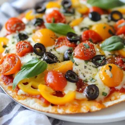 - 2 large flour tortillas - 1 cup marinara sauce - 1 ½ cups shredded mozzarella cheese To make a delicious Minute Tortilla Pizza, you need just a few key items. First, grab your tortillas. They act as the crust. Next, have your marinara sauce ready. This adds a rich flavor to your pizza. Lastly, mozzarella cheese is a must. It melts beautifully and gives that gooey texture we all love. - ½ cup cherry tomatoes, halved - ½ cup bell peppers, diced - ¼ cup black olives, sliced Now, let's talk toppings. You can add cherry tomatoes for a pop of color. They also bring a fresh taste. Bell peppers are great too. Dice them up and sprinkle on top. Black olives add a salty kick. Feel free to mix and match these toppings to suit your taste. - 1 teaspoon dried oregano - 1 teaspoon garlic powder - Fresh basil for garnish (optional) Seasoning makes your pizza special. Dried oregano brings a classic Italian flavor. Garlic powder adds depth and aroma. If you want to impress, fresh basil is a nice finish. It adds a burst of freshness. Just sprinkle it on after baking for a delightful touch. {{ingredient_image_1}} - Preheating to the Correct Temperature First, turn your oven to 400°F (200°C). This heat makes the tortillas crispy and the cheese gooey. - Lining with Parchment Paper Next, grab a baking sheet and line it with parchment paper. This step helps keep the pizzas from sticking. - Brushing Olive Oil for Crispiness Take a brush and dip it in olive oil. Lightly coat each tortilla. This makes them crisp and golden. - Spreading Marinara Sauce Use half of the marinara sauce on each tortilla. Spread it evenly, but leave a little space at the edges. - Layering Cheese and Toppings Now, sprinkle half of the mozzarella cheese on top of each tortilla. Then add your toppings: halved cherry tomatoes, diced bell peppers, and sliced black olives. - Cooking Time and Temperature Place the baking sheet in the oven. Bake for 10-12 minutes. Keep an eye on them as they cook. - How to Check for Doneness Look for melted cheese and golden brown edges. When you see that, they are ready to come out. - Best Practices for Seasoning Start with a good base. Use marinara sauce as your foundation. Add dried oregano and garlic powder for depth. These spices make your flavors pop. You can also try a sprinkle of chili flakes for heat. - Suggested Flavor Combinations Mix different toppings for variety. Try adding spinach and feta for a fresh twist. Or go classic with pepperoni and mushrooms. You can even experiment with barbecue sauce instead of marinara. - Techniques for Crispier Tortillas Brush a light layer of olive oil on your tortillas. This step helps them crisp up nicely. Bake them on parchment paper to avoid sticking. This ensures even cooking and easy cleanup. - Recommended Baking Tips Preheat your oven to 400°F (200°C) for best results. Bake until the edges are golden brown. Keep an eye on your pizzas to avoid burning. They should take about 10-12 minutes. - Ideal Pairings and Dips Serve your tortilla pizzas with a side of marinara for dipping. A simple salad can balance the meal. You might also enjoy a creamy ranch dressing as a dip. - Presentation Ideas Slice your pizzas into wedges for easy sharing. Garnish with fresh basil for a pop of color. Arrange them on a colorful plate to impress your guests. Pro Tips Use Corn Tortillas for a Gluten-Free Option: Swap out flour tortillas for corn tortillas to make this pizza gluten-free while still enjoying a deliciously crispy base. Experiment with Toppings: Feel free to customize your pizza with your favorite toppings, such as pepperoni, spinach, or artichokes for a personal touch. Pre-bake the Tortillas: For extra crunch, pre-bake the tortillas for 3-4 minutes before adding toppings to ensure they don't become soggy. Keep an Eye on the Oven: Ovens can vary in temperature, so watch the pizza closely in the last few minutes to prevent burning. {{image_2}} Adding More Veggies You can easily boost the veggie count on your pizza. Try adding mushrooms, zucchini, or spinach. These veggies bring great flavor and color. They also add nutrients. Just slice them thin and layer them on top of your cheese. Switching Cheeses If you want a different taste, switch the cheese. Try feta for a salty kick or goat cheese for creaminess. You can also mix different cheeses. Use cheddar or pepper jack for a fun twist. Pepperoni and Other Meats Meat lovers will enjoy adding pepperoni or sausage. These meats crisp up nicely when baked. Chop them into small pieces and scatter them on top. Customizing Protein Choices You can use any protein you like. Try grilled chicken, bacon, or even shrimp. This adds protein and makes your pizza more filling. Feel free to get creative with your meat choices. Using Corn Tortillas For a gluten-free option, use corn tortillas. They are sturdy and hold toppings well. They also give a nice flavor. Just bake them the same way as flour tortillas. Other Gluten-Free Bases You can also try using gluten-free pizza bases. They come in many varieties. Look for ones made from almond or chickpea flour. These bases can provide a unique taste. To keep your tortilla pizza fresh, store it in an airtight container. This helps prevent sogginess. Place a piece of parchment paper between layers if stacking. Leftovers can last up to three days in the fridge. After that, they may lose taste and texture. You can reheat your tortilla pizza in several ways: - Oven: Preheat to 350°F (175°C). Bake for 5-7 minutes until hot. - Microwave: Heat on high for 30 seconds to 1 minute, but it may get soggy. - Skillet: Heat on medium for about 3-4 minutes, which keeps it crispy. To keep that delightful crispiness, the oven or skillet method works best. You can freeze your tortilla pizzas for future meals. Here’s how: - Let the pizzas cool completely. - Wrap each pizza tightly in plastic wrap, then in foil. - Place them in a freezer bag for extra protection. When you're ready to eat, thaw in the fridge overnight. Reheat as mentioned above. This way, your pizza retains its taste and texture. Bake your tortilla pizza for about 10-12 minutes at 400°F (200°C). Keep an eye on it. The cheese should melt and bubble, and the edges of the tortillas should turn golden brown. This quick bake gives you a crispy crust and gooey cheese. Yes, you can use different types of tortillas for your pizza. Flour tortillas work great, but corn tortillas are a nice gluten-free option. You can also try whole wheat or spinach tortillas for added flavor and nutrition. Dipping sauces can enhance your tortilla pizza. Here are some ideas: - Marinara sauce for classic flavor - Ranch dressing for a creamy touch - Spicy salsa for a kick - Garlic aioli for something unique To create a healthier tortilla pizza, consider these tips: - Use whole wheat tortillas for added fiber. - Swap regular cheese for a lower-fat option. - Load up on veggies like spinach, mushrooms, and zucchini. - Use homemade marinara sauce to control sugar and salt. You can make a quick and tasty minute tortilla pizza using simple ingredients. Start with tortillas, add marinara sauce and mozzarella cheese. Don't forget optional toppings like cherry tomatoes or olives to boost flavor. Remember to bake for a crispy finish and try different seasoning blends. There are many ways to customize this dish, whether you prefer vegetarian or meaty options. With easy storage and reheating methods, you can enjoy these pizzas anytime. Now, get ready to create your perfect tortilla pizza!