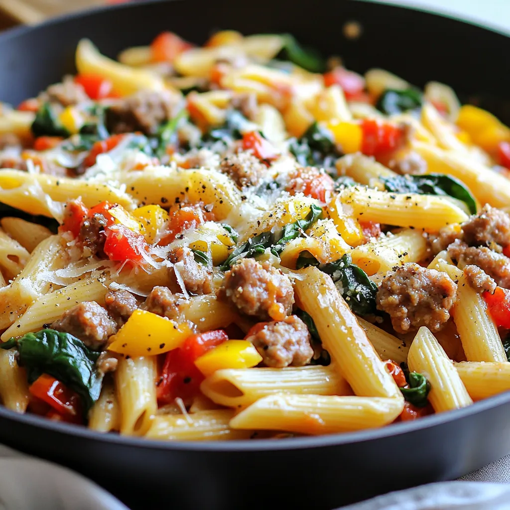 - 12 oz. penne pasta - 1 lb. Italian sausage (mild or spicy) - 1 tablespoon olive oil - 1 onion, chopped - 3 cloves garlic, minced - 1 bell pepper (red or green), diced - 1 can (14 oz.) diced tomatoes (with juices) - 2 cups chicken broth - 1 teaspoon dried Italian herbs (oregano, basil, or thyme) - 1 teaspoon red pepper flakes (adjust for spiciness) - 1 cup spinach, roughly chopped - 1/2 cup grated Parmesan cheese - Salt and pepper to taste - Fresh basil for garnish (optional) Using fresh ingredients makes a big difference. For the sausage, choose a flavor you love. Spicy sausage gives a nice kick, while mild offers a gentler taste. Fresh garlic and onion add depth to the dish. When picking tomatoes, go for high-quality canned ones. They pack flavor and save time. Dried herbs work well, but fresh herbs elevate the taste. Lastly, use fresh spinach for a vibrant color and healthy boost. If you want a lighter option, swap the sausage for turkey or chicken sausage. For a vegetarian twist, use mushrooms or lentils instead of meat. You can also use vegetable broth instead of chicken broth for a plant-based dish. If you don't have penne, any pasta like fusilli or rotini works great. For a dairy-free option, omit the Parmesan or use nutritional yeast for a cheesy flavor. {{ingredient_image_1}} Making One-Skillet Sausage Pasta is easy. You need to gather all your ingredients first. This helps keep things organized. You will cook everything in one skillet, making clean-up simple. Here are the key steps before cooking: - Chop the onion and bell pepper. - Mince the garlic. - Measure out the broth and diced tomatoes. - Gather your spices and cheese. 1. Heat the Skillet: Start by heating the olive oil in a large skillet over medium heat. This takes about one minute. 2. Cook the Veggies: Add the chopped onion and bell pepper. Sauté them for about 5 minutes. You want them soft and fragrant. 3. Brown the Sausage: Push the veggies to the side. Add the Italian sausage to the skillet. Cook for 5 to 7 minutes. Break it into small pieces as it cooks. 4. Add Garlic: Stir in the minced garlic and cook for another 1 to 2 minutes. The garlic should smell great. 5. Combine Ingredients: Now, add the diced tomatoes, chicken broth, dried herbs, and red pepper flakes. Bring this mix to a gentle simmer. 6. Cook the Pasta: Stir in the penne pasta. Make sure it’s under the liquid. Cover the skillet and cook for about 12 to 15 minutes. Stir occasionally until the pasta is al dente. 7. Add Spinach: Mix in the chopped spinach and cook for 2 more minutes. This will wilt the spinach. 8. Finish the Dish: Remove the skillet from heat. Stir in the grated Parmesan cheese. Add salt and pepper to taste. Let it sit for a few minutes to thicken. To help you follow along, I suggest taking pictures at each step. This way, you can see how the dish transforms. You could also record a short video of your cooking process. This makes it fun and helps others learn too. Share your results online! To cook pasta just right, follow these simple steps: - Use a large pot with plenty of water. - Add a pinch of salt to the boiling water. - Stir the pasta often to prevent sticking. - Taste a piece a minute before the time is up. It should be firm but not hard. For this dish, use penne pasta. It holds sauce well and cooks evenly. To make your dish extra tasty, try these tips: - Use fresh garlic instead of minced. It gives a strong flavor. - Add a splash of white wine when cooking the sausage. This adds depth. - Top with fresh basil and extra Parmesan cheese before serving. You can also mix in your favorite vegetables, like zucchini or mushrooms, for added flavor. Sometimes things don't go as planned. Here are quick fixes: - If the pasta is too dry, add more chicken broth. Stir well. - If it's too soggy, remove the lid and let it cook longer. - For a spicier kick, add more red pepper flakes slowly. These tips will help you fix small problems and keep your dish delicious. Pro Tips Fresh Ingredients: Using fresh vegetables and herbs can significantly enhance the flavor of your dish. Opt for fresh garlic, spinach, and basil when possible. Adjusting Spice Level: If you're not sure about the spiciness, start with less red pepper flakes. You can always add more later to suit your taste. One-Pot Cooking: This recipe is designed to be made in one skillet, which makes cleanup easier. Just ensure you stir occasionally to prevent sticking. Perfect Pasta: To achieve al dente pasta, taste it a minute or two before the recommended time. It should be firm but not hard. {{image_2}} You can make this dish lighter with easy swaps. Use whole grain penne for more fiber. Swap the Italian sausage for turkey or chicken sausage. You can also use low-sodium chicken broth to cut salt. Fresh spinach adds vitamins, but you can use kale instead for a deeper flavor. For a meatless version, skip the sausage entirely. Try adding more veggies like mushrooms, zucchini, or eggplant. You can use a plant-based sausage for a similar taste. Toss in extra garlic and herbs to boost flavor. Use vegetable broth instead of chicken broth for depth. If you want to change up the protein, shrimp or chicken work well. Cook shrimp until pink, then add them in the last few minutes. For chicken, cube and sauté it until cooked through. Adjust cooking time based on your protein choice. Both options give a fresh twist to the dish. Store your One-Skillet Sausage Pasta in an airtight container. Let it cool to room temperature first. Then, place it in the fridge. It will stay fresh for up to three days. Make sure to label the container with the date. This way, you won’t forget when you made it. Reheat your pasta on the stove for the best taste. Add a splash of chicken broth or water. This helps to keep it moist. Heat over medium heat, stirring often. You can also use a microwave. Place it in a microwave-safe bowl and cover it with a lid. Heat in short bursts, stirring in between. This keeps it from drying out. You can freeze One-Skillet Sausage Pasta too! Portion it into freezer-safe bags or containers. Remove as much air as possible. Label the bags with the date. When you want to eat it, thaw it overnight in the fridge. Reheat as described above. It can last in the freezer for up to three months. Enjoy your easy dinner later! You can use ground turkey or chicken instead of sausage. For a plant-based option, try lentils or a meat substitute like tempeh. These options give you a similar texture and flavor. Just season them well with herbs and spices to keep the dish tasty. Yes, you can use any pasta you like. Bow tie, rotini, or macaroni work great here. Just remember to adjust cooking times based on the pasta shape. Make sure the pasta cooks until it is tender but still firm. One-Skillet Sausage Pasta lasts about 3 to 4 days in the fridge. Store it in an airtight container for best results. When you're ready to eat, simply reheat it on the stove or in the microwave until warm. Enjoy it again! In this post, I outlined key ingredients and provided cooking steps for your pasta dish. I shared tips to enhance flavor and offered easy substitutions. You learned how to store leftovers and reheat them properly. My final thought is that cooking pasta can be simple and fun. With the right ingredients and a few tricks, you can enjoy a tasty meal any day. Enjoy experimenting and making this dish your own!