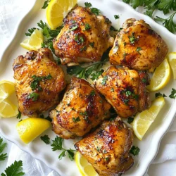 - 4 bone-in, skin-on chicken thighs - 1/4 cup olive oil - 4 cloves garlic, minced - Juice and zest of 2 lemons - 2 teaspoons dried oregano - 1 teaspoon dried thyme - Salt and pepper to taste - 1/2 cup chicken broth (low sodium) - Fresh parsley, chopped, for garnish - Lemon wedges, for serving The chicken thighs bring rich flavor and stay juicy during cooking. I love using bone-in, skin-on thighs because they add depth to the dish. Olive oil is important too; it keeps the chicken moist and adds a nice taste. Garlic is a must for a punch of flavor. It pairs well with the lemon juice and zest, which gives a fresh and bright touch. Oregano and thyme are classic herbs in Greek cooking. They add warmth and a hint of earthiness. The chicken broth helps keep the chicken tender while it roasts. Lastly, fresh parsley is not just for looks; it adds a burst of color and freshness when you serve. You might want to add some red pepper flakes for heat. A pinch goes a long way! If you love olives, toss some in before serving. They give a nice briny flavor that works perfectly with the chicken. For a sweeter touch, try adding honey to the marinade. It balances the lemon's tartness nicely. {{ingredient_image_1}} To start, gather your ingredients. You need olive oil, garlic, lemons, oregano, thyme, salt, and pepper. In a large bowl, mix together 1/4 cup of olive oil, 4 minced garlic cloves, the juice and zest of 2 lemons, 2 teaspoons of oregano, 1 teaspoon of thyme, and salt and pepper. This mix creates a bright, zesty marinade that gives the chicken flavor. Now, take 4 bone-in, skin-on chicken thighs and add them to the marinade. Make sure each piece gets coated well. Cover the bowl with plastic wrap and place it in the fridge. Let the chicken marinate for at least 30 minutes. For the best taste, marinate for 2 hours. This allows the flavors to soak in deeply. First, preheat your oven to 400°F (200°C). While it heats, take a large oven-safe skillet and add a little olive oil over medium-high heat. Once it’s hot, add the chicken thighs, skin-side down. Sear them for about 4-5 minutes until the skin turns golden brown. Next, carefully flip the chicken thighs over. Pour in 1/2 cup of low-sodium chicken broth. Then, move the skillet to the oven. Roast the chicken for 25-30 minutes. Check that it reaches an internal temperature of 165°F (74°C). Once done, take the skillet out and let the chicken rest for 5 minutes. Garnish with fresh parsley and serve with lemon wedges for an added burst of flavor. Enjoy your delicious meal! For the best flavor, marinate your chicken thighs for at least 30 minutes. However, I suggest letting them soak for 2 hours. This extra time allows the garlic and lemon to work their magic. The longer the chicken marinates, the more tasty it becomes. To get that perfect crispy skin, start by searing the chicken thighs skin-side down. Heat some olive oil in your skillet until it’s hot. Cook for about 4-5 minutes until the skin is golden and crispy. After flipping, pour in chicken broth, which keeps the meat juicy. The oven will finish cooking while keeping the skin nice and crisp. Serve your chicken thighs on a large platter for a beautiful presentation. Add lemon wedges around the chicken. Fresh parsley adds a pop of color. Pair the dish with roasted vegetables or a Greek salad. These sides complement the flavors and make it a complete meal. Enjoy every bite! Pro Tips Marinate Longer for More Flavor: Allowing the chicken to marinate for at least 2 hours, or even overnight, enhances the flavors and tenderness of the meat. Searing is Key: Searing the chicken thighs skin-side down before baking creates a crispy skin and locks in moisture for a juicier result. Use a Meat Thermometer: To ensure perfectly cooked chicken, use a meat thermometer to check that the internal temperature reaches 165°F (74°C). Save the Pan Juices: After roasting, use the pan juices to create a delicious sauce by simmering with a splash of white wine or additional broth. {{image_2}} You can change the herbs for fun and new tastes. Try fresh rosemary or dill for a twist. Both add a nice flavor. You can also use basil for a sweet touch. Mix and match to find your favorite. You don't have to roast the chicken in the oven. You can grill it for a smoky flavor. Just marinate as usual, then cook on medium heat until done. A slow cooker works well, too. Cook on low for several hours until the chicken is tender and juicy. Adding veggies gives more color and nutrition. Try sliced bell peppers, zucchini, or cherry tomatoes. Toss them into the skillet with the chicken. They will soak up the delicious flavors. You can also roast some potatoes on the side for a full meal. To keep your Greek lemon chicken thighs fresh, let them cool first. Place the chicken in an airtight container. This helps maintain flavor and moisture. Store the container in the fridge. It will stay good for up to three days. When you're ready to eat, reheat the chicken in the oven. Set it to 350°F (175°C). Cover the chicken with foil to keep it moist. Heat for about 20 minutes or until it’s warm inside. You can also use a microwave. Just heat in short bursts, checking often to avoid overcooking. For longer storage, you can freeze the chicken. Wrap each piece tightly in plastic wrap or foil. Place them in a freezer bag, removing as much air as possible. This method helps prevent freezer burn. They will last in the freezer for up to three months. When ready to enjoy, thaw in the fridge overnight and reheat as needed. Yes, you can use boneless chicken thighs. They cook faster than bone-in thighs. Just make sure to adjust the cooking time. Cook them for about 20-25 minutes in the oven. Check that the internal temperature reaches 165°F (74°C). Boneless thighs absorb the marinade well, giving great flavor. Many sides work well with Greek Lemon Chicken Thighs. Here are some ideas: - Roasted vegetables: Carrots, zucchini, and bell peppers add color and taste. - Greek salad: Crisp cucumbers, tomatoes, and feta cheese balance the dish. - Rice: Lemon rice or herbed rice complements the chicken. - Pita bread: Soft pita is perfect for dipping in any juices. These sides enhance the flavors and make a complete meal. To make this recipe low-carb, focus on sides and sauces. Here are some tips: - Skip starchy sides: Avoid rice, bread, or potatoes. - Choose low-carb vegetables: Serve with steamed broccoli or sautéed spinach. - Use cauliflower rice: It mimics rice but has fewer carbs. - Limit high-carb sauces: Stick to fresh herbs and lemon juice for flavor. These changes keep the dish tasty and friendly for low-carb diets. This article covered the key steps for making Greek lemon chicken thighs. We talked about the right ingredients, marinade prep, and cooking methods to ensure great flavor. Remember the tips for crispy skin and how to store leftovers. You can also explore variations to suit your taste. As you try this recipe, enjoy crafting your own delicious meals while discovering what works best for you. Cooking should be fun, and this dish can be your starting point!