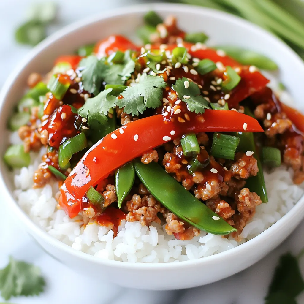 The Firecracker Ground Chicken Bowl is simple to make with fresh and tasty ingredients. Here’s what you need: - 1 pound ground chicken - 2 tablespoons soy sauce - 1 tablespoon hoisin sauce - 1 tablespoon Sriracha (adjust to taste) - 1 teaspoon sesame oil - 1 red bell pepper, diced - 1 cup snap peas, trimmed - 3 green onions, chopped (white and green parts separated) - 1 clove garlic, minced - 1 tablespoon fresh ginger, minced - 1 cup cooked jasmine rice or quinoa - 2 tablespoons sesame seeds - Fresh cilantro for garnish (optional) - Salt and pepper to taste Each ingredient plays a key role. Ground chicken gives protein and flavor. Soy sauce and hoisin sauce add depth and sweetness. Sriracha brings heat; you can adjust it based on your spice preference. The vegetables add color and crunch. Red bell pepper and snap peas provide vitamins. Green onions add a mild bite. Garlic and ginger give a fresh aroma that wakes up the dish. You can serve the chicken over cooked jasmine rice or quinoa. Both options soak up the sauce well. Lastly, the sesame seeds and cilantro make the dish pop with texture and freshness. Make sure to gather all these ingredients before you start cooking. They make the Firecracker Ground Chicken Bowl a delightful meal! {{ingredient_image_1}} To make the Firecracker Ground Chicken Bowl, gather your ingredients first. You will need: - 1 pound ground chicken - 2 tablespoons soy sauce - 1 tablespoon hoisin sauce - 1 tablespoon Sriracha (adjust to taste) - 1 teaspoon sesame oil - 1 red bell pepper, diced - 1 cup snap peas, trimmed - 3 green onions, chopped (white and green parts separated) - 1 clove garlic, minced - 1 tablespoon fresh ginger, minced - 1 cup cooked jasmine rice or quinoa - 2 tablespoons sesame seeds - Fresh cilantro for garnish (optional) - Salt and pepper to taste Make sure you have a large skillet or wok for cooking. 1. Heat the sesame oil in the skillet over medium-high heat. 2. Add the minced garlic and ginger. Sauté for about 30 seconds until you smell the aroma. 3. Move the garlic and ginger to one side of the skillet. Add the ground chicken. Cook it for about 5-7 minutes. Break it apart with a spatula until it’s browned and cooked through. 4. Stir in the diced red bell pepper and snap peas. Cook for another 3-4 minutes. The veggies should be tender but still crisp. 5. In a small bowl, mix soy sauce, hoisin sauce, and Sriracha. Pour this sauce over the chicken and veggies. Stir well to coat everything. Cook for another 2-3 minutes to heat through. 6. Add the white parts of the chopped green onions. Season with salt and pepper to your taste. To serve, place a scoop of jasmine rice or quinoa in a bowl. Top it with the firecracker ground chicken mixture. Garnish with the green parts of the green onions, sesame seeds, and fresh cilantro if you like. Enjoy the flavors! To get the best flavor, use fresh ginger and garlic. These two ingredients make a big difference. The sesame oil adds depth. It gives a nutty taste that blends well with the sauces. Use a balance of soy and hoisin sauce. This mix adds sweetness and salt. Adjust the Sriracha for your spice level. More Sriracha means more heat. Cook ground chicken over medium-high heat. This keeps it juicy and prevents it from drying out. Use a spatula to break it up while cooking. Make sure to brown it evenly for better flavor. If you see any pink, cook it a while longer. It should look golden and cooked through. For the best texture, add veggies at the right time. Start with garlic and ginger, then add the ground chicken. After the chicken is browned, add red bell pepper and snap peas. Cook these for just 3-4 minutes. You want them tender but still crisp. This keeps the bright colors and fresh flavors. Pro Tips Adjust the Heat: If you prefer a milder dish, reduce the Sriracha. Alternatively, add more for an extra kick! Veggie Variations: Feel free to swap snap peas and bell peppers for your favorite vegetables, like broccoli or zucchini, to customize the bowl. Meal Prep Friendly: This recipe is perfect for meal prepping! Make a double batch and store in the fridge for easy lunches all week. Garnish for Flavor: Fresh cilantro and sesame seeds not only add visual appeal but also enhance the flavor of the dish. {{image_2}} If you want a veggie version, use plant-based meat. You can try crumbled tofu or tempeh. Both options will soak up flavors well. Another choice is lentils; they add texture and protein. You can also use chickpeas for a different taste and bite. Just cook them until warm, then mix them with the sauce. While jasmine rice is great, you can switch it up. Quinoa is a healthy choice. It adds a nutty flavor and is packed with protein. Brown rice can also work well; it has a hearty texture. For a low-carb option, try cauliflower rice. It soaks up sauce nicely and keeps the dish light. Not everyone loves heat, and that’s okay! You can reduce the Sriracha. Start with half a tablespoon and taste as you go. For a milder flavor, add more hoisin sauce or soy sauce. If you want a sweet touch, mix in honey or brown sugar. This will balance the heat and make it tasty for everyone. To keep your firecracker ground chicken bowl fresh, let it cool first. Place leftovers in a container. Seal it tightly to keep out air. Store it in the fridge for up to three days. You can also separate the chicken from the rice for better storage. When you're ready to enjoy your leftovers, heat them on the stove or in the microwave. If using a stove, add a splash of water to prevent drying. Heat it on low until warm. For the microwave, cover the bowl with a lid or microwave-safe wrap. Heat for about 1-2 minutes, stirring halfway through. If you want to save your firecracker ground chicken bowl for later, freezing works great. Use an airtight container or freezer bag. Remove as much air as possible before sealing. It can last up to three months in the freezer. When you're ready to eat it, thaw in the fridge overnight before reheating. You can use ground turkey or lean ground beef as a substitute. Both options work well. If you want a plant-based choice, try crumbled tofu or lentils. They add protein and flavor. Each option will change the taste and texture a bit. Yes, you can make this dish ahead of time. Cook and cool the chicken mixture. Store it in an airtight container in the fridge. It will last for up to three days. When you are ready to eat, just reheat it on the stove or in the microwave. Prepare the rice or quinoa fresh for best results. To reduce the spice, use less Sriracha in the sauce. You can also add more soy sauce and hoisin sauce to balance the heat. Mixing in some extra vegetables can help, too. Add more snap peas or bell peppers for a milder taste. Enjoy your meal without the burn! This blog post covered key ingredients, cooking steps, and helpful tips for creating a delicious meal. You learned about ground chicken, sauces, and the best vegetables to use. We explored cooking tricks for great flavor and offered variations for every taste. Additionally, I shared storage tips to keep leftovers fresh. In the end, cooking should be fun and flexible. Feel free to experiment and make it your own. Enjoy your next meal!