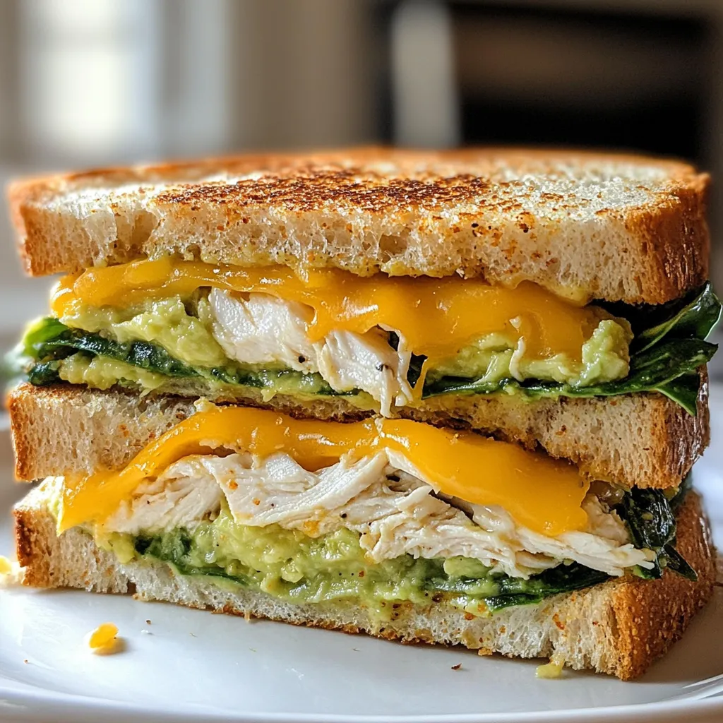 To make a delicious Chicken Avocado Melt Sandwich, gather these items: - 2 cups cooked chicken breast, shredded - 1 ripe avocado, mashed - 1/2 cup Greek yogurt - 1 tablespoon Dijon mustard - 1 teaspoon garlic powder - Salt and pepper to taste - 4 slices whole grain bread - 1 cup shredded cheddar cheese - 1/2 cup fresh spinach leaves - Olive oil or butter for grilling You can swap some ingredients if needed: - Use plain yogurt instead of Greek yogurt for a lighter option. - Try regular mustard if you don't have Dijon. - Substitute chicken with canned tuna for a quick fix. - Use any cheese, like mozzarella or pepper jack, if cheddar is not available. Add some fun to your sandwich with these toppings: - Fresh tomato slices for a juicy bite. - Pickles for a tangy crunch. - Sliced jalapeños for a spicy kick. - Sprinkle some fresh herbs, like cilantro or parsley, for added flavor. - Serve with sweet potato fries or a light salad on the side for a complete meal. {{ingredient_image_1}} To start, gather your ingredients. You will need cooked chicken, a ripe avocado, Greek yogurt, Dijon mustard, garlic powder, salt, and pepper. In a large bowl, mix the shredded chicken and mashed avocado. Add the Greek yogurt for creaminess. Then, stir in the Dijon mustard and garlic powder. Season with salt and pepper to taste. Make sure everything blends well into a smooth mixture. This tasty filling will be the heart of your sandwich. Now it is time to build your sandwich. Take two slices of whole grain bread. Spread a generous amount of the chicken-avocado mixture on each slice. Next, add a handful of fresh spinach leaves on top. This will give your sandwich a nice crunch. Sprinkle a quarter of the shredded cheddar cheese over the spinach. Finally, place the other two slices of bread on top to form your sandwiches. Heat a skillet over medium heat. Drizzle some olive oil or add a small pat of butter to the pan. Place your sandwiches in the skillet carefully. Grill them for about 4-5 minutes on each side. You want them to be golden brown. Check that the cheese melts well inside. Once done, remove the sandwiches and cut them in half. Serve warm for the best taste! When picking an avocado, feel for ripeness. A good avocado yields slightly to gentle pressure. Look for a dark green or black skin. Avoid hard avocados; they are not ripe. Also, check for brown spots, which can mean bad spots inside. If you find a perfect avocado, use it soon. Ripe avocados can go bad quickly. For grilling, choose sturdy bread. Whole grain bread works well because it holds the filling. Sourdough or ciabatta also adds nice flavor. Avoid thin bread, as it may fall apart. Always make sure your bread is fresh. Fresh bread will give you the best crunch when grilled. Seasoning makes your sandwich pop. Use salt and pepper to taste for the best flavor. Garlic powder adds a nice kick. You can also try cayenne pepper for heat. If you want more zest, add lemon juice to the avocado. This keeps it fresh and brightens the flavors. Always taste as you go, and adjust to your liking. Pro Tips Use Fresh Ingredients: Always opt for fresh spinach and ripe avocados to enhance the flavor and texture of your sandwich. Customize the Cheese: Try using different types of cheese like pepper jack or mozzarella for a unique flavor twist. Grill to Perfection: Ensure your skillet is properly heated before grilling the sandwiches to achieve a crispy, golden-brown exterior. Spread the Love: Don't be shy with the chicken-avocado mixture; a generous amount makes for a more satisfying sandwich! {{image_2}} You can switch the chicken for turkey. Use shredded turkey breast for a tasty twist. If you want a meat-free option, try tofu. Press firm tofu to remove water. Then, cube it and sauté until golden. Both options keep the sandwich flavorful and fun. For a pure vegetarian treat, skip the chicken. Instead, add roasted veggies like zucchini or bell peppers. You can also use chickpeas for protein. Mash them with avocado and Greek yogurt. This mix is creamy and satisfying, perfect for anyone avoiding meat. Spice up your melt with different flavors. Add smoked paprika for a smoky kick. Or try cumin for warmth. To enhance the taste, drizzle sriracha or pesto inside the sandwich. You can even swap the Dijon mustard for spicy mustard for extra zing. Each change makes your sandwich unique! To keep your Chicken Avocado Melt Sandwich fresh, wrap it tightly. Use plastic wrap or a container with a lid. This helps prevent drying out. Store the sandwich in the fridge for up to three days. If you have extra filling, store it separately in an airtight container. When you're ready to enjoy your leftovers, reheat them gently. Use a skillet over low heat. This warms the sandwich without burning it. Flip it carefully to heat both sides evenly. You can also use a microwave, but be aware that the bread may become soft. Freezing is great for meal prep. Wrap each sandwich tightly in plastic wrap. Then place them in a freezer-safe bag. This keeps air out and prevents freezer burn. You can freeze the sandwiches for up to three months. To eat, let them thaw in the fridge overnight before reheating. Yes, you can make the chicken avocado mixture ahead of time. Store it in a sealed container. It will stay fresh in the fridge for up to 2 days. When you’re ready to eat, just grill the sandwiches. This saves time on busy days. This sandwich goes great with: - Sweet potato fries - A light salad - Fresh fruit - Crispy chips Each adds a nice touch to your meal. You can also serve it with a dipping sauce. Try ranch or a zesty aioli for extra flavor. Absolutely! Use lettuce wraps instead of bread. This keeps the tasty filling but cuts down on carbs. You can also use low-carb bread. There are many options available in stores today. Enjoy your melt without worry! We covered how to make the Chicken Avocado Melt Sandwich, from ingredients to tips. You learned about swaps, toppings, and how to store leftovers. This dish is flexible, allowing for different proteins and flavors. Whether you enjoy it fresh or as meal prep, it’s tasty and easy. Now, grab your ingredients and get cooking. Enjoy your delicious sandwiches!