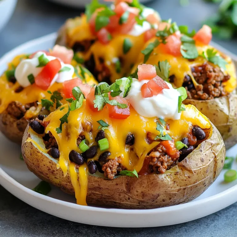 - 4 large russet potatoes - 1 lb ground beef (or turkey) - 1 packet taco seasoning - 1 cup black beans (drained and rinsed) - 1 cup corn kernels (fresh or canned) - 1 cup shredded cheddar cheese - 1 cup sour cream - 1 medium tomato (diced) - 1/4 cup green onions (finely chopped) - 1/4 cup fresh cilantro (chopped) - Salt and pepper to taste - Olive oil for brushing Gathering the right ingredients is key for Cheesy Taco Potatoes. Start with russet potatoes. They have the perfect texture for baking. You need four large ones to make sure everyone gets a hearty serving. Next, choose between ground beef or turkey. Both work well with taco seasoning. The taco seasoning adds a burst of flavor. One packet is all you need. Don't forget the black beans. They add protein and fiber. Rinse and drain one cup before using. Corn kernels bring sweetness and crunch. You can use fresh corn or canned. Cheddar cheese is essential for that gooey, cheesy topping. You want one cup of shredded cheese. Sour cream brings creaminess and balances the spice. For a fresh touch, add diced tomatoes, green onions, and cilantro. They add color and flavor to your dish. Lastly, season with salt and pepper. A light brush of olive oil on the potatoes helps them bake perfectly. With these ingredients ready, you can create a flavorful and filling meal. {{ingredient_image_1}} - Preheat oven to 400°F (200°C). - Wash and scrub the russet potatoes. - Pierce each potato several times with a fork. - Brush potatoes lightly with olive oil. - Sprinkle salt over the potatoes for flavor. - Place the potatoes directly on the oven rack or on a baking tray. - Bake for about 45–60 minutes. - Check if they are tender by piercing with a fork. - Heat a skillet over medium-high heat. - Add ground beef and taco seasoning to the skillet. - Cook until the beef is browned, about 5–7 minutes. - Stir in black beans and corn, heat until warm. - Season the mixture with salt and pepper to taste. - Once baked, remove potatoes from the oven. - Let them cool slightly before handling. - Cut each potato lengthwise to create a pocket. - Use a fork to fluff the insides of the potatoes. - Fill each potato generously with the taco meat mixture. - Top with shredded cheddar cheese. - Return to the oven for 5–10 minutes until the cheese melts. - Remove and drizzle with sour cream, then add toppings like diced tomatoes, green onions, and cilantro. How to know when potatoes are done To check if your potatoes are ready, poke them with a fork. If the fork goes in easily, they are done. It usually takes 45–60 minutes at 400°F. You can also squeeze the potato gently; it should feel soft. Best practices for filling the potatoes After baking, cut the potatoes lengthwise. Use a fork to fluff the insides, making space for the filling. Be generous with the taco meat mix. It helps if you slightly mash the insides for a creamy texture. Presentation ideas for serving Serve your Cheesy Taco Potatoes on a large platter. Line the platter with fresh lettuce leaves. This adds color and a crisp touch. You can also place lime wedges around for zest. Garnishing options for added flavor Finish with a drizzle of sour cream on top. Add fresh diced tomatoes, green onions, and cilantro. These toppings bring freshness and a pop of color. A sprinkle of cheese on top makes it even better! Recommended side dishes Pair your Cheesy Taco Potatoes with a simple salad. A side of Mexican rice also works well. You can serve some chips and salsa for extra crunch. Beverage pairings to complement the meal Enjoy your potatoes with iced tea or lemonade. A light beer or a margarita can also enhance the meal. Choose what you love for a fun dining experience! Pro Tips Choose the Right Potatoes: For the best texture, opt for russet potatoes as they are fluffy and ideal for baking. Customize Your Filling: Feel free to add other ingredients like jalapeños or avocado for extra flavor and texture. Let Them Cool: After baking, let the potatoes cool for a few minutes before cutting to prevent burns and make handling easier. Make Ahead: You can prepare the filling in advance and store it in the fridge, making assembly quick and easy at mealtime. {{image_2}} You can swap the ground beef for other meats. Ground turkey or chicken works well. If you prefer plants, try lentils or crumbled tofu. For cheese, cheddar is great, but Monterey Jack adds a nice touch. Pepper Jack boosts the heat, so choose what you love. Spices can elevate your taco potatoes. Add cumin for warmth or chili powder for kick. Chopped bell peppers add sweetness while jalapeños bring the heat. These little tweaks can make a big difference. Think about what flavors you enjoy. To make this dish vegetarian, skip the meat. Use beans, lentils, or veggies to fill the potatoes. For a vegan option, replace sour cream with dairy-free yogurt. If you're watching carbs, try using cauliflower or zucchini instead of potatoes. You can still enjoy all that cheesy goodness! To store leftover Cheesy Taco Potatoes, let them cool first. Place them in an airtight container. This keeps the potatoes fresh. You can also wrap them in plastic wrap. Make sure they are sealed tight to prevent air from getting in. For best results, store them in the fridge. For reheating, the oven works best. Heat your oven to 350°F (175°C). Place the potatoes on a baking sheet. Cover them with foil to keep them moist. Bake for about 15-20 minutes, or until heated through. You can also use a microwave. Just put them on a microwave-safe plate. Heat for 1-2 minutes, checking to avoid overheating. Yes, you can freeze Cheesy Taco Potatoes. Start by letting them cool completely. This helps prevent ice crystals. Wrap each potato in plastic wrap, then in aluminum foil. This double layer protects them from freezer burn. Place the wrapped potatoes in a freezer bag. Squeeze out extra air before sealing. To thaw, place the potatoes in the fridge overnight. This keeps them safe. You can also use the microwave. Set it to defrost mode and check often. Once thawed, reheat as mentioned above for the best taste. Cheesy Taco Potatoes last about 3-5 days in the refrigerator. Store them in an airtight container. If you notice any mold, throw them away. Signs that the dish has gone bad include a sour smell or a change in color. If the potatoes feel mushy or slimy, do not eat them. Always trust your senses to keep meals safe and tasty. What can I use instead of sour cream? You can use Greek yogurt for a similar taste. It adds creaminess and tang. Another option is cottage cheese. Just blend it until smooth for a nice texture. Can I prepare this recipe in advance? Yes, you can. Bake the potatoes and prepare the taco mix ahead of time. Store them separately in the fridge. When ready, stuff the potatoes and bake to heat through. What do I do if the potatoes are hard after baking? If potatoes are hard, they may need more time. Bake them longer until they are soft when pierced. You can wrap them in foil to help cook them evenly. How to avoid soggy potatoes? To avoid soggy potatoes, make sure to pierce them before baking. This allows steam to escape. Also, avoid adding too much liquid to the filling. Can I make this recipe spicy? Yes! You can add diced jalapeños or a pinch of cayenne pepper to the meat mix. This will give it a nice kick that spicy food lovers will enjoy. What are some kid-friendly adaptations? For kids, you can leave out the spices or use mild taco seasoning. You can also add more cheese and omit the green onions or cilantro if they prefer simpler flavors. Cheesy Taco Potatoes are a fun and tasty dish that combines flavor and comfort. You gather simple ingredients like potatoes, meat, and cheese. I shared steps to prepare, bake, and serve them perfectly. Remember, you can swap ingredients for personal taste or dietary needs. These potatoes can be stored and even frozen for later meals. Enjoy making and sharing this dish with friends and family! You will impress everyone with your tasty creation.