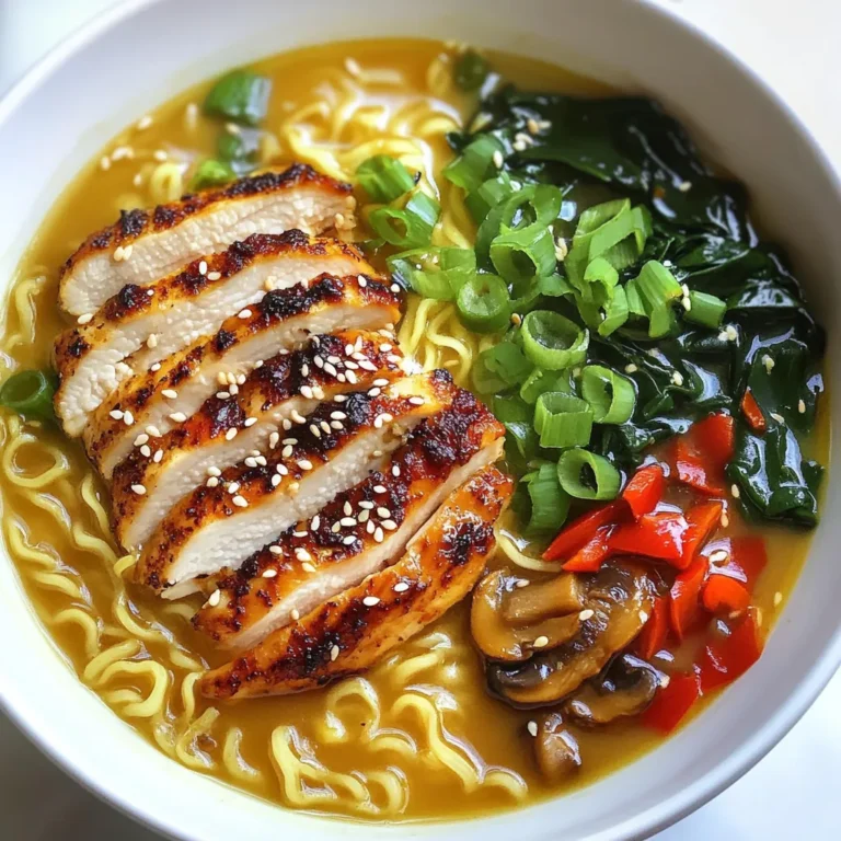- 2 boneless, skinless chicken breasts - 4 cups chicken broth - 2 packs of instant ramen noodles (discard seasoning packets) - 3 cloves garlic, minced - 1 inch piece of fresh ginger, grated - 1 cup sliced shiitake mushrooms - 1 bell pepper, sliced (red or yellow) - 2 cups baby spinach - 1 tablespoon soy sauce - 1 tablespoon sesame oil - 2 green onions, chopped (for garnish) - 1 tablespoon sesame seeds (for garnish) - Salt and pepper to taste This ramen recipe starts with key ingredients. First, boneless, skinless chicken breasts add protein and flavor. Chicken broth creates a rich base for the soup. Instant ramen noodles give quick satisfaction. Next, we have the aromatics and vegetables. Garlic and ginger bring warmth and depth. Shiitake mushrooms add a nice texture. The bell pepper gives sweetness and color. Baby spinach wilts down for extra nutrition. Finally, sauces and garnishes enhance the dish. Soy sauce adds umami, while sesame oil gives a nutty touch. Green onions and sesame seeds add fresh crunch. Salt and pepper bring all the flavors together. Gather your ingredients, and let’s get cooking! {{ingredient_image_1}} Start by heating olive oil in a large pot over medium heat. Season the chicken breasts with salt and pepper. Place them in the hot pot and sear for about 5-7 minutes on each side. You want a nice golden brown color. Once cooked, remove the chicken and let it rest on a cutting board. Resting allows the juices to stay inside, making the chicken tender. In the same pot, add minced garlic, grated ginger, and sliced shiitake mushrooms. These ingredients add great flavor. Sauté them for about 3-4 minutes. The mushrooms should be tender and fragrant. This step is key for building a rich taste in your ramen. Next, pour in the chicken broth and bring it to a simmer. Add the sliced bell pepper and soy sauce. Cook for about 5 minutes. This timing helps the flavors meld together, creating a savory broth that is full of depth. Now it's time to add the ramen noodles. Follow the package instructions, usually around 3-4 minutes. During the last minute, stir in the baby spinach. This wilts the spinach, adding color and nutrients to your dish. While the ramen cooks, take the rested chicken breasts and slice them into even strips. This ensures each bowl has a good amount of chicken. Use a sharp knife for clean cuts. Once the noodles are cooked, add the sesame oil to the pot. Stir gently to mix everything. Taste the broth and adjust seasoning with salt and pepper if needed. For serving, divide the ramen and broth into deep bowls. Top each bowl with the sliced chicken. Garnish with chopped green onions and sesame seeds for a beautiful finish. Enjoy your Marry Me Chicken Ramen! - Use fresh herbs like basil or cilantro for a burst of flavor. - A splash of lime juice brightens the dish. - Choose low-sodium chicken broth for better control over salt. - To prevent overcooked chicken, check for an internal temperature of 165°F. - Cook the chicken just until golden, then let it rest before slicing. - For perfectly cooked noodles, follow the package time closely and stir gently. - Swap green onions for cilantro or basil for a fresh twist. - Add a soft-boiled egg for richness and texture. - Serve with lime wedges for a zesty kick. Pro Tips Marinate the Chicken: For extra flavor, marinate the chicken breasts in soy sauce and sesame oil for at least 30 minutes before cooking. Use Fresh Ingredients: Fresh garlic, ginger, and vegetables will enhance the overall taste of the ramen. Try to avoid using pre-minced or frozen options. Customize Your Veggies: Feel free to add or substitute with other vegetables like bok choy, carrots, or snap peas based on your preference or seasonal availability. Garnish Creatively: Adding a soft-boiled egg, chili flakes, or a drizzle of chili oil can elevate the dish and add extra depth to the flavors. {{image_2}} You can change proteins in Marry Me Chicken Ramen. Tofu works well for a vegetarian touch. Shrimp also adds a nice flavor. Both options keep the dish tasty. For veggies, feel free to swap bell peppers. Carrots or zucchini add color and crunch. You can even use kale instead of spinach for a different twist. If you need gluten-free ramen, look for rice noodles. They cook quickly and taste great in broth. You can also use gluten-free soy sauce to keep it safe. For a healthier broth, choose low-sodium options. This helps control salt while keeping flavor. You still get all the good tastes without extra sodium. Want some heat? Add chili flakes or sriracha. A little goes a long way in this dish. Spice can make the meal more exciting and flavorful. Try adding ginger or garlic powder for more depth. You can also add a dash of hot sauce when serving. This enhances the dish and gives it a fresh kick. To store your Marry Me Chicken Ramen, follow these steps: - Let the ramen cool down to room temperature. - Place leftovers in an airtight container. - Keep in the fridge for up to three days. This method helps keep the flavors fresh. For reheating, here are the best methods: - Use a pot on the stove over low heat. - Stir often to prevent sticking. - You can also use a microwave, but cover the bowl to keep moisture. Add a splash of broth to maintain flavor and texture. You can freeze Marry Me Chicken Ramen, but here are some tips: - Freeze the broth and noodles separate from the chicken and veggies. - Use freezer-safe bags or containers. - To thaw, place in the fridge overnight. For reheating, follow the stovetop method mentioned above. This keeps your dish tasty and enjoyable. Marry Me Chicken is a tasty dish that many love. It features chicken cooked in a creamy sauce with sun-dried tomatoes and herbs. This dish is said to be so good, it might inspire a marriage proposal! It became popular on social media, where many share their own takes on it. Yes, you can prepare Marry Me Chicken Ramen in advance. Cook the chicken and broth as directed. Store them separately from the noodles and veggies. Keep everything in airtight containers in the fridge for up to three days. When you’re ready to eat, just heat and combine them for a quick meal. Instant ramen noodles work best for this recipe. They cook quickly and soak up flavors well. You can use any flavor, just discard the seasoning packets. If you want fresh noodles, look for them in Asian grocery stores. They add a nice texture to the dish. To make a vegetarian version, swap the chicken for tofu or tempeh. Use vegetable broth instead of chicken broth. You can add more veggies like carrots or zucchini for extra flavor. This way, you keep the essence of the dish while making it plant-based. Absolutely! You can add a variety of veggies to make the dish even better. Some great options include bok choy, snap peas, or broccoli. Just remember to add them at the right time so they stay crisp and colorful. Enjoy experimenting with your favorite vegetables! This recipe offers a hearty and tasty Marry Me Chicken Ramen. We covered the key ingredients, from chicken to ramen noodles, and explored aromatic vegetables and flavorful sauces. Step-by-step instructions guide you through cooking techniques and seasoning tips. You can customize the dish with ingredient swaps and substitutions. With proper storage advice and reheating guidelines, you can enjoy your ramen later. Remember, this dish is not just a meal; it’s an experience. Happy cooking!