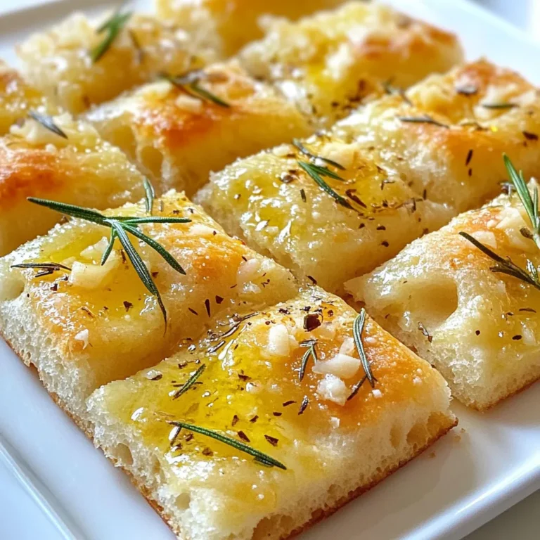 To make Garlic Parmesan Focaccia, you need key ingredients for a tasty result. - 4 cups all-purpose flour - 2 teaspoons instant yeast - 1 teaspoon sugar - 2 teaspoons salt - 1 3/4 cups warm water (about 110°F) - 1/4 cup olive oil (plus extra for drizzling) - 6 cloves garlic, minced - 1 cup grated Parmesan cheese - 1 tablespoon fresh rosemary, chopped (or 1 teaspoon dried rosemary) - Coarse sea salt for sprinkling For variations, you can add herbs like thyme or oregano. You can also top with olives or sun-dried tomatoes. - Mixing bowl - Baking sheet or cast-iron skillet - Damp towel or plastic wrap - Small bowl for mixing toppings Gather these items before you start. Having everything ready will make your cooking process smooth and fun! {{ingredient_image_1}} To start, grab a large mixing bowl. Add the dry ingredients: - 4 cups all-purpose flour - 2 teaspoons instant yeast - 1 teaspoon sugar - 2 teaspoons salt Mix these well to blend them together. Next, pour in the warm water and olive oil. You need 1 3/4 cups of warm water and 1/4 cup of olive oil. Stir until a shaggy dough forms. Now, it’s time to knead the dough. You can do this in two ways: - Manual: Use your hands to knead for about 5-7 minutes. - Stand Mixer: If you have one, use the dough hook for 4-5 minutes. The dough should feel sticky and elastic. Once your dough is kneaded, lightly oil a large bowl. Place the dough in the bowl and turn it to coat with the oil. Cover the bowl with a damp towel or plastic wrap. Let the dough rise in a warm place for 1 to 1.5 hours. It should double in size. A warm kitchen works best for this. If your home is cool, try placing the bowl near a warm oven. Now, it’s baking time! Preheat your oven to 425°F (220°C). After the dough has risen, pour it onto a greased baking sheet or a large cast-iron skillet. Use your fingers to stretch the dough into a rectangle or circle, about 1/2-inch thick. In a small bowl, mix minced garlic with a few tablespoons of olive oil. Brush this mixture all over the surface of the dough. Next, sprinkle the grated Parmesan cheese, fresh rosemary, and coarse sea salt on top. To create the perfect texture, use your fingers to make dimples all over the dough. Now, bake the focaccia for 20-25 minutes. It should turn golden brown, and the cheese will be bubbly. When done, take it out of the oven. Let it cool slightly before slicing. Drizzle a bit more olive oil on top if you like. Enjoy your delicious Garlic Parmesan Focaccia! To get the best focaccia, focus on texture. You want a light, airy bread. Here are my top tips: - Knead well: Knead your dough for 5-7 minutes. This builds gluten and gives you good rise. - Check your water: Use warm water, around 110°F. Too hot can kill the yeast. - Don’t rush the rise: Let your dough double in size, about 1-1.5 hours. This step is key for a fluffy loaf. Now, let’s avoid some common mistakes: - Too much flour: Adding too much flour makes the bread dense. Use just enough to keep it from sticking. - Skipping the dimples: Dimpling the dough helps hold toppings and creates a nice texture. - Not enough salt: Salt boosts flavor. Use coarse sea salt for a tasty finish. Focaccia is great on its own, but you can make it even better. Here are some ideas: - Extra toppings: Try olives, sun-dried tomatoes, or fresh herbs like basil. Mix them in or sprinkle on top. - Season with spices: A sprinkle of red pepper flakes or Italian seasoning adds a nice kick. For pairing, focus on dips: - Marinara sauce: A warm bowl of marinara complements the garlic and cheese. - Olive oil and balsamic vinegar: A classic dip that adds richness and flavor. Experiment with these tips to make your focaccia stand out! Pro Tips Use Fresh Ingredients: Fresh garlic and high-quality Parmesan cheese will elevate the flavor of your focaccia. Opt for freshly grated cheese and minced garlic for the best results. Perfecting the Dimple: When creating dimples in the dough, make sure to press firmly but not too deep. This technique helps the focaccia to rise evenly and creates the perfect texture. Let It Rise: Ensure the dough rises in a warm, draft-free environment. If your kitchen is cool, consider placing the dough in an oven with the light on to create a cozy rising spot. Experiment with Toppings: Feel free to get creative with toppings! Try adding olives, sun-dried tomatoes, or different herbs to customize your focaccia to your liking. {{image_2}} You can make your focaccia fit different diets easily. For those needing gluten-free options, use gluten-free flour blends. Look for blends with a mix of rice flour and tapioca flour. This swap keeps the dough light and airy. If you want a vegan version, you can skip the cheese. Try using a mix of nuts or nutritional yeast for a cheesy flavor. For the olive oil, use coconut oil or vegan butter. Both add a nice richness to the dough. Want to spice things up? You can add different herbs to your focaccia. Fresh basil or thyme can bring new tastes. You can also swap the Parmesan for cheeses like feta or goat cheese. They will change the flavor and give you a unique twist. Feeling adventurous? Try making a sweet focaccia! Add some honey and cinnamon for a dessert version. You can even top it with berries or chocolate chips. This will transform this bread into a tasty treat for breakfast or dessert. To keep your garlic Parmesan focaccia fresh, let it cool first. Then, wrap it tightly in plastic wrap. Place it in an airtight container. This helps keep it soft and tasty for about 2-3 days in the fridge. If you want to store it longer, consider freezing it. Cut the focaccia into pieces, wrap each piece in foil, and place them in a freezer bag. This way, you can enjoy it for up to 3 months. When you're ready to eat your focaccia, reheating is key. For best results, use an oven. Preheat your oven to 350°F (175°C). Place the focaccia directly on the rack or on a baking sheet. Heat it for about 10-15 minutes. This warms it up and keeps it crispy. You can also use a microwave, but it may get soft. If you do, cover it with a damp paper towel. This keeps it from drying out. Enjoy your focaccia warm to bring out the rich garlic and cheese flavors. You can tell your focaccia is done by looking for a few signs: - The crust should be golden brown. - The cheese should be bubbly and slightly browned. - When you tap the bottom, it should sound hollow. - The edges should pull away from the pan slightly. These signs mean your focaccia has the perfect texture and flavor. Yes, you can make focaccia ahead of time! Here are some tips: - Prepare the dough and let it rise. - After rising, shape the dough and put it in the pan. - Cover it and store it in the fridge for up to 24 hours. - When ready, let it come to room temp before baking. This method saves time and ensures fresh focaccia. Garlic parmesan focaccia pairs well with many dishes. Here are some ideas: - Serve it with marinara sauce for dipping. - Pair it with olive oil and balsamic vinegar. - Enjoy it alongside soup or salad for a meal. - Use it as a side for pasta or grilled meats. These pairings enhance the flavors and make your meal special. In this blog post, we covered how to make delicious focaccia. We discussed key ingredients, from flour to Parmesan cheese, and shared methods for mixing and kneading. You learned the best tips for rising and baking to achieve a perfect loaf. We also explored various toppings and flavors, plus ways to store and reheat your focaccia. Remember, practice and creativity will bring you great results. Enjoy your homemade focaccia and impress your friends and family with your baking skills!