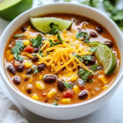 - 1 lb lean ground turkey or chicken - 1 can (15 oz) black beans, rinsed and drained - 1 can (15 oz) kidney beans, rinsed and drained - 1 can (15 oz) corn, drained - 1 can (10 oz) diced tomatoes with green chilies - 1 packet taco seasoning (or homemade equivalent) - 1 cup low-sodium chicken broth The main ingredients give this soup its hearty base. Lean ground turkey or chicken adds protein without excess fat. Black and kidney beans boost fiber and flavor. Corn adds a sweet crunch, while diced tomatoes bring a hint of spice. Taco seasoning is key for that classic taco taste. Chicken broth ties everything together and adds depth. - 1 cup unsweetened almond milk (or other milk of choice) - 1/2 cup Greek yogurt (for creaminess) - 1 cup shredded cheddar cheese (plus more for topping) Dairy adds richness to the soup. Unsweetened almond milk keeps it light and creamy. Greek yogurt is a game changer for texture. It gives a nice tang and thickens the soup. Shredded cheddar cheese melts in, creating a comforting finish. Don’t forget to sprinkle extra cheese on top for a tasty touch! - 1/2 onion, diced - 2 cloves garlic, minced - Fresh cilantro, chopped (for garnish) - Lime wedges (for serving) Fresh ingredients brighten the flavor. Diced onion and minced garlic provide a savory base. Cilantro adds a fresh, herbal note that lifts the soup. Lime wedges serve to brighten everything up even more. A squeeze of lime right before eating makes all the flavors pop! {{ingredient_image_1}} 1. Sautéing onions and garlic: Start by heating 1 tablespoon of olive oil in a large pot over medium heat. Add 1/2 diced onion and cook for 3–4 minutes until it turns soft and clear. Then, stir in 2 minced garlic cloves and cook for about 1 minute. You want the garlic to smell great but not burn. 2. Browning the ground meat: Next, add 1 pound of lean ground turkey or chicken. Use a spatula to break it into small pieces. Cook it for 5–7 minutes. You want it to be brown and fully cooked. This step adds great flavor to your soup. 3. Adding taco seasoning and broth: Once the meat is cooked, sprinkle in a packet of taco seasoning. Stir it well so that the meat gets coated. Then, pour in 1 cup of low-sodium chicken broth. This adds depth to your soup. 4. Stirring in beans, corn, and tomatoes: Now, add 1 can of black beans, 1 can of kidney beans, 1 can of corn, and 1 can of diced tomatoes with green chilies. Stir everything together. Let the mixture come to a gentle simmer. This helps all the flavors mix nicely. 5. Mixing in almond milk and Greek yogurt: After simmering for a bit, reduce the heat to low. Stir in 1 cup of unsweetened almond milk and 1/2 cup of Greek yogurt. Mix until everything is smooth and creamy. This is key for that delicious texture. 6. Folding in cheddar cheese: Finally, gradually fold in 1 cup of shredded cheddar cheese. Allow it to melt into the soup. Taste and add salt and pepper as needed. Let it simmer for another 10 minutes. Stir occasionally to keep the creaminess. Serve hot, and enjoy your creamy taco soup! To get the best taste, I suggest using homemade taco seasoning. It lets you control the spices. You can mix chili powder, cumin, garlic powder, and paprika. This blend adds depth to your soup. For beans, I recommend using both black beans and kidney beans. This combo gives great texture and flavor. For cooking, let your soup simmer for about ten minutes. Keep the heat low to ensure it stays creamy. Stir occasionally to keep it from sticking. The longer you let it simmer, the more the flavors blend. Mix in the almond milk and Greek yogurt slowly. This helps you achieve that rich, creamy base. When serving, top your soup with shredded cheddar cheese. Fresh cilantro brightens the dish. Squeeze lime over the soup for a fresh kick. You can also serve it with tortilla chips for crunch. Pair it with a simple salad for a complete meal. Enjoy every bite! Pro Tips Use Lean Proteins: Opt for lean ground turkey or chicken to keep the soup healthy while still packing in the protein. Customize Your Spice Level: Adjust the amount of taco seasoning based on your preference for spice; for a milder soup, use less or choose a mild seasoning. Add Fresh Vegetables: Enhance the nutrition and flavor by adding fresh bell peppers or zucchini to the pot along with the onions and garlic. Garnish for Flavor: Don't skip the fresh cilantro and lime wedges; they add a zesty freshness that elevates the overall dish. {{image_2}} You can easily make this soup your own by swapping ingredients. If you want a plant-based option, use lentils or tempeh instead of meat. You can also use chickpeas or black-eyed peas for a different flavor. For beans, you can try pinto beans or garbanzo beans. If you want more veggies, add diced bell peppers or zucchini. These swaps keep the soup hearty and tasty. To kick up the flavor, try adding spices. A pinch of cayenne pepper adds heat, while cumin gives a warm touch. You can also add a splash of hot sauce for extra zing. For toppings, consider crushed tortilla chips for crunch. Sour cream or avocado adds creaminess, while sliced jalapeños can bring the heat. Fresh lime juice adds a burst of freshness that brightens up each bite. If you need the soup to be gluten-free, check your taco seasoning. Some brands may contain gluten. You can also use cornstarch instead of flour for thickening. For a dairy-free version, skip the cheese and yogurt and use coconut milk. To make it low-carb, use cauliflower rice instead of beans. This keeps the soup filling without the extra carbs, perfect for a lighter meal. To store leftovers properly, let the soup cool first. Use airtight containers to keep it fresh. I recommend glass containers, as they do not absorb odors. Make sure to seal them tightly. This way, you can enjoy your soup later without losing flavor. For freezing the soup, use freezer-safe containers. Leave some space at the top for expansion. I like to portion out servings so I can thaw only what I need. When reheating, use low heat on the stove. Stir often to maintain that creamy texture. In the fridge, the soup keeps for about 3 to 4 days. In the freezer, it lasts up to 3 months. Watch for signs of spoilage, like a sour smell or changes in color. If you see any of these signs, it’s best to throw it away. You can easily make this soup vegetarian. Just swap the ground turkey or chicken for plant-based protein. Here are some great options: - Crumbled tempeh - Cooked lentils - Chopped mushrooms - Black beans or chickpeas These choices add protein and flavor. You can also use vegetable broth instead of chicken broth for a full plant-based dish. Yes, you can use regular milk in this soup. It will add creaminess but may change the flavor slightly. Other milk alternatives are also great. Here are a few: - Soy milk - Oat milk - Coconut milk Each brings its own taste and texture. Almond milk is a good choice for lower calories. Experiment to find what you like best! Reheating creamy soups needs some care. Here are my tips: - Use low heat on the stove. This helps keep the soup creamy. - Stir often to avoid sticking. - You can add a splash of milk or broth to help with texture. If using a microwave, heat in short bursts. Stir in between to warm evenly. Enjoy every creamy spoonful! This blog post covered a tasty creamy taco soup. We explored key ingredients like lean meat, beans, and fresh veggies. You learned how to prepare the base, combine flavors, and create creaminess with almond milk and Greek yogurt. We shared tips for flavor, serving suggestions, and variations for different diets. Remember, this soup is easy to customize for your taste. Enjoy cooking and sharing this meal with others. It’s sure to be a hit!