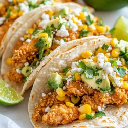 - 1 lb chicken thighs, boneless and skinless - 1 cup buttermilk - 1 cup all-purpose flour - 1 tsp paprika - 1/2 tsp cayenne pepper - 1 tsp garlic powder - 1 tsp onion powder - Salt and pepper to taste - 1 cup corn kernels (fresh or frozen) - 1/4 cup mayonnaise - 1/4 cup crumbled cotija cheese - 1 tbsp lime juice - 2 tbsp fresh cilantro, chopped - 4 small corn tortillas - 1 avocado, sliced - Lime wedges for serving For the perfect fried chicken street corn tacos, you need key ingredients. First, marinate the chicken thighs in buttermilk. This step adds moisture and flavor. I suggest marinating for at least one hour or overnight for the best taste. Next, prepare the seasoning and coating. Mix all-purpose flour, paprika, cayenne pepper, garlic powder, onion powder, salt, and pepper. This blend gives the chicken a tasty crunch. Now, focus on toppings. You will use corn kernels, mayonnaise, cotija cheese, lime juice, and fresh cilantro. This mix creates a creamy and zesty topping that pairs well with the fried chicken. Lastly, get some corn tortillas. They are the base for your tacos. Don’t forget avocado slices and lime wedges for serving. All these ingredients make a dish that is fun, fresh, and full of flavor. {{ingredient_image_1}} To start, combine one cup of buttermilk with one pound of boneless, skinless chicken thighs. The buttermilk helps make the chicken juicy and tender. Cover the bowl and place it in the fridge. Marinate the chicken for at least one hour. For the best flavor, let it soak overnight. Grab another bowl and mix one cup of all-purpose flour with one teaspoon of paprika, half a teaspoon of cayenne pepper, one teaspoon of garlic powder, one teaspoon of onion powder, salt, and pepper. This mix gives the chicken its tasty crust. Seasoning is key to getting great flavor. Next, heat about one inch of vegetable oil in a heavy skillet. Use medium-high heat until the oil is hot. Take the chicken out of the buttermilk, letting the excess drip off. Dredge each piece in the seasoned flour until fully coated. Fry the chicken for about six to eight minutes on each side. It should be golden brown and reach an internal temperature of 165°F. While the chicken fries, prepare the street corn topping. In a bowl, mix one cup of corn kernels, a quarter cup of mayonnaise, a quarter cup of crumbled cotija cheese, one tablespoon of lime juice, and two tablespoons of chopped cilantro. Season this mixture with salt to taste. If you want, try adding diced jalapeños for a spicy kick. Once the chicken is cooked, remove it from the oil and let it rest on paper towels to absorb extra oil. Warm four small corn tortillas in a dry skillet over medium heat until they are soft. Slice the fried chicken into strips. Place the chicken on each tortilla, then top with the corn mixture and sliced avocado. For a finishing touch, serve with lime wedges on the side. To make your tacos pop, arrange them on a colorful platter and garnish with extra cilantro. To make the best fried chicken, start with marination. Marinate your chicken thighs in buttermilk for at least one hour, but overnight works best. This helps make the chicken juicy and full of flavor. Next, the frying technique is key for crispiness. Heat your oil in a heavy skillet to the right temperature. You want it hot, around 350°F. This ensures a golden-brown crust. Fry the chicken for 6-8 minutes on each side. Always check that it is cooked through; it should reach an internal temperature of 165°F. Warming your tortillas is simple yet important. Use a dry skillet over medium heat and warm each tortilla for about 30 seconds on each side. This makes them soft and easy to fold. If you need alternatives to corn tortillas, consider flour tortillas. They’re soft and can hold your toppings well. You could also try lettuce wraps for a low-carb option. For added taste, swap the mayonnaise in the street corn topping for Greek yogurt. This gives a creamy texture with a tangy flavor. You can also add smoked paprika for a unique twist. To adjust spiciness levels, use less cayenne pepper in the coating mix. If you like heat, add chopped jalapeños to the corn mixture. Always taste as you go, so you find your perfect balance. Pro Tips Marinate for Maximum Flavor: The longer you marinate the chicken in buttermilk, the more tender and flavorful it will be. Aim for at least 1 hour, but overnight is ideal. Check Oil Temperature: To ensure perfectly fried chicken, use a thermometer to check that the oil is around 350°F before adding the chicken. This helps achieve that crispy golden crust. Rest the Chicken: After frying, let the chicken rest on paper towels for a few minutes. This allows excess oil to drain and keeps the chicken crispy. Serve Warm: Warm your tortillas just before assembling the tacos. This makes them more pliable and enhances the overall texture of your dish. {{image_2}} If you want a vegetarian twist, use plant-based chicken. Brands like Beyond Meat or Gardein work well. These alternatives mimic the taste and texture of fried chicken. Just marinate them in buttermilk like the original recipe. Then, coat them in the seasoned flour and fry until golden. You can enjoy the same crispy flavor without meat. Add local spices to give your tacos a unique taste. For example, a dash of cumin can bring warmth. If you like heat, try adding chipotle powder for a smoky kick. You can also swap cotija cheese with feta or queso fresco for different flavors. Top your tacos with fresh toppings like pickled jalapeños or fresh corn salsa. Each tweak brings a new twist to your meal. Pair your tacos with sides like Mexican rice or black beans. These complement the flavors well. For beverages, try a refreshing margarita or a cold beer. Present your tacos on a colorful platter for a fun look. Garnish with extra cilantro and lime wedges to make it pop. Enjoy the vibrant feast with friends or family! To store leftover Fried Chicken Street Corn Tacos, place them in an airtight container. This keeps them fresh and tasty. If you have extra chicken or toppings, store them separately. You can keep tacos in the fridge for up to three days. When reheating, I suggest using an oven. Preheat it to 350°F (175°C). Place the tacos on a baking sheet. Heat them for about 10-15 minutes. This method helps keep the chicken crispy. If you use a microwave, the tacos may get soggy. Yes, you can freeze fried chicken. To freeze, let it cool completely. Wrap each piece tightly in plastic wrap. Place them in a freezer bag. They can last up to three months. To thaw, move them to the fridge overnight. Then, reheat in the oven for the best texture. To make your fried chicken crispy, start with dry chicken. Pat it with paper towels. Soak it in buttermilk. This adds flavor and moisture. For the coating, mix flour with spices. Dredge the chicken in this mix. When frying, keep the oil hot. This helps form a crunchy crust. Fry the chicken in small batches. This keeps the oil temperature stable. Let the chicken rest on paper towels to soak up extra oil. Yes, you can use different chicken cuts. Chicken breasts work well if you prefer white meat. They may need less cooking time than thighs. For a juicier option, try drumsticks or wings. Each cut offers a unique flavor and texture. Just ensure all pieces cook to 165°F for safety. If you can't find cotija cheese, try feta. Feta adds a similar salty flavor. You can also use queso fresco for a milder taste. Creamy goat cheese is another option. Each cheese brings its own twist to the taco, so feel free to experiment! Yes, you can make this recipe gluten-free. Use gluten-free flour in place of all-purpose flour. Look for a blend that works well for frying. Make sure your buttermilk and corn tortillas are gluten-free too. Always check labels to be sure. You can still enjoy crispy fried chicken tacos without gluten! To find the best Fried Chicken Street Corn Tacos, check local food trucks. Many offer unique takes on tacos. Look for restaurants that focus on street food. Read reviews online to find popular spots. Ask friends for recommendations. They may know hidden gems in your area! This blog post covered everything you need for Fried Chicken Street Corn Tacos. You learned about key ingredients like marinated chicken, spices, and tasty toppings. I shared step-by-step instructions to prepare, fry, and assemble these tacos perfectly. Plus, I offered tips, variations, and storage advice. Now you can enjoy great tacos at home. Don’t hesitate to experiment with flavors and make this dish your own! Happy cooking!