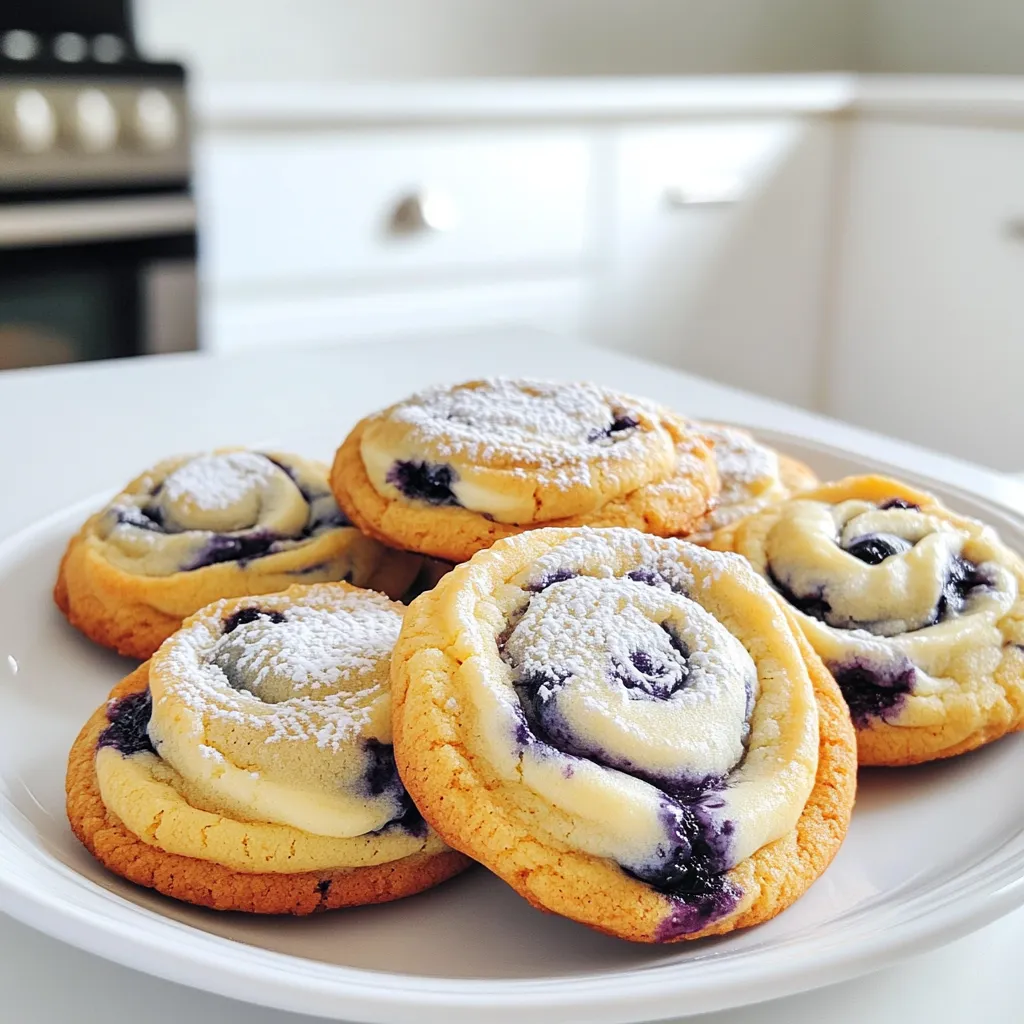 To make Blueberry Cheesecake Swirl Cookies, you need the following: - 1 cup all-purpose flour - 1/2 teaspoon baking powder - 1/4 teaspoon baking soda - 1/4 teaspoon salt - 1/2 cup unsalted butter, softened - 1/2 cup granulated sugar - 1/4 cup brown sugar - 1 large egg - 1 teaspoon vanilla extract - 1/2 cup cream cheese, softened - 1/3 cup fresh blueberries (or frozen, if not in season) - 2 tablespoons powdered sugar (for the cream cheese mixture) - Zest of 1 lemon If you don't have an ingredient, don't worry! Here are some good swaps: - Use coconut oil instead of unsalted butter for a dairy-free version. - Swap out the all-purpose flour for gluten-free flour if needed. - You can use a plant-based cream cheese for a vegan option. - For the sugars, you can use brown sugar alone for a deeper flavor. Fresh blueberries give a great taste and texture. They burst nicely when baked. If it’s off-season, frozen blueberries work well too. Just let them thaw and drain excess liquid. This helps avoid soggy cookies. Both options create delicious cookies! First, gather all your ingredients. You need flour, baking powder, baking soda, salt, butter, and sugars. Also, have an egg, vanilla, cream cheese, blueberries, powdered sugar, and lemon zest ready. Preheat your oven to 350°F (175°C). Line two baking sheets with parchment paper. This keeps the cookies from sticking. 1. Mix Dry Ingredients: In a medium bowl, whisk flour, baking powder, baking soda, and salt. Set this bowl aside. 2. Cream the Butters and Sugars: In a large bowl, beat the softened butter, granulated sugar, and brown sugar. Use an electric mixer until the mix is light and fluffy, about 2-3 minutes. 3. Add Egg and Vanilla: Crack the egg into the butter mix. Add vanilla extract and mix until smooth. 4. Combine Mixtures: Gradually mix in the dry ingredients. Stop when just combined. 5. Prepare Cheesecake Mixture: In another bowl, beat softened cream cheese with powdered sugar and lemon zest. Add the blueberries and mash them gently. Leave some chunks for texture. 6. Swirling: Take a tablespoon of cookie dough. Make a small dent in the center. Spoon a teaspoon of the cheesecake mix into the dent. Cover with another small piece of dough. Leave some cheesecake mix showing. Use a toothpick to swirl the top gently. - Keep the blueberry cheesecake mix chunky. This gives nice bites. - Don’t overmix the dough. This keeps the cookies soft. - Use a light touch when swirling. You want to see the cheesecake mix. It should look pretty. - Space the cookies 2 inches apart on the baking sheet. They need room to spread. - Bake for 10-12 minutes. Look for lightly golden edges. This means they are done. Now, you’re ready to bake these delightful cookies! Enjoy the sweet and tangy flavor in every bite. When making blueberry cheesecake swirl cookies, watch out for a few common mistakes. First, don't skip softening the butter and cream cheese. If they are cold, your cookies may not mix well. Second, be careful not to overmix the dough. Overmixing can lead to tough cookies. Lastly, avoid overcrowding the baking sheet. Give each cookie space to spread and rise. To get the best texture, follow these tips. Start with room-temperature ingredients. This helps the dough blend smoothly. Use a light hand when mixing. Aim for cookie dough that is thick yet soft. For a chewy bite, bake just until the edges turn golden. Remember, cookies continue to firm up as they cool. Having the right tools makes baking easier. Here’s what I recommend: - Mixing bowls: Use both medium and large bowls for mixing. - Electric mixer: This helps beat the butter and sugars quickly. - Measuring cups and spoons: Accurate measurements are key to success. - Parchment paper: Line your baking sheets to avoid sticking. - Toothpick or knife: Use this for swirling the cheesecake mixture. - Cooling rack: This allows cookies to cool evenly after baking. These tools will help you create perfect blueberry cheesecake swirl cookies every time! {{image_2}} You can play with flavors in these cookies. Try swapping blueberries for raspberries or cherries. Both fruits add a bright taste. You can also mix in white chocolate chips for a sweet twist. Or, add a sprinkle of cinnamon for warmth. These swaps keep the cookies exciting and fresh. Want gluten-free cookies? Use a gluten-free flour blend instead of all-purpose flour. This change keeps the texture similar. For vegan cookies, replace the egg with a flax egg. Just mix one tablespoon of ground flaxseed with three tablespoons of water. Use vegan butter and cream cheese for a dairy-free option. These swaps let everyone enjoy the treat! You can create themed cookies for special occasions. For fall, add pumpkin spice to the dough. This spice gives a cozy flavor. For Christmas, try peppermint extract in the cream cheese mix. Top with crushed candy canes for a fun look. These variations make your cookies festive and fun for any holiday! To keep your blueberry cheesecake swirl cookies fresh, store them in an airtight container. Make sure the cookies are completely cool before putting them away. This step helps prevent moisture buildup. You can layer the cookies with parchment paper to avoid sticking. If you want to keep them soft, add a slice of bread to the container. The bread will help maintain moisture. You can freeze these cookies for later enjoyment. First, let the cookies cool completely. Then, place them in a single layer on a baking sheet. Freeze them for about an hour. Once frozen, transfer the cookies to a freezer-safe bag or container. Be sure to remove as much air as possible. You can freeze them for up to three months. When ready to eat, just thaw them at room temperature. These cookies last about a week at room temperature in an airtight container. If you refrigerate them, they can stay fresh for up to two weeks. To serve, warm the cookies for a few seconds in the microwave or enjoy them cold. Pairing them with a glass of milk or a cup of tea makes for a delightful treat. You can also sprinkle some extra powdered sugar on top for a sweet touch. Yes, you can use many fruits. Strawberries, raspberries, or cherries work well. Just chop them into small pieces. This gives you a chance to mix flavors and colors. You can even try a fruit combo for added fun! Look for the edges of the cookies. They should be slightly golden brown. The center will look soft but not wet. If you gently touch the top, it should feel firm. This means they are done baking. You can use mascarpone cheese or Greek yogurt as a substitute. Both give a nice creamy texture. If you use yogurt, make sure it is thick. You can also mix in a little sour cream for extra creaminess. In this blog post, we covered key ingredients and tasty options for your cookies. You learned how to prepare, mix, and bake cookies like a pro. I shared tips to avoid common mistakes and maximize texture. We also explored fun variations, storage tips, and answered popular questions. Remember, baking is about creativity. Don't be afraid to try new flavors or substitutions. With practice, your cookies will impress everyone!