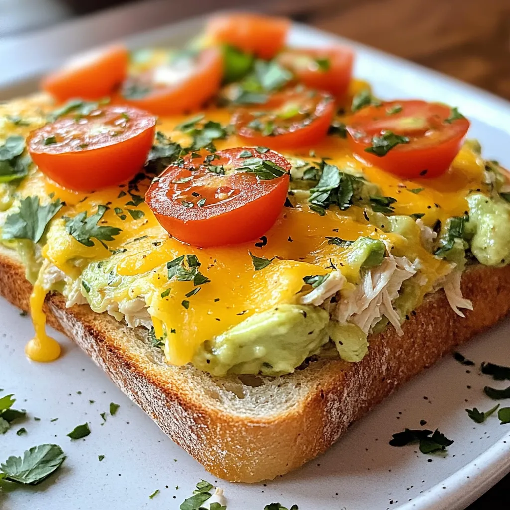 To make a tasty Chicken Avocado Melt, gather these main ingredients: - 2 cups cooked chicken, shredded - 1 ripe avocado, mashed - 1/2 cup Greek yogurt - 1 tablespoon lime juice - 1 teaspoon garlic powder - 1/2 teaspoon cumin - Salt and pepper to taste - 4 slices whole grain bread - 1 cup shredded cheese (cheddar or mozzarella) - 1/2 cup cherry tomatoes, halved - Fresh cilantro for garnish These ingredients blend well to create a rich, creamy filling. The chicken adds protein, while the avocado brings healthy fats. You can add fun twists to your Chicken Avocado Melt with these optional ingredients: - Red onion, thinly sliced - Jalapeños for heat - Spinach or arugula for greens - Different types of cheese, like pepper jack Feel free to mix and match based on what you like. These extras can make your melt even more special. This Chicken Avocado Melt offers a good balance of nutrients. Here’s a quick look: - Calories: About 500 per serving - Protein: Roughly 35 grams - Carbohydrates: Around 40 grams - Fats: About 20 grams These numbers can change based on your choices. Using whole grain bread boosts fiber, while Greek yogurt adds protein. Enjoy your melt knowing it’s not just delicious but also nutritious! {{ingredient_image_1}} Start by taking a mixing bowl. Add 2 cups of shredded chicken. Use cooked chicken for the best flavor. Next, mash 1 ripe avocado and add it to the bowl. This gives the mix a creamy texture. Then, add 1/2 cup of Greek yogurt for extra creaminess. Squeeze in 1 tablespoon of lime juice for freshness. Add 1 teaspoon of garlic powder and 1/2 teaspoon of cumin for flavor. Don’t forget to sprinkle in salt and pepper to taste. Mix everything well until it’s smooth and creamy. Now, let’s get cooking! Preheat a skillet over medium heat. Grab 4 slices of whole grain bread. On one slice, spread a generous amount of your chicken-avocado mixture. Top it with a handful of shredded cheese, either cheddar or mozzarella works great. Place another slice of bread on top, press down gently. Carefully place your sandwich in the skillet. Cook for about 4 to 5 minutes on each side. Look for golden-brown bread and melted cheese. Once done, take it out and let it cool slightly. Cut the sandwich in half diagonally. This makes it easy to handle and looks nice. For a fun touch, serve it on a wooden board or colorful plate. Add some halved cherry tomatoes on the side for a pop of color. A sprinkle of fresh cilantro on top adds both beauty and flavor. Enjoy your tasty Chicken Avocado Melt! To make the best Chicken Avocado Melt, use fresh ingredients. Fresh chicken and ripe avocado give the best flavor. Mash the avocado well for a creamy mix. Mix in the Greek yogurt for a tangy taste. Adjust the lime juice to your liking. It adds brightness to the dish. Use a non-stick skillet to avoid sticking. Cook on medium heat for even toasting. Press the sandwich down gently to help it cook through. This ensures your cheese melts nicely. Many people skip mixing the spices well. This can lead to uneven flavor. Avoid overcooking the bread. It should be golden brown, not burnt. Don't rush the heat; too high can burn the bread. Use enough cheese to get that melty goodness. If you don’t have enough, the sandwich won’t hold together. Lastly, let the sandwich cool slightly before cutting it. This helps keep the filling intact. You need a few simple tools to make this melt. A mixing bowl is essential for combining your ingredients. A non-stick skillet works best for cooking. A spatula helps flip the sandwich easily. Use a sharp knife for cutting the sandwich. A cutting board makes cutting much easier. You may also want a measuring spoon for precise ingredient amounts. Having these tools ready makes the cooking process smooth and fun. Pro Tips Use Fresh Ingredients: Always opt for fresh avocados and quality chicken to enhance the flavor of your melt. Customize Your Cheese: Experiment with different types of cheese like pepper jack or gouda for a unique twist! Toast Your Bread: Lightly toasting the bread before assembling the sandwich can add extra crunch and flavor. Make It Spicy: Add sliced jalapeños or a dash of hot sauce to the mixture for an extra kick! {{image_2}} You can easily make a low-carb Chicken Avocado Melt. Swap the bread with lettuce wraps. This keeps the meal light and fresh. Use more avocado for healthy fats. Add some chopped veggies for crunch and color. Want a spicy kick? Mix in some diced jalapeños or hot sauce. For a herb-infused twist, add chopped fresh herbs like basil or dill. You can also use smoked paprika for a deeper flavor. Each of these options adds a new layer of taste. Try different types of bread for your melt. Sourdough gives a tangy taste, while pita adds a fun twist. For a gluten-free option, use gluten-free bread. Feel free to experiment with your favorite types of bread to find what you love best. After enjoying your Chicken Avocado Melt, store any leftovers in an airtight container. This keeps the meal fresh and tasty. You can place the container in the fridge for up to three days. If you want to keep it longer, consider freezing. When you are ready to eat your leftovers, reheat them carefully. Use a skillet over medium heat for the best results. Heat the sandwich for about 3-4 minutes on each side until warm. This helps keep the bread crispy and the cheese melty. You can also use a microwave, but it may make the bread soggy. If using a microwave, wrap the sandwich in a paper towel and heat for 30 seconds at a time. If you have extra Chicken Avocado Melt, you can freeze it for later. Wrap each sandwich tightly in plastic wrap, then foil. This keeps out air and prevents freezer burn. Label the wraps with the date. They can stay in the freezer for up to two months. When you're ready to eat, thaw in the fridge overnight before reheating. Yes, you can use canned chicken. It saves time and is easy to find. Just drain it well and shred it lightly with a fork. This makes the chicken mix smooth. Canned chicken works great in a pinch, but fresh cooked chicken has more flavor. If you don’t have Greek yogurt, try sour cream or plain yogurt. You can also use mashed silken tofu for a creamy texture. Each option gives a slightly different taste, but they all work well in this recipe. Just make sure it’s plain to keep the flavor balanced. To make a vegan version, use chickpeas or jackfruit instead of chicken. Mash them to get a similar texture. Replace Greek yogurt with cashew cream or vegan yogurt. Use vegan cheese or skip the cheese entirely. This keeps the dish tasty and plant-based. Look for local cafes or diners that focus on fresh ingredients. Check food apps for top-rated places near you. Some restaurants may offer unique twists on this classic dish. Don't forget to ask for reviews to find the best melt in town! This blog post covered the chicken avocado melt in detail. We explored the main ingredients and options for customization. I also shared step-by-step instructions for preparation and cooking. Tips to perfect your melt were included, along with variations and storage info. This simple dish is tasty and flexible. You can make it healthy or spicy, depending on your taste. Now, enjoy creating your own unique version of the chicken avocado melt!