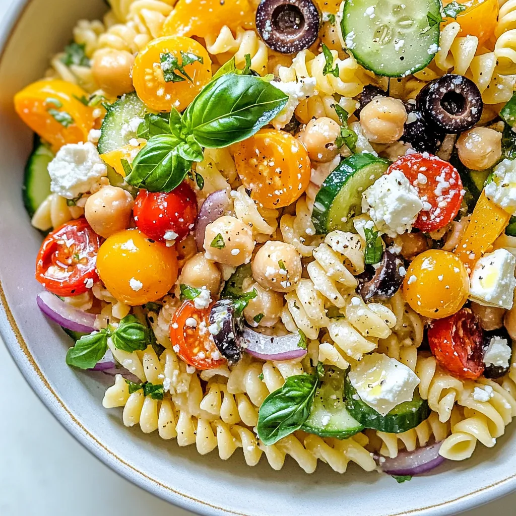 - 2 cups pasta (fusilli or penne works best) - 1 cup cherry tomatoes, halved - 1 cucumber, diced - 1 red bell pepper, diced - 1/2 red onion, finely chopped - 1 can chickpeas, rinsed and drained - 1/2 cup feta cheese, crumbled - 1/4 cup fresh basil leaves, chopped - 1/4 cup black olives, sliced - Secret Ingredient: 2 tablespoons tahini - 3 tablespoons lemon juice - 3 tablespoons olive oil - Salt and pepper to taste Each ingredient in this pasta salad plays a key role. The pasta serves as the base, giving the salad its hearty texture. Cherry tomatoes add a burst of sweetness. Cucumber brings a refreshing crunch. The red bell pepper adds color and crispness. Red onion gives a mild bite, while chickpeas boost protein and fiber. Feta cheese provides a creamy and tangy flavor. Fresh basil adds a hint of herbal brightness. Black olives contribute salty depth. The olive oil creates a smooth dressing, while lemon juice adds brightness. Finally, tahini is the secret ingredient that ties everything together. It gives a nutty flavor and creamy texture, making the salad unique and tasty. The secret ingredient, tahini, transforms this dish. It adds a rich, nutty taste that you won't find in typical pasta salads. Tahini also makes the dressing creamy without extra dairy. This makes the salad more interesting and satisfying. By using tahini, you add a healthy fat that helps with flavor and texture. It blends well with lemon juice and olive oil, creating a perfect dressing. Trust me, this secret ingredient takes your pasta salad to a whole new level. {{ingredient_image_1}} Start by boiling water in a large pot. Add a pinch of salt to the water. When the water boils, add 2 cups of pasta. Fusilli or penne works best. Cook the pasta until it is al dente, which means it should be firm but not hard. This usually takes about 8 to 10 minutes. Drain the pasta and rinse it under cold water. This stops the cooking and cools it down. Set the pasta aside to let it dry a bit. While the pasta cooks, chop your veggies. Dice 1 cucumber and 1 red bell pepper. Halve 1 cup of cherry tomatoes. Finely chop 1/2 of a red onion. Rinse and drain 1 can of chickpeas. In a large bowl, combine the chopped vegetables and chickpeas. Add 1/2 cup of crumbled feta cheese, 1/4 cup of chopped fresh basil leaves, and 1/4 cup of sliced black olives. Mix these ingredients together gently. In a small bowl, whisk together 2 tablespoons of tahini, 3 tablespoons of lemon juice, and 3 tablespoons of olive oil. Add salt and pepper to taste. The tahini is the secret ingredient that gives this salad a creamy and nutty flavor. It sets this dish apart from others. Make sure to mix well so the dressing is smooth. Now, add the cooled pasta to the bowl with the veggies and chickpeas. Pour the dressing over everything. Gently toss the mixture until all ingredients are well coated with the dressing. Taste the salad and adjust seasoning with more salt and pepper if needed. For the best flavor, let the pasta salad chill in the fridge for at least 30 minutes. This helps all the flavors blend beautifully. For an elegant touch, serve in a large bowl. Sprinkle extra feta and whole basil leaves on top. Drizzle a bit of olive oil before serving for added flavor. Enjoy your delicious Secret Ingredient Pasta Salad! To make the best pasta salad, follow these tips: - Cook pasta al dente: This keeps it firm and prevents mushiness. - Rinse with cold water: After cooking, rinse the pasta to stop the cooking. - Mix fresh and canned ingredients: Fresh veggies add crunch, while canned chickpeas add protein. - Use quality olive oil: It enhances the flavor of your dressing. Chilling your pasta salad is key for great taste. Here’s why: - Flavors meld together: Chilling lets the dressing soak into the pasta and veggies. - Texture improves: Cold pasta salad feels refreshing and crisp. - Make ahead: You can prepare it a day early. Just keep it in the fridge! Serve your pasta salad in style with these ideas: - Large bowl with garnishes: Use extra feta and basil leaves on top for a nice look. - Drizzle extra olive oil: A little drizzle before serving adds flavor and shine. - Pair with proteins: Add grilled chicken or shrimp for a complete meal. - Serve with crusty bread: This is perfect for soaking up any extra dressing. Pro Tips Chill for Flavor: Allow the pasta salad to chill in the refrigerator for at least 30 minutes before serving. This helps the flavors to meld beautifully. Customizable Veggies: Feel free to add any of your favorite vegetables or seasonal produce to this salad for added freshness and flavor. Make Ahead: This pasta salad can be made a day ahead. Just keep it covered in the refrigerator and give it a good stir before serving. Adjust the Dressing: Taste the dressing before combining. You can add more lemon juice or tahini to suit your preference for tanginess or creaminess. {{image_2}} You can easily change the flavors in your pasta salad. Try different pasta shapes like bow tie or rotini for fun. Swap cherry tomatoes for sun-dried tomatoes for a rich taste. If you want more crunch, use bell peppers or add radishes. For a fresh twist, include arugula or spinach instead of basil. Each swap can give your salad a new vibe. Want to make your salad heartier? Add proteins like grilled chicken, shrimp, or tofu. You can mix in cooked bacon for a smoky flavor. If you like more veggies, consider adding shredded carrots, peas, or zucchini. These additions create a balanced meal that fills you up and keeps it colorful. While tahini gives a unique taste, feel free to explore other dressings. A light balsamic vinaigrette can add sweetness. You might also try a creamy ranch or a zesty Italian dressing. Each dressing changes the whole flavor profile. Just remember to adjust the amount of salt and pepper after you add a new dressing. To keep your pasta salad fresh, place it in an airtight container. Make sure the lid seals tightly. Store it in the fridge. It will stay good for about 3 to 5 days. If you notice any signs of spoilage, throw it away. I recommend adding a little extra dressing before serving if it seems dry. You can freeze pasta salad, but it may change in texture. To freeze, use a freezer-safe container. Leave some space at the top for expansion. It can last up to 2 months in the freezer. When you're ready to eat it, thaw it overnight in the fridge. Be aware that some ingredients may not hold up well. If you want to reheat the pasta salad, use the microwave. Heat it in short bursts, stirring in between. This helps avoid uneven heating. You may also enjoy it cold, straight from the fridge. Add a splash of olive oil or fresh lemon juice for extra flavor when serving. If you don't have tahini, you can use peanut butter or sunflower seed butter. Both options give a creamy texture. You can also blend roasted sesame seeds with a bit of oil to mimic tahini. The pasta salad can last up to three days in the fridge. Make sure to keep it in an airtight container. The flavors will blend more as it sits, making it even tastier. Yes, you can easily make this pasta salad vegan. Just skip the feta cheese or use a plant-based feta. The tahini dressing is already vegan, so you’re good to go! To add some heat, include chopped jalapeños or red pepper flakes. You can also mix in a dash of hot sauce to the dressing. Adjust the spice level to your taste! Pasta salad pairs well with grilled chicken or fish for a hearty meal. You can also serve it with a slice of crusty bread or as part of a picnic spread. This blog post covered how to make a delicious pasta salad. We explored the key ingredients, including the secret ingredient that adds flavor. I shared step-by-step instructions to ensure your dish turns out perfect. You learned useful tips for making the best pasta salad and ideas for variations. Remember, storing leftovers correctly will keep your salad fresh. With these insights, you can create a tasty meal everyone will love. Enjoy your cooking and have fun mixing things up!