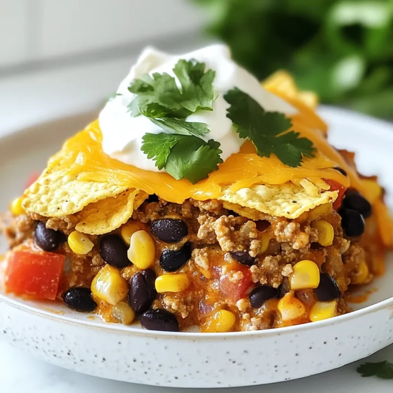 - 1 pound ground beef or turkey - 1 onion, finely chopped - 2 cloves garlic, minced - 1 packet taco seasoning - 1 can (15 oz) black beans, drained and rinsed - 1 can (15 oz) corn, drained - 1 can (10 oz) diced tomatoes with green chilies - 2 cups tortilla chips, crushed - 2 cups shredded cheddar cheese - 1 cup sour cream - Fresh cilantro, for garnish For this Taco Slow Cooker Casserole, I use simple, fresh ingredients. The ground beef or turkey gives a nice, hearty base. I love adding a finely chopped onion and minced garlic for a rich flavor. The taco seasoning brings all the spices together. I choose black beans and corn for a healthy twist. They add texture and color. Diced tomatoes with green chilies add a bit of heat and sweetness. The crushed tortilla chips create a tasty layer that soaks up the flavors. Cheddar cheese is a must for that gooey, melty goodness. Finally, I top it off with sour cream and fresh cilantro for a burst of freshness. Each ingredient plays its part in making this dish flavorful and fun. {{ingredient_image_1}} 1. Start by browning the ground beef or turkey in a skillet. Use medium heat. Cook until the meat is fully brown. Drain any extra fat. 2. Next, add the finely chopped onion and minced garlic to the skillet. Sauté until the onion turns clear. This takes about five minutes. 3. Now, stir in the taco seasoning. Add the drained black beans, corn, and diced tomatoes with green chilies. Mix all the ingredients well. Cook for another two to three minutes. This helps warm everything up. 4. In your slow cooker, layer half of the crushed tortilla chips on the bottom. 5. Spoon the beef mixture over the tortilla chips. Then, sprinkle half of the shredded cheddar cheese on top. 6. Repeat these layers. Add the rest of the tortilla chips, beef mixture, and top it all with the remaining cheddar cheese. 7. Cover the slow cooker. Cook on low for four to six hours or on high for two to three hours. Wait until the cheese melts and bubbles. 8. After it's done, dollop sour cream on top. Garnish with fresh cilantro before serving. To get the cheese just right, let it melt slowly. Cooking on low heat helps it become gooey and bubbly. Avoid lifting the lid often. This keeps the heat inside. When you serve it, the layers should stay intact. Store each layer well when saving leftovers. Keep the chips separate, so they stay crispy. To boost the taste, try adding extra spices. A pinch of cumin or chili powder can work wonders. You can also mix in fresh herbs like cilantro or parsley. These add a nice touch. For sides, consider serving with guacamole or a fresh salad. They pair well and add freshness to your meal. Pro Tips Choose Your Protein: Whether you opt for ground beef or turkey, each brings a unique flavor. Turkey is leaner, while beef offers a richer taste. Layering Technique: Make sure to layer the ingredients properly; this helps with even cooking and ensures every bite is packed with flavor. Customize Your Toppings: Feel free to add your favorite toppings such as jalapeños, olives, or avocado for an extra kick and texture. Make Ahead: This dish is perfect for meal prep! Assemble it the night before and cook it the next day for an easy weeknight dinner. {{image_2}} You can easily switch the ground beef or turkey with chicken. Shredded chicken works great. If you prefer plant-based proteins, consider using lentils or quinoa. Both options add texture and flavor to your casserole. They also keep it healthy and filling. For a vegetarian version, skip the meat entirely. Use a mix of beans and lentils instead. To make it vegan, substitute the cheese and sour cream with plant-based options. Nutritional yeast gives a cheesy flavor. Add lots of colorful vegetables for taste and nutrition. Recommended vegetables include bell peppers, zucchini, or spinach. Chop them finely and mix them in with the beans and tomatoes. Serve your casserole with fresh toppings to enhance flavors. Guacamole adds creaminess, while salsa gives a spicy kick. You can also sprinkle chopped cilantro for freshness. For presentation, layer the casserole in a large serving dish. Garnish with additional cheese or avocado slices. This makes it look inviting and delicious. To keep your Taco Slow Cooker Casserole fresh, store it in an airtight container. Place the cooled casserole in the fridge within two hours of cooking. It will stay good for up to three days. If you need to keep it longer, you can freeze it. Use freezer-safe containers and label them with the date. Frozen casserole can last up to three months. When you’re ready to enjoy your leftovers, take them out of the fridge or freezer. For fridge leftovers, microwave them in a bowl. Heat them for about two minutes, stirring halfway through. If you froze the casserole, let it thaw in the fridge overnight before reheating. You can also reheat it in the oven. Preheat your oven to 350°F (175°C) and bake for about 20 minutes. Cover it with foil to keep the cheese from burning. Enjoy the warm, cheesy goodness! Yes, you can make Taco Slow Cooker Casserole ahead of time. To do this, prepare the meat and veggies first. Brown the meat and sauté the onion and garlic as you usually would. Then, mix in the taco seasoning, black beans, corn, and diced tomatoes. Let it cool before storing. You can keep it in the fridge for up to two days. When ready to cook, layer the mixture and chips in the slow cooker. The spice level depends on your taste. The taco seasoning adds some heat, but you can adjust it easily. If you like it mild, use less seasoning. For more heat, add jalapeños or hot sauce. You can also use a spicy taco seasoning mix. Remember, you can always add spice, but it’s hard to take it away once it’s in. Yes, fresh vegetables can work well in this recipe. If you choose fresh, consider using 1 cup of fresh corn instead of canned. You can also use 1-2 fresh tomatoes instead of canned diced tomatoes. Just chop them well. If using fresh vegetables, they may need a little more cooking time. Adjust the cooking time in the slow cooker to ensure everything is tender and flavorful. This blog post covered the key ingredients and steps to make Taco Slow Cooker Casserole. You learned how to layer flavors and textures for a tasty meal. I shared tips for enhancing taste, storage, and even variations for different diets. Whether you choose beef, chicken, or plant-based options, you can make this dish your own. Enjoy your cooking and remember, creativity is key. Dive in and make this recipe yours!