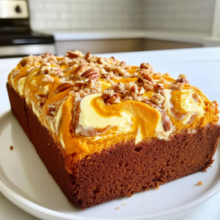 - 1 ½ cups all-purpose flour - ½ cup unsalted butter, softened - 1 cup sugar - 2 large eggs - 1 cup canned pumpkin puree - 1 teaspoon ground cinnamon - ½ teaspoon ground nutmeg - ½ teaspoon ground ginger - ½ teaspoon salt - 8 ounces cream cheese, softened - ¼ cup powdered sugar - ½ cup chopped pecans or walnuts (optional) This recipe brings together some great flavors. You start with all-purpose flour, which gives the bread a light texture. The unsalted butter adds richness, and sugar sweetens the mix just right. Eggs help bind everything together, while canned pumpkin puree adds moisture and a lovely fall flavor. For spices, you will use ground cinnamon, nutmeg, ginger, and a bit of salt. They create a warm and inviting taste that makes your kitchen smell amazing. The cream cheese mixture is a star on its own. Softened cream cheese blends with powdered sugar to create a creamy, sweet layer. Adding chopped nuts like pecans or walnuts gives you some crunch and flavor. Gather these ingredients before you start. They make this pumpkin cream cheese streusel bread a treat worth baking. - Preheat the oven to 350°F (175°C). - Grease and flour a 9x5-inch loaf pan. Start by making sure your oven is ready. A hot oven helps the bread rise well. Greasing and flouring the pan stops the bread from sticking. Use butter or oil for greasing. Then, add some flour and shake it around to coat the sides. - Combine flour, baking soda, baking powder, salt, and spices. In a medium bowl, mix the flour, baking soda, and baking powder. Add the salt, cinnamon, nutmeg, and ginger. These spices give the bread its warm flavor. Whisk these ingredients until they are well mixed. Set this bowl aside for later. - Cream together butter and sugar. - Beat in eggs, pumpkin puree, and vanilla extract. In a large bowl, use a mixer to beat the softened butter and sugar. Mix until it looks light and fluffy. This can take about 3-4 minutes. Next, add the eggs one by one. Make sure to mix well after each egg. Then, stir in the pumpkin puree and vanilla extract. This mixture should be smooth and well blended. - Gradually mix dry ingredients with wet ingredients. Now, take the bowl with the dry ingredients. Gradually add it to the wet mixture. Use a spatula or wooden spoon to mix them together. Be careful not to overmix. Just stir until you no longer see dry flour. - Beat cream cheese and powdered sugar together. In another bowl, beat the softened cream cheese with the powdered sugar. Mix until the cream cheese is smooth and creamy. This will add richness to the bread. - Pour pumpkin batter, add cream cheese mixture, and swirl. Pour half of the pumpkin batter into the loaf pan. Then, spoon dollops of the cream cheese mixture on top. Pour the rest of the pumpkin batter over this. Use a knife or toothpick to swirl the layers together. This creates a beautiful marbled effect. - Pour the remaining batter, sprinkle with nuts and streusel, bake for 60-70 minutes. If you like, mix some chopped nuts with reserved streusel. Sprinkle this on top of the batter before baking. Place the pan in the oven and bake for 60-70 minutes. Check if it’s done by inserting a toothpick. It should come out clean when the bread is ready. Let the bread cool in the pan for about 10 minutes before moving it to a wire rack. - To get the best texture, avoid overmixing the batter. Mix just until you see no dry flour. This keeps your bread light and fluffy. - When creaming butter and sugar, use room temperature butter. This helps create air pockets. Beat them together for about 3-4 minutes until light and fluffy. - Add a pinch of allspice for a deeper flavor. You can also try using brown sugar instead of white. This gives a nice caramel taste. - If you love vanilla, add an extra half teaspoon for a richer flavor. Try using maple extract for a fall twist, too. - For a lovely touch, sprinkle powdered sugar on top before serving. It adds sweetness and looks nice. - Drizzle melted cream cheese over the bread for a creamy finish. This makes each slice look special. - Serve the bread warm on a decorative platter. You can also add chopped nuts for some crunch and style. {{image_2}} To make this bread gluten-free, swap the all-purpose flour for a gluten-free blend. Use a 1:1 gluten-free flour mix that includes xanthan gum. This keeps the texture light and fluffy. Check the label to ensure it’s safe for your needs. You can add chocolate chips for a sweet twist. Just fold in a cup of semi-sweet or dark chocolate chips after mixing the batter. Another option is to replace the pumpkin with sweet potato puree. This gives a different taste but keeps it moist. Consider adding seasonal spices to enhance the flavor. Try a pinch of cardamom or allspice for warmth. You can also mix in chopped apples or cranberries for a fruity kick. These changes make the bread feel festive for any season. To cool the bread, let it sit in the pan for 10 minutes. This helps it firm up. After that, move it to a wire rack. This allows air to circulate. Cooling it properly prevents sogginess and keeps the texture just right. You can store leftover bread in the fridge. Wrap it in plastic wrap or foil. This keeps it fresh for up to a week. For longer storage, freeze the bread. Slice it first for easy thawing. Wrap each slice in plastic wrap, then place them in a freezer bag. It can last for three months in the freezer. To reheat, use the oven for best results. Preheat it to 350°F (175°C). Place the slice on a baking sheet for about 10 minutes. You can also use a microwave. Heat on medium power for about 20-30 seconds. This keeps the bread soft and warm. Enjoy it fresh like it just came out of the oven! Yes, you can use fresh pumpkin. Start with a small pumpkin. Cut it in half and remove the seeds. Roast the halves cut side down in the oven at 350°F for about 45 minutes. Once soft, scoop out the flesh. Puree it in a blender until smooth. Use this puree in your recipe just like canned pumpkin. Fresh pumpkin gives a bright flavor and a lovely texture. The bread lasts about 3 to 5 days at room temperature. Keep it in an airtight container to maintain freshness. If you see mold or if it smells off, it's best to toss it. For longer storage, refrigerate it for about a week. Always check for any signs of spoilage before eating. Yes, you can freeze Pumpkin Cream Cheese Streusel Bread. Once it's cool, wrap it tightly in plastic wrap. Then, place it in a freezer bag. It can last for up to 3 months in the freezer. To thaw, take it out and let it sit in the fridge overnight. For a quick method, you can leave it at room temperature for a few hours. This bread is great on its own, but you can serve it with butter or cream cheese. It pairs well with a hot cup of coffee or tea. For breakfast, try it with a side of scrambled eggs. For snacks, add fresh fruit like apple slices or pears. The sweet and spicy flavors complement many dishes! This article laid out the key ingredients and steps to make Pumpkin Cream Cheese Streusel Bread. You learned how to blend spices, prepare your loaf pan, and layer flavors for the best results. Remember, keep mixing to a minimum for perfect texture. Try different spices or add-ins to make this recipe your own. Whether for a cozy breakfast or a snack, this bread is sure to please. Enjoy your baking adventure and the delicious aroma of fall in your kitchen!