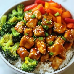 To make a tasty Teriyaki Chicken Bowl, gather these key ingredients: - 2 chicken breasts, diced - 2 tablespoons soy sauce - 2 tablespoons honey - 1 tablespoon rice vinegar - 1 tablespoon sesame oil - 1 teaspoon fresh ginger, grated - 1 teaspoon garlic, minced - 1 cup jasmine rice - 2 cups broccoli florets - 1 carrot, julienned - 1 red bell pepper, sliced - 2 green onions, sliced - Sesame seeds for garnish These ingredients work well together. The chicken gives protein, while the veggies add crunch and color. The soy sauce and honey create the sweet and savory teriyaki sauce. You will need some basic kitchen tools for this recipe: - A sharp knife for dicing - A cutting board for prep - A mixing bowl for the sauce - A non-stick skillet or wok for cooking - A pot for steaming vegetables Having the right tools makes cooking easy and fun. To make your dish look great, consider these garnishes: - Sliced green onions - A sprinkle of sesame seeds - A drizzle of extra teriyaki sauce These garnishes add flavor and a pop of color. They also make your bowl more appealing when served. Enjoy making your Teriyaki Chicken Bowl! {{ingredient_image_1}} First, measure 1 cup of jasmine rice. Rinse it under cold water until the water runs clear. This removes excess starch. Next, add the rice to a pot with 2 cups of water. Bring the water to a boil over high heat. Once boiling, turn the heat to low and cover the pot. Cook for about 15 minutes. After 15 minutes, remove the pot from heat and let it sit for 5 minutes. Fluff the rice with a fork before serving. Keep the rice warm while you make the rest of the dish. In a mixing bowl, combine 2 tablespoons of soy sauce, 2 tablespoons of honey, and 1 tablespoon of rice vinegar. Add 1 tablespoon of sesame oil, 1 teaspoon of grated fresh ginger, and 1 teaspoon of minced garlic. Whisk all the ingredients together until well blended. This sauce brings a sweet and savory flavor to your chicken. Set the teriyaki sauce aside for later use. Take 2 chicken breasts and dice them into bite-sized pieces. Heat a non-stick skillet or wok over medium-high heat. Add the diced chicken to the skillet. Cook for about 5 to 7 minutes, stirring often. Make sure the chicken is golden brown and cooked through. Once the chicken is ready, pour the teriyaki sauce over it. Let it simmer for 3 to 4 minutes. This allows the sauce to thicken and coat the chicken nicely. In another pot, bring water to a boil and set a steamer basket over it. Add 2 cups of broccoli florets, 1 julienned carrot, and 1 sliced red bell pepper to the steamer. Cover and steam for about 4 to 5 minutes. You want the vegetables to be tender but still crisp. This keeps their bright colors and nutrients intact. To assemble your teriyaki chicken bowl, start with a generous scoop of jasmine rice at the bottom. Next, add the teriyaki chicken on top of the rice. Arrange the steamed vegetables around the chicken for a colorful display. Finally, garnish the bowl with sliced green onions and a sprinkle of sesame seeds. This adds a nice crunch and extra flavor. Enjoy your meal! To cook chicken just right, use fresh chicken breasts. Dice them into small cubes. This helps them cook evenly. Heat your non-stick skillet over medium-high heat. Add a little oil if needed. Once hot, place the chicken in the pan. Cook for about 5-7 minutes. Stir occasionally until the chicken is golden and cooked through. Check the inside; it should be white, not pink. Cooking the chicken well ensures a tasty meal. To make your teriyaki sauce burst with flavor, start with quality soy sauce. Combine it with honey, rice vinegar, sesame oil, ginger, and garlic. Whisk these together in a bowl. The honey adds sweetness, while the vinegar gives it a nice tang. If you want a stronger taste, let the sauce simmer longer with the chicken. This helps the flavors blend better. A good sauce makes your chicken shine! For the best veggies, steaming is key. Steam broccoli, carrots, and red bell peppers until tender but still crisp. This keeps their color bright and crunch intact. Use a pot with a steamer basket. Place your veggies in the basket, cover, and steam for about 4-5 minutes. You want them bright and vibrant. This way, they will add great texture to your bowl. Feel free to mix different vegetables too! Pro Tips Marinate the Chicken: For enhanced flavor, marinate the diced chicken in the teriyaki sauce for at least 30 minutes before cooking. This allows the chicken to absorb more of the sauce's deliciousness. Use Fresh Vegetables: Fresh vegetables not only add vibrant color but also provide better texture and flavor. Try to choose seasonal veggies for the best taste. Adjust Sauce Thickness: If you prefer a thicker sauce, you can add a cornstarch slurry (1 tablespoon cornstarch mixed with 1 tablespoon water) to the sauce while simmering. Rice Cooking Tip: For extra fragrant rice, add a few drops of sesame oil to the cooking water or a pinch of salt to enhance the overall flavor of the jasmine rice. {{image_2}} You can swap chicken for other proteins. Tofu works great for a vegetarian option. Just press it to remove water and cube it. For beef, use thin strips of sirloin. Cook it quickly for a tender bite. Both options will soak up the teriyaki sauce well. Mixing up the veggies makes this dish fun. You might use snap peas, mushrooms, or zucchini. Each adds a unique taste and texture. Feel free to use what you have on hand. The goal is to keep it colorful and crunchy. Consider using quinoa or brown rice for a twist. Quinoa adds a nutty flavor and packs more protein. Brown rice gives a hearty texture. Just remember to adjust cooking times. Each grain has its own needs, but both are healthy swaps. To keep your Teriyaki Chicken Bowl fresh, use airtight containers. Allow the food to cool down before sealing. Store the bowl in the fridge for up to three days. If you want to keep it longer, consider freezing it. When you're ready to eat, take out the bowl. You can reheat it in the microwave. Heat it on medium power for about two to three minutes. Stir halfway through to ensure even warming. If you prefer, you can reheat it on the stove. Add a splash of water to keep it moist. Heat over low until warmed through. If you want to freeze your bowl, do it before adding the veggies. Cooked chicken and rice freeze well. Place them in a freezer bag or container. To thaw, leave it in the fridge overnight. You can also use the microwave on the defrost setting. After thawing, add fresh veggies and heat it up. This way, your meal stays tasty and fresh. A Teriyaki Chicken Bowl is a warm and savory dish. It features diced chicken cooked in a sweet teriyaki sauce. This bowl includes jasmine rice and fresh vegetables, like broccoli and bell peppers. The bright colors and flavors make it very appealing. To make a gluten-free Teriyaki Chicken Bowl, use gluten-free soy sauce. You can find it in most stores. Make sure to check the labels, as some sauces contain gluten. The rest of the ingredients are already gluten-free. Yes, you can prepare the teriyaki sauce in advance. Mix all the sauce ingredients and store it in a jar. Keep it in the fridge for up to one week. This saves time when you are ready to cook. Some great sides for Teriyaki Chicken Bowls include: - Steamed edamame - Miso soup - Cucumber salad - Seaweed salad These sides add freshness and flavor to your meal. Yes, you can easily make a vegetarian Teriyaki Bowl. Replace chicken with tofu or tempeh. Cook them the same way you would the chicken. You can also add more vegetables for extra nutrients and colors. In this post, we explored how to make a tasty Teriyaki Chicken Bowl. We covered main ingredients, step-by-step cooking, and helpful tips. You can also try different proteins, vegetables, and grains. Proper storage ensures your meal stays fresh. With these easy methods and variations, you can enjoy this dish anytime. Dive into the flavors and customize your bowl. Enjoy your cooking adventure!