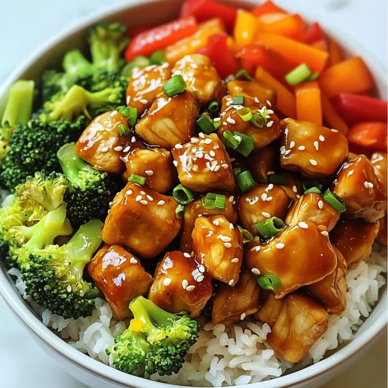 To make a tasty Teriyaki Chicken Bowl, gather these key ingredients: - 2 chicken breasts, diced - 2 tablespoons soy sauce - 2 tablespoons honey - 1 tablespoon rice vinegar - 1 tablespoon sesame oil - 1 teaspoon fresh ginger, grated - 1 teaspoon garlic, minced - 1 cup jasmine rice - 2 cups broccoli florets - 1 carrot, julienned - 1 red bell pepper, sliced - 2 green onions, sliced - Sesame seeds for garnish These ingredients work well together. The chicken gives protein, while the veggies add crunch and color. The soy sauce and honey create the sweet and savory teriyaki sauce. You will need some basic kitchen tools for this recipe: - A sharp knife for dicing - A cutting board for prep - A mixing bowl for the sauce - A non-stick skillet or wok for cooking - A pot for steaming vegetables Having the right tools makes cooking easy and fun. To make your dish look great, consider these garnishes: - Sliced green onions - A sprinkle of sesame seeds - A drizzle of extra teriyaki sauce These garnishes add flavor and a pop of color. They also make your bowl more appealing when served. Enjoy making your Teriyaki Chicken Bowl! {{ingredient_image_1}} First, measure 1 cup of jasmine rice. Rinse it under cold water until the water runs clear. This removes excess starch. Next, add the rice to a pot with 2 cups of water. Bring the water to a boil over high heat. Once boiling, turn the heat to low and cover the pot. Cook for about 15 minutes. After 15 minutes, remove the pot from heat and let it sit for 5 minutes. Fluff the rice with a fork before serving. Keep the rice warm while you make the rest of the dish. In a mixing bowl, combine 2 tablespoons of soy sauce, 2 tablespoons of honey, and 1 tablespoon of rice vinegar. Add 1 tablespoon of sesame oil, 1 teaspoon of grated fresh ginger, and 1 teaspoon of minced garlic. Whisk all the ingredients together until well blended. This sauce brings a sweet and savory flavor to your chicken. Set the teriyaki sauce aside for later use. Take 2 chicken breasts and dice them into bite-sized pieces. Heat a non-stick skillet or wok over medium-high heat. Add the diced chicken to the skillet. Cook for about 5 to 7 minutes, stirring often. Make sure the chicken is golden brown and cooked through. Once the chicken is ready, pour the teriyaki sauce over it. Let it simmer for 3 to 4 minutes. This allows the sauce to thicken and coat the chicken nicely. In another pot, bring water to a boil and set a steamer basket over it. Add 2 cups of broccoli florets, 1 julienned carrot, and 1 sliced red bell pepper to the steamer. Cover and steam for about 4 to 5 minutes. You want the vegetables to be tender but still crisp. This keeps their bright colors and nutrients intact. To assemble your teriyaki chicken bowl, start with a generous scoop of jasmine rice at the bottom. Next, add the teriyaki chicken on top of the rice. Arrange the steamed vegetables around the chicken for a colorful display. Finally, garnish the bowl with sliced green onions and a sprinkle of sesame seeds. This adds a nice crunch and extra flavor. Enjoy your meal! To cook chicken just right, use fresh chicken breasts. Dice them into small cubes. This helps them cook evenly. Heat your non-stick skillet over medium-high heat. Add a little oil if needed. Once hot, place the chicken in the pan. Cook for about 5-7 minutes. Stir occasionally until the chicken is golden and cooked through. Check the inside; it should be white, not pink. Cooking the chicken well ensures a tasty meal. To make your teriyaki sauce burst with flavor, start with quality soy sauce. Combine it with honey, rice vinegar, sesame oil, ginger, and garlic. Whisk these together in a bowl. The honey adds sweetness, while the vinegar gives it a nice tang. If you want a stronger taste, let the sauce simmer longer with the chicken. This helps the flavors blend better. A good sauce makes your chicken shine! For the best veggies, steaming is key. Steam broccoli, carrots, and red bell peppers until tender but still crisp. This keeps their color bright and crunch intact. Use a pot with a steamer basket. Place your veggies in the basket, cover, and steam for about 4-5 minutes. You want them bright and vibrant. This way, they will add great texture to your bowl. Feel free to mix different vegetables too! Pro Tips Marinate the Chicken: For enhanced flavor, marinate the diced chicken in the teriyaki sauce for at least 30 minutes before cooking. This allows the chicken to absorb more of the sauce's deliciousness. Use Fresh Vegetables: Fresh vegetables not only add vibrant color but also provide better texture and flavor. Try to choose seasonal veggies for the best taste. Adjust Sauce Thickness: If you prefer a thicker sauce, you can add a cornstarch slurry (1 tablespoon cornstarch mixed with 1 tablespoon water) to the sauce while simmering. Rice Cooking Tip: For extra fragrant rice, add a few drops of sesame oil to the cooking water or a pinch of salt to enhance the overall flavor of the jasmine rice. {{image_2}} You can swap chicken for other proteins. Tofu works great for a vegetarian option. Just press it to remove water and cube it. For beef, use thin strips of sirloin. Cook it quickly for a tender bite. Both options will soak up the teriyaki sauce well. Mixing up the veggies makes this dish fun. You might use snap peas, mushrooms, or zucchini. Each adds a unique taste and texture. Feel free to use what you have on hand. The goal is to keep it colorful and crunchy. Consider using quinoa or brown rice for a twist. Quinoa adds a nutty flavor and packs more protein. Brown rice gives a hearty texture. Just remember to adjust cooking times. Each grain has its own needs, but both are healthy swaps. To keep your Teriyaki Chicken Bowl fresh, use airtight containers. Allow the food to cool down before sealing. Store the bowl in the fridge for up to three days. If you want to keep it longer, consider freezing it. When you're ready to eat, take out the bowl. You can reheat it in the microwave. Heat it on medium power for about two to three minutes. Stir halfway through to ensure even warming. If you prefer, you can reheat it on the stove. Add a splash of water to keep it moist. Heat over low until warmed through. If you want to freeze your bowl, do it before adding the veggies. Cooked chicken and rice freeze well. Place them in a freezer bag or container. To thaw, leave it in the fridge overnight. You can also use the microwave on the defrost setting. After thawing, add fresh veggies and heat it up. This way, your meal stays tasty and fresh. A Teriyaki Chicken Bowl is a warm and savory dish. It features diced chicken cooked in a sweet teriyaki sauce. This bowl includes jasmine rice and fresh vegetables, like broccoli and bell peppers. The bright colors and flavors make it very appealing. To make a gluten-free Teriyaki Chicken Bowl, use gluten-free soy sauce. You can find it in most stores. Make sure to check the labels, as some sauces contain gluten. The rest of the ingredients are already gluten-free. Yes, you can prepare the teriyaki sauce in advance. Mix all the sauce ingredients and store it in a jar. Keep it in the fridge for up to one week. This saves time when you are ready to cook. Some great sides for Teriyaki Chicken Bowls include: - Steamed edamame - Miso soup - Cucumber salad - Seaweed salad These sides add freshness and flavor to your meal. Yes, you can easily make a vegetarian Teriyaki Bowl. Replace chicken with tofu or tempeh. Cook them the same way you would the chicken. You can also add more vegetables for extra nutrients and colors. In this post, we explored how to make a tasty Teriyaki Chicken Bowl. We covered main ingredients, step-by-step cooking, and helpful tips. You can also try different proteins, vegetables, and grains. Proper storage ensures your meal stays fresh. With these easy methods and variations, you can enjoy this dish anytime. Dive into the flavors and customize your bowl. Enjoy your cooking adventure!