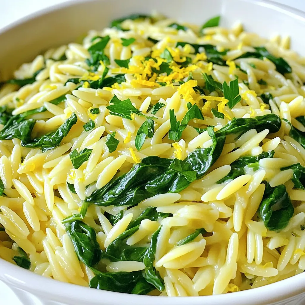 - 1 cup orzo pasta - 1 cup fresh spinach, packed - 4 cups vegetable broth The main ingredients create a tasty base. Orzo pasta is small and cooks quickly. Fresh spinach adds color and nutrition. Vegetable broth gives it a rich flavor. - 2 tablespoons olive oil - 2 cloves garlic, minced - 1 medium lemon (zested and juiced) Flavor enhancers make this dish special. Olive oil adds smoothness. Garlic gives a nice aroma. Lemon juice and zest bring bright, zesty notes. - 1 teaspoon dried oregano - Salt and pepper to taste - ¼ cup grated Parmesan cheese (optional) Seasonings make every bite better. Oregano adds an earthy taste. Salt and pepper balance the flavors. Grated Parmesan cheese gives a creamy finish, if you want it. This dish is simple but packs a punch with its flavors. Each ingredient plays a role in making this orzo shine. First, we heat 2 tablespoons of olive oil in a large pot over medium heat. Then, add 2 cloves of minced garlic. Sauté the garlic for about 1 minute. You want it fragrant, but not browned. Browning can make garlic bitter, so keep an eye on it. Next, it’s time to add 1 cup of orzo pasta. Stir the orzo for about 2 minutes. This toasting step adds a lovely nutty flavor to the orzo. Now, pour in 4 cups of vegetable broth. Bring the mix to a boil. Once boiling, reduce the heat to a simmer and cover the pot. Let it cook for about 10-12 minutes. Stir occasionally to prevent sticking. The orzo should be tender and most of the liquid absorbed. Once the orzo is cooked, stir in 1 cup of fresh spinach. Also, add the juice and zest of 1 medium lemon. Cook for an additional 2 minutes. You want the spinach to wilt nicely. Now, season the dish with 1 teaspoon of dried oregano, and sprinkle in salt and pepper to taste. If you want, you can add ¼ cup of grated Parmesan cheese. Stir until it melts and mixes well. For a pretty finish, let it sit for a couple of minutes to thicken. When serving, add fresh parsley on top for a burst of color. To avoid mushy pasta, follow these key tips. First, always use the right amount of liquid. For orzo, use about four cups of broth for one cup of pasta. This ratio helps the orzo absorb flavors without becoming too soft. Second, stir the orzo while it cooks. This action prevents it from sticking together. Stirring also helps the pasta cook evenly. Want to make your dish more hearty? Try adding proteins like cooked chicken or shrimp. These additions boost flavor and nutrition. You can also mix in other vegetables. Peas, bell peppers, or cherry tomatoes work well. They add color and texture, making the dish even more appealing. How you serve the dish can elevate its charm. Use a large bowl or individual plates for serving. Drizzle extra olive oil on top for a glossy finish. Garnish with fresh parsley and additional lemon zest. This not only adds flavor but also enhances the visual appeal. A beautiful plate makes every bite more enjoyable. {{image_2}} To make this dish vegan, simply swap the Parmesan cheese for a vegan alternative. Nutritional yeast adds a cheesy flavor without dairy. For a gluten-free version, use gluten-free orzo. Many brands make great options that taste just as good. If you like heat, add red pepper flakes or diced jalapeños. This spice really wakes up the dish. For herb variations, try using fresh basil or thyme instead of oregano. Each herb adds its own twist and brightens the taste. In summer, toss in fresh zucchini or cherry tomatoes. These veggies add color and sweetness. For winter, consider adding roasted butternut squash or kale. They make the dish heartier and perfect for colder days. You can keep One Pot Lemon Orzo with Spinach in the fridge for up to four days. Let it cool before storing. Use an airtight container to keep it fresh. This helps maintain its taste and texture. Yes, you can freeze cooked orzo. Place it in a freezer-safe bag or container. It can last for up to three months. When you’re ready to enjoy it, thaw it overnight in the fridge. Reheat on the stove or in the microwave. Add a splash of broth to keep it moist. To prepare ahead of time, cook the orzo and let it cool. Portion it into containers for quick meals. You can also chop spinach and zest the lemon before cooking. This saves time on busy days. Keep the ingredients separate until you are ready to combine them for the best flavor. To make this dish, start by heating olive oil in a large pot. Add minced garlic and cook for one minute. Next, stir in orzo pasta for about two minutes until it gets a light toast. Pour in vegetable broth and bring it to a boil. Lower the heat and cover, cooking for 10-12 minutes until the orzo is soft. After that, mix in fresh spinach, lemon juice, and lemon zest. Let it cook for two more minutes until the spinach wilts. Season with oregano, salt, and pepper. Optionally, add Parmesan cheese for creaminess. Finally, garnish with parsley before serving. Yes, you can use other pasta if you want. Some good alternatives are ditalini, farfalle, or even penne. Each pasta has a different shape and texture. This change can give your dish a new look and feel. Just remember to adjust the cooking time based on the pasta you choose. This orzo dish pairs well with many sides. A fresh green salad adds a nice crunch. You could also serve it with grilled chicken or fish for protein. A slice of crusty bread would make a great addition too. For something light, try serving it with roasted vegetables. This adds color and nutrition to your meal. This blog post guides you through making a tasty One Pot Lemon Orzo with Spinach. We covered ingredients like orzo, spinach, and garlic, as well as seasoning tips and variations. Remember to pay attention to cooking times to avoid mushy pasta. You can customize this dish with proteins or seasonal veggies. Storing leftovers is easy with our fridge and freezer tips. Enjoy this simple meal that suits any diet, and feel free to experiment with flavors and toppings. Cooking can be fun and fulfilling, so get creative with your kitchen adventures!