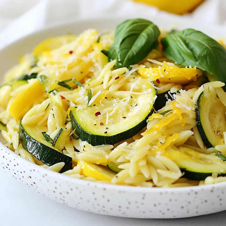 To make Zucchini Lemon Orzo, you will need these fresh and simple ingredients: - Orzo pasta - Zucchini - Olive oil - Garlic - Vegetable broth - Lemon - Parmesan cheese (optional) - Seasonings - Garnish Each ingredient plays a key role in creating a flavorful dish. The orzo pasta gives you a nice bite, while zucchini adds texture and freshness. Olive oil brings richness, and garlic adds depth to the flavor. The vegetable broth keeps it light yet savory. The lemon brings a bright zing, balancing the dish perfectly. If you choose to add Parmesan cheese, it melts in beautifully, providing a creamy finish. You can season with salt and pepper to taste, and fresh herbs or a pinch of red pepper flakes can add a touch of flair. With these ingredients ready, you can create a dish that is not only delicious but also visually appealing. Remember, fresh ingredients make all the difference in this recipe! {{ingredient_image_1}} 1. Start by bringing a large pot of salted water to a boil. 2. Once the water boils, add 1 cup of orzo pasta. Cook it according to the package instructions until it is al dente. This usually takes about 8 to 10 minutes. 3. After cooking, drain the orzo in a colander. Set it aside while you prepare the other ingredients. 1. In a large skillet, heat 1 tablespoon of olive oil over medium heat. 2. When the oil is hot, add 2 cloves of minced garlic. Sauté it for about 1 minute until it smells great. 3. Next, add 2 medium zucchinis, diced into small pieces. Cook these for 3 to 4 minutes. Stir them occasionally until they are tender but still crisp. 4. Pour in 1 cup of vegetable broth. Bring it to a gentle simmer and let it reduce for about 2 to 3 minutes. 1. Add the drained orzo back into the skillet with the zucchini and broth mixture. 2. Squeeze in the juice of 1 lemon and add the lemon zest. If you like some heat, add a pinch of red pepper flakes. 3. Stir everything well to mix the flavors. 4. Remove the skillet from heat. If you want, toss in ¼ cup of grated Parmesan cheese. Stir until it melts and makes the dish creamy. 5. Season with salt and pepper to taste. Your Zucchini Lemon Orzo is now ready to enjoy! To make your zucchini tender, cook it just right. You want it soft but still crisp. This keeps the flavor bright. Cook the zucchini for about 3-4 minutes. Stir it often while it cooks. This way, it won’t get mushy. For the orzo, you want it al dente. This means it should have a little bite to it. Follow the cooking time on the package. After cooking, drain the orzo and set it aside. This helps keep it from getting too soft. To boost flavor, use fresh herbs like basil or parsley. You can also add a pinch of red pepper flakes for heat. Fresh lemon juice is the best choice. It gives a bright taste. Bottled lemon juice lacks the same zing. Zest the lemon for even more flavor. The zest adds a nice aroma. Pair this dish with grilled chicken or shrimp for protein. It makes a great meal. You can also serve it as a side dish. For a fun twist, try it in a lettuce wrap. Just scoop the orzo into the leaves. Top it with fresh herbs for a colorful look. This adds a nice crunch! Pro Tips Tip on Zucchini Prep: For the best texture, choose medium-sized zucchinis and avoid overcooking them; they should be tender yet crisp. Tip for Orzo Cooking: Make sure to salt your water generously when cooking orzo; it adds flavor to the pasta during cooking. Lemon Zest Usage: Use a microplane to zest the lemon, which gives you a finer texture and more intense flavor without the bitter pith. Garnishing Tips: Add fresh basil leaves just before serving to maintain their vibrant color and fresh aroma, enhancing the dish visually and in flavor. {{image_2}} You can customize this dish with various vegetables. Try adding bell peppers, cherry tomatoes, or spinach. These veggies will add color and flavor. You can also use seasonal veggies like asparagus in spring or squash in fall. The key is to keep the cooking time in mind. Softer veggies need less cooking time than the zucchini. Want to make this dish heartier? Add protein! Grilled chicken or shrimp pairs well with the fresh flavors. Simply cook the protein separately and mix it in at the end. For a vegetarian option, consider chickpeas or white beans. They add protein and a nice texture. If you're looking for a vegan version, it's simple! Omit the Parmesan cheese or use a vegan substitute. Nutritional yeast is a great option for a cheesy flavor without dairy. Also, replace the vegetable broth with water or a homemade vegetable stock. This keeps the dish light and fresh while staying vegan-friendly. Store your Zucchini Lemon Orzo in a tight container. Glass or plastic containers work well. Make sure the dish is cool before sealing. It will stay fresh in the fridge for about 3 to 4 days. Check for any signs of spoilage before eating. You can freeze Zucchini Lemon Orzo for longer storage. Let the dish cool completely before freezing. Scoop it into freezer-safe bags or containers. Flatten the bags to save space. It can last up to 2 months in the freezer. To reheat, thaw it in the fridge overnight. Warm it on the stovetop with a splash of broth. Zucchini Lemon Orzo is great for meal prep. Cook a big batch and store it for the week. You can mix it with grilled chicken or shrimp for added protein. Divide it into portions for easy lunches or dinners. Add fresh herbs or a squeeze of lemon before serving for extra flavor. Yes, you can use other pasta types. Try using penne, fusilli, or even spaghetti. Cook these according to their package instructions. Adjust the cooking time as needed. This way, you can enjoy the same great flavors with your favorite pasta shape. To make this dish gluten-free, swap out orzo for gluten-free pasta. Many brands offer great alternatives made from rice or corn. Just follow the cooking time on the package. This keeps the dish tasty and safe for those with gluten sensitivities. Leftovers are a great way to get creative! Try mixing Zucchini Lemon Orzo into a salad. You can also use it as a filling for wraps or stuffed peppers. Reheat it with a bit of broth for a quick soup. The options are endless, and it’s just as delicious the next day! This blog post covered a simple and tasty Zucchini Lemon Orzo recipe. We explored each ingredient, ensuring you have everything you need. You learned how to cook orzo and sauté zucchini, then combine them for a delicious dish. Tips and tricks helped you perfect texture and flavor, while variations opened up creative possibilities. Lastly, we discussed storage and meal prep to make your cooking life easier. Embrace these ideas and enjoy your cooking adventures!