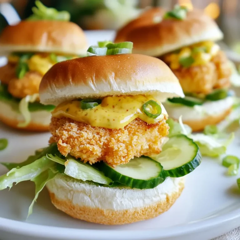 - 1 pound boneless chicken thighs - 1 tablespoon cornstarch - 1 teaspoon garlic powder - 1 teaspoon paprika - Salt and pepper to taste - 1 cup panko breadcrumbs - 1 cup lettuce leaves, shredded - 1/2 cup sliced cucumbers - 1/4 cup sliced green onions - 1/4 cup mayonnaise - 2 tablespoons sweet chili sauce - 6-8 slider buns (mini burger buns) For Bang Bang Chicken Sliders, start with fresh chicken thighs. I like the thighs because they stay juicy. The cornstarch adds crunch. Garlic powder and paprika give great flavor. Salt and pepper are a must for seasoning. Panko breadcrumbs create a crispy outer layer. - Sliced tomatoes - Avocado slices - Pickled jalapeños - Fresh cilantro - Sesame seeds Feel free to add toppings based on your taste. Sliced tomatoes add freshness. Avocado gives creaminess. Pickled jalapeños add heat. Fresh cilantro brings brightness. A sprinkle of sesame seeds adds a nice crunch. - Sweet potato fries - Coleslaw - Corn on the cob - Vegetable sticks with dip - Chips and salsa Pair these sliders with sides that complement their flavor. Sweet potato fries add sweetness. Coleslaw adds crunch and creaminess. Corn on the cob is a fun touch. Vegetable sticks with dip offer a healthy option. Chips and salsa keep things casual. {{ingredient_image_1}} 1. First, preheat your oven to 400°F (200°C). Line a baking sheet with parchment paper. 2. Take 1 pound of boneless chicken thighs and place them in a bowl. 3. Add 1 teaspoon of garlic powder, 1 teaspoon of paprika, and salt and pepper to taste. 4. Toss the chicken until it is well coated with the spices. 5. Sprinkle 1 tablespoon of cornstarch over the chicken. Mix it in until the chicken is covered. 6. Get 1 cup of panko breadcrumbs ready in a plate or shallow dish. 1. Dredge each seasoned chicken thigh in the panko breadcrumbs. Press firmly for a good coating. 2. Place the breaded chicken on the lined baking sheet. 3. Bake in the preheated oven for 20-25 minutes. Flip the chicken halfway through for even cooking. 4. Once they turn golden brown and are cooked through, take them out. Let them rest for a few minutes. 5. Slice the chicken thighs into smaller pieces for your sliders. 1. Take your slider buns and spread a thin layer of Bang Bang sauce on the bottom of each bun. 2. Place a piece of the sliced chicken on top of the sauce. 3. Add a handful of shredded lettuce, a few slices of cucumber, and some green onions. 4. Cap each slider with the top half of the bun. 5. Serve your sliders right away with extra Bang Bang sauce on the side for dipping. This method gives you tasty, quick Bang Bang Chicken Sliders. Enjoy every bite! To get crispy chicken thighs, start with boneless thighs. Pat them dry with paper towels. This helps the coating stick. Season the chicken well with garlic powder, paprika, salt, and pepper. Then, coat them in cornstarch. This will make the chicken extra crispy. Use panko breadcrumbs for the best crunch. Press the breadcrumbs onto the chicken firmly. Bake them at 400°F for 20-25 minutes. Flip them halfway for even browning. Let them rest before slicing. This keeps them juicy. The Bang Bang sauce is simple and tasty. Mix mayonnaise with sweet chili sauce in a bowl. Start with 1/4 cup of mayonnaise and 2 tablespoons of sweet chili sauce. Stir until smooth. Taste it and adjust if needed. You can add more sweet chili sauce for sweetness. If you like heat, add a bit of sriracha. This sauce pairs perfectly with the crispy chicken. It adds a creamy and spicy kick. When assembling sliders, start with a nice base. Spread a thin layer of Bang Bang sauce on the bottom bun. This adds flavor and keeps the slider from getting soggy. Place a piece of crispy chicken on top. Add shredded lettuce for crunch. Then, add cucumber slices for freshness. Top with sliced green onions for a burst of flavor. Cap it with the top bun, and you’re ready to serve. Arrange them on a platter with extra sauce for dipping. Enjoy these sliders fresh for the best taste! Pro Tips Choose the Right Chicken: Boneless chicken thighs are juicy and flavorful, making them perfect for sliders. If you prefer a leaner option, you can substitute with chicken breasts, but be mindful not to overcook them. Ensure a Crisp Coating: Press the panko breadcrumbs firmly onto the chicken for a crunchier texture. For an even crispier finish, you can lightly spray the coated chicken with cooking oil before baking. Customize the Bang Bang Sauce: Feel free to adjust the sweetness and spiciness of the Bang Bang sauce by adding more chili sauce or even a squeeze of lime juice for an extra zing. Assembly Matters: For the best slider experience, layer the ingredients thoughtfully. Start with sauce, then chicken, followed by veggies, ensuring each bite is balanced and flavorful. {{image_2}} To make your Bang Bang Chicken sliders spicy, add some heat to the sauce. Mix in sriracha or a dash of cayenne pepper. You can also use spicy chili sauce instead of sweet chili sauce. This will give your sliders a tasty kick. Adjust the amount of spice to fit your taste. You can switch the chicken for other proteins. For a vegetarian option, use firm tofu. Press and cut the tofu into strips. Marinate it in the same spices. Then, coat it in panko and bake as you would the chicken. For shrimp lovers, use large shrimp. Toss them in the spices and bake until pink and cooked through. To make these sliders gluten-free, use gluten-free breadcrumbs instead of panko. You can also choose gluten-free buns. Make sure to check labels when buying sauces. Many sauces contain gluten, so look for certified gluten-free options. This way, everyone can enjoy these tasty sliders! To store leftover sliders, place them in an airtight container. Keep the sliders in the fridge. Make sure to separate the chicken from the bun if you can. This helps keep the bread from getting soggy. Leftovers are best eaten within two days. Reheat your sliders in the oven for the best taste. Preheat the oven to 350°F (175°C). Place the sliders on a baking sheet. Heat them for about 10-15 minutes. You can also use a microwave. Just warm them for 30-60 seconds. This method may make the bun soft. If you want to freeze the sliders, wrap each one tightly in plastic wrap. Then, place them in a freezer bag. They can last for up to two months. When ready to eat, thaw in the fridge overnight. Then reheat as mentioned above. This keeps the flavors fresh and tasty. Bang Bang sauce is simple yet tasty. It has just two main ingredients: mayonnaise and sweet chili sauce. I mix equal parts of both for a creamy and sweet kick. You can adjust the amount of sweet chili sauce to make it spicier or milder. Yes, you can make the sliders ahead of time! I suggest cooking the chicken and preparing the sauce. Store them separately in the fridge. When you’re ready to serve, just assemble the sliders. They still taste great! To make the chicken less spicy, reduce the sweet chili sauce in the Bang Bang sauce. You could also add more mayonnaise. This will balance the heat and keep it creamy. Mini burger buns work best for sliders. They are soft and hold the filling well. You can also try Hawaiian rolls for a sweeter taste. Just make sure they are sturdy enough to hold all the toppings! In this blog post, we covered all you need for delicious Bang Bang Chicken Sliders. We explored the key ingredients, optional toppings, and the best side dishes. You learned step-by-step how to prepare, cook, and assemble sliders for a tasty meal. We also offered tips for crispy chicken, perfect sauce, and smart assembly. You can customize your sliders with variations like spicy options or gluten-free choices. Finally, we shared storage tips for leftovers. With this guide, you are ready to make sliders that impress!