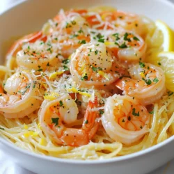 - 1 pound large shrimp, peeled and deveined - 4 tablespoons unsalted butter - 4 cloves garlic, minced - 1 tablespoon lemon zest - 1/4 cup lemon juice (freshly squeezed) - 1/4 teaspoon red pepper flakes (optional) - Salt and pepper to taste - 1/2 cup fresh parsley, chopped - 8 ounces spaghetti or linguine - Grated Parmesan cheese for serving (optional) In this dish, we use large shrimp for that juicy bite. The unsalted butter adds a rich flavor. Garlic gives it a nice kick. Fresh lemon zest and juice brighten the dish. Red pepper flakes can add a hint of heat if you want. Fresh parsley brings color and freshness. Spaghetti or linguine makes the perfect base. And don't forget Parmesan cheese for a creamy finish! Gather these ingredients, and you are ready to create a quick and tasty meal. Each one plays a role in making your Minute Shrimp Scampi shine. {{ingredient_image_1}} 1. Boiling the water: Start by filling a large pot with water. Add a good pinch of salt. Bring the water to a rapid boil over high heat. This step is key for flavorful pasta. 2. Cooking until al dente: Once boiling, add your spaghetti or linguine. Cook according to the package instructions until it is al dente. This means it should still have a little bite to it. 3. Reserving pasta water: Before you drain the pasta, save about 1/2 cup of the pasta water. This starchy water helps to thicken your sauce later. 1. Sautéing garlic in butter: In a large skillet, melt 4 tablespoons of unsalted butter over medium heat. Once melted, add 4 cloves of minced garlic. Sauté for 1-2 minutes until it smells great and is lightly golden. Be careful not to burn it, as burnt garlic can taste bitter. 2. Cooking the shrimp: Add 1 pound of peeled and deveined shrimp to the skillet in a single layer. Season with salt, pepper, and red pepper flakes if you like a little heat. Let the shrimp cook for 2-3 minutes without stirring. They should start turning pink. 3. Adding lemon zest and juice: Flip the shrimp over and add 1 tablespoon of lemon zest and 1/4 cup of freshly squeezed lemon juice. Stir everything together and cook for another 2-3 minutes until the shrimp are fully cooked and opaque. 1. Tossing with pasta: Add the drained pasta to the skillet. Toss everything together well, making sure the pasta is coated in the garlic-lemon sauce. 2. Adjusting sauce consistency: If the sauce looks too thick, add a little bit of the reserved pasta water. Stir until you reach your desired sauce thickness. 3. Final touches before serving: Mix in 1/2 cup of chopped fresh parsley. Taste and adjust the seasoning with more salt or pepper if needed. Serve hot, garnished with extra parsley and grated Parmesan cheese if you like. Using fresh ingredients is crucial for great taste. Always choose fresh shrimp. Fresh shrimp have a mild, sweet flavor. They add a nice touch to your dish. Fresh garlic gives a strong aroma, enhancing the overall taste. Use fresh lemon juice and zest for brightness. The acidity from lemon helps balance the dish. It cuts through the richness of the butter. To balance flavors, use salt carefully. Too much salt can overpower the dish. Start with a pinch and taste as you go. Acidity from lemon juice brightens the dish. It adds a refreshing contrast to the rich butter and shrimp. Cooking shrimp perfectly is key. Shrimp cook fast; they only need 2-3 minutes on each side. They turn pink when done. Overcooking shrimp makes them rubbery. Watch them closely as they cook. Avoid overcooking garlic, too. Sauté it for just 1-2 minutes until golden. If garlic burns, it becomes bitter. This can ruin your dish. Keep the heat moderate to cook garlic without burning. Presentation makes your dish appealing. Serve your shrimp scampi in a large pasta bowl. This gives it a nice, inviting look. Garnish with fresh lemon slices for color. They add a vibrant touch. Use extra parsley on top. It brightens the dish, making it look fresh. If you like, sprinkle grated Parmesan cheese over the top. This adds flavor and makes the dish feel gourmet. Pro Tips Fresh Shrimp is Key: Always opt for fresh or high-quality frozen shrimp for the best flavor and texture. Don't Overcook: Shrimp cook very quickly; remove them from the heat as soon as they turn pink and opaque to avoid a rubbery texture. Enhance the Sauce: For extra flavor, add a splash of white wine or a pinch of capers to the butter and garlic before adding shrimp. Perfect Pasta Pairing: Reserve some pasta water to adjust the sauce's consistency, helping it cling better to the noodles. {{image_2}} If you want to change things up, you can switch out the shrimp. You might try chicken or firm tofu. Both options will soak up the sauce well. They also add a nice texture. For pasta, I love using gluten-free options. Rice noodles or gluten-free spaghetti work great. They taste good and are easy to find. This way, everyone can enjoy the dish. Want to add more color and taste? Throw in some spinach or cherry tomatoes. These veggies cook fast and add a nice pop. You can also use fresh basil or oregano for a different taste. They bring a lovely aroma and flavor to the dish. When serving Minute Shrimp Scampi, I like to pair it with a simple salad. A fresh green salad with lemon vinaigrette works well. It balances the rich flavors of the scampi. For wine lovers, a crisp white wine is perfect. A Sauvignon Blanc or Pinot Grigio pairs nicely. These wines enhance the lemon and garlic notes in the dish. To keep your shrimp scampi fresh, store it in the fridge. Use an airtight container. Make sure it cools down first. This helps prevent sogginess. You can enjoy leftovers for up to three days. For longer storage, freezing works well. Place the shrimp scampi in a freezer-safe container. Leave some space at the top for expansion. It can last up to three months in the freezer. To reheat without drying out, use the stove. Heat a skillet over medium heat. Add a splash of water or broth to keep it moist. Stir often until it is warm. You can also use the microwave. Place it in a microwave-safe dish. Cover it with a damp paper towel. Heat in short bursts of 30 seconds, stirring in between. This helps keep the shrimp juicy. To refresh the flavors, squeeze some lemon juice on top. Add fresh parsley or a sprinkle of salt, if needed. Refrigerated leftovers last about three days. After that, check for spoilage. Signs include a sour smell, slimy texture, or discoloration. If you see any of these, it’s best to toss it. If frozen, eat it within three months for the best taste. Always label and date your containers. This helps you keep track of how long it has been stored. Shrimp scampi cooks very quickly. You can cook it in about 10 minutes. First, cook the pasta for 8 minutes. Then, the shrimp take only 4 to 6 minutes in the pan. It's fast and perfect for busy nights. You can prepare some parts ahead of time. You can cook the pasta and store it. Cook the shrimp just before serving for the best taste. If you make it all ahead, it may not taste as fresh. You can use olive oil instead of butter. It adds a nice flavor and keeps it light. You can also try vegan butter for a dairy-free option. Both work well and keep the dish tasty. Shrimp scampi can be a healthy dish. Shrimp is low in calories and high in protein. Use less butter to make it lighter. Fresh herbs and lemon juice add nutrients, too. It’s a smart choice for a quick meal. Yes, frozen shrimp work great! Just make sure to thaw them first. You can run them under cold water to speed it up. Frozen shrimp cook the same way as fresh shrimp and taste delicious. You now know how to make a delicious shrimp scampi. We covered key ingredients, cooking steps, and helpful tips. You learned to perfect flavors and enhance the dish with variations. Remember to store leftovers properly and reheat them for the best taste. With these insights, you can impress anyone at dinner. Enjoy creating this meal and explore your own twists to make it special!