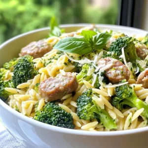 For this dish, I use 1 pound of chicken sausage, sliced. You can pick spicy or mild sausage, depending on your taste. This choice sets the stage for a rich flavor. The sausage adds protein and savory notes that blend well with the other ingredients. Next, we need 2 cups of broccoli florets. Broccoli brightens the dish and adds crunch. It also packs a nutritious punch, making this meal both tasty and healthy. We also use 3 cloves of minced garlic to give the dish depth. You can add 1 teaspoon of red pepper flakes if you'd like some heat, but it's optional. For the pasta, we’ll use 1 cup of orzo. This tiny pasta cooks quickly and absorbs flavors well. To enhance the dish, we add 1 teaspoon of dried oregano. Season with salt and pepper to taste. Finally, stir in ¼ cup of grated Parmesan cheese for creaminess. This will make each bite delightful. Don’t forget to garnish with fresh basil leaves before serving! {{ingredient_image_1}} Start by heating 2 tablespoons of olive oil in a large pot over medium heat. Add 1 pound of sliced chicken sausage. You can choose spicy or mild sausage based on your taste. Cook the sausage for 5 to 7 minutes until it turns brown. This step gives the dish a nice flavor. Next, add 3 cloves of minced garlic and 1 teaspoon of red pepper flakes if you like heat. Sauté for 1 to 2 minutes until the garlic smells good. Now it's time to add the orzo. Stir in 1 cup of orzo pasta and cook it for 1 minute. This toasts the orzo slightly, enhancing its taste. Then, pour in 4 cups of chicken or vegetable broth. Bring the mixture to a boil, and then lower the heat. Let it simmer for about 10 minutes. Stir occasionally until the orzo absorbs most of the liquid. After the orzo is cooked, add 2 cups of broccoli florets and 1 teaspoon of dried oregano. Cook for an additional 5 minutes. The broccoli should become tender and bright green. Season with salt and pepper to your liking. Finally, stir in ¼ cup of grated Parmesan cheese until it melts and makes the dish creamy. Remove from heat and let it sit for a couple of minutes. This allows the dish to thicken slightly. Serve hot, and top it with fresh basil leaves for a lovely finish. When picking chicken sausage, consider the flavor. You can go spicy or mild. I prefer spicy for a kick. Look for sausages made with natural ingredients. Check the label for fillers or additives. A good sausage should have a rich flavor and a juicy texture. Cooking broccoli is simple, but it needs care. First, cut the broccoli into small florets. This helps them cook evenly. I like to steam or blanch them. Boil water, add broccoli, and cook for just 2-3 minutes. This keeps the bright green color and crunch. After cooking, quickly place them in ice water. This stops the cooking process and keeps them fresh. Herbs and spices make a big difference in taste. I often use dried oregano in this dish. It adds a nice, earthy flavor. Red pepper flakes give a bit of heat if you like spice. Fresh herbs like basil can brighten the dish. Always taste as you go. This helps you find the right balance of flavors. Pro Tips Use Quality Chicken Sausage: Opt for high-quality chicken sausage for the best flavor. Look for options with minimal additives and preservatives for a healthier meal. Cook Broccoli Perfectly: Add the broccoli florets during the last few minutes of cooking to keep them vibrant and crisp, enhancing both the texture and color of your dish. Customize the Heat: Adjust the amount of red pepper flakes based on your heat preference. You can also substitute with a dash of hot sauce for a different flavor profile. Make it Creamier: For an extra creamy texture, stir in a dollop of cream cheese or a splash of heavy cream just before serving, along with the Parmesan cheese. {{image_2}} You can easily swap the chicken sausage for other proteins. Try turkey sausage for a leaner option. If you want a vegetarian dish, use plant-based sausage or even chickpeas. Shrimp also works well. Just cook it until it's pink and tender. Each protein brings its own flavor, making this dish unique. Orzo is great, but you can use other pasta types too. Try small shells or penne for a fun twist. Cook them according to package directions. If you want a healthier choice, use whole wheat or gluten-free pasta. Each type adds a different texture, keeping your meal exciting. Feel free to add more veggies to boost nutrition. Spinach, bell peppers, or zucchini all fit well. Just chop them up and toss them in during the last few minutes of cooking. You can also add beans for protein or nuts for crunch. The more colorful your dish, the more fun it will be! To keep your Chicken Sausage Broccoli Orzo fresh, let it cool first. Then, place it in an airtight container. Make sure to store it in the fridge. It stays good for about 3 days. If you want to save it longer, consider freezing it. Reheating is easy! You can use a microwave or a pan. If using a microwave, place the orzo in a bowl. Add a splash of broth or water to keep it moist. Cover it and heat for 1-2 minutes. If using a pan, add a bit of broth and stir over low heat until warm. For freezing, use a freezer-safe container. Make sure to leave some space for expansion. It can last up to 3 months in the freezer. When you're ready to eat, thaw it overnight in the fridge. Then reheat as mentioned above. This way, you can enjoy your meal later! You can easily make this recipe gluten-free by using gluten-free orzo pasta. Many brands offer great options that taste just as good. Always check the packaging for any hidden gluten. You can also use rice as an alternative to orzo. It will work well with the chicken sausage and broccoli. Yes, you can use frozen broccoli in this recipe. It saves time and is just as nutritious. Add the frozen broccoli about five minutes before the end of cooking. This will ensure it cooks through while keeping its bright color. This dish pairs well with a simple side salad or garlic bread. You can also sprinkle more Parmesan cheese on top for added flavor. For a twist, serve it with a squeeze of lemon juice. This adds a nice brightness and enhances the dish's flavors. This blog post covered how to make a tasty Chicken Sausage Broccoli Orzo dish. We looked at key ingredients like chicken, sausage, and fresh veggies. Then, I shared step-by-step instructions for cooking. We also explored tips for picking the best sausage and cooking broccoli. You can switch up proteins or pasta for fun variations. Storing leftovers safely is key to keeping meals fresh. Remember, cooking can be simple and enjoyable!