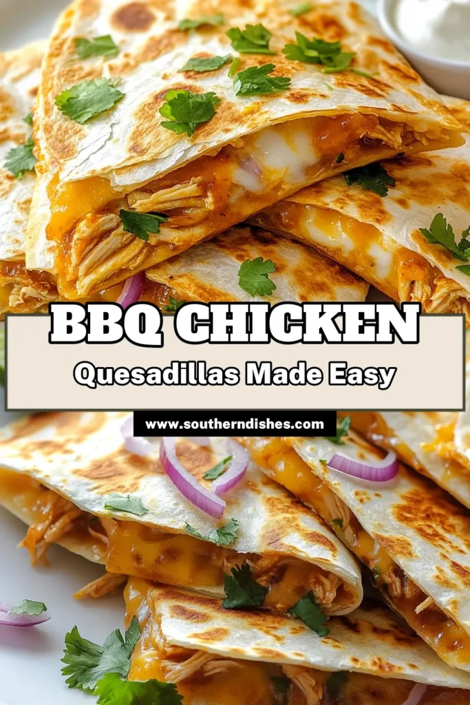 Indulge in these BBQ Chicken Quesadillas, a perfect blend of flavors and textures! This easy quesadilla recipe features tender shredded chicken mixed with your favorite BBQ sauce, topped with melty cheddar and mozzarella cheese. Ideal for a quick dinner or a party appetizer, these cheesy quesadillas are sure to impress. Try this delicious BBQ chicken recipe today and enjoy a tasty twist! Save this recipe for later! #BBQChickenQuesadillas #EasyQuesadillaRecipe #CheesyQuesadillas #BBQChickenRecipes