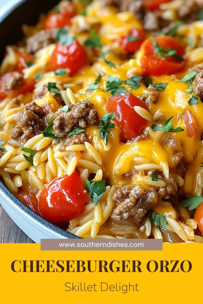 Discover the ultimate cheeseburger orzo recipe for an easy, family-friendly dinner! This one pot cheeseburger orzo combines ground beef or turkey with orzo pasta, rich flavors, and cheesy goodness in just 25 minutes. Perfect for busy weeknights, this skillet dinner recipe is a must-try. Save this easy pasta skillet meal for your next meal idea and bring deliciousness to your table! #CheeseburgerOrzo #OnePotMeals #SkilletDinner #EasyRecipes