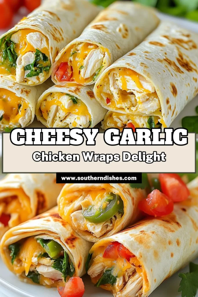 Looking for a delicious meal that's quick to prepare? Try these Cheesy Garlic Chicken Wraps! This easy chicken wrap recipe features tender chicken mixed with mozzarella cheese, perfect for a satisfying dish. Just layer in baked chicken tortillas and wrap them up with fresh spinach for a tasty dinner option. Don't miss out on this flavorful Garlic chicken recipe! Save for later and enjoy! #CheesyChickenWraps #EasyChickenWraps #GarlicChickenRecipe #MozzarellaCheeseWraps