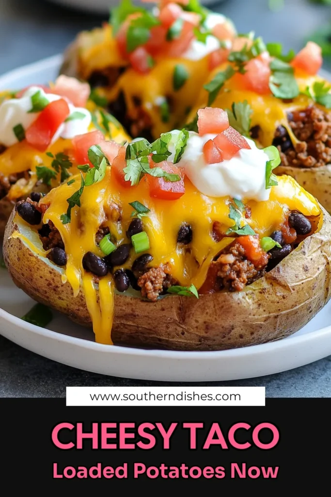 Discover the ultimate comfort food with these Cheesy Taco Potatoes! This Loaded Potato Recipe features perfectly baked russet potatoes stuffed with seasoned ground beef, black beans, and corn. Topped with melty cheddar cheese, this Taco Stuffed Potatoes dish is a crowd-pleaser for any occasion. Try this Ground Beef Potato Bake today for a delicious family meal. Don’t forget to save and share this Cheddar Cheese Potatoes recipe! #CheesyTacoPotatoes #TacoStuffedPotatoes #LoadedPotatoRecipe #GroundBeefPotatoBake
