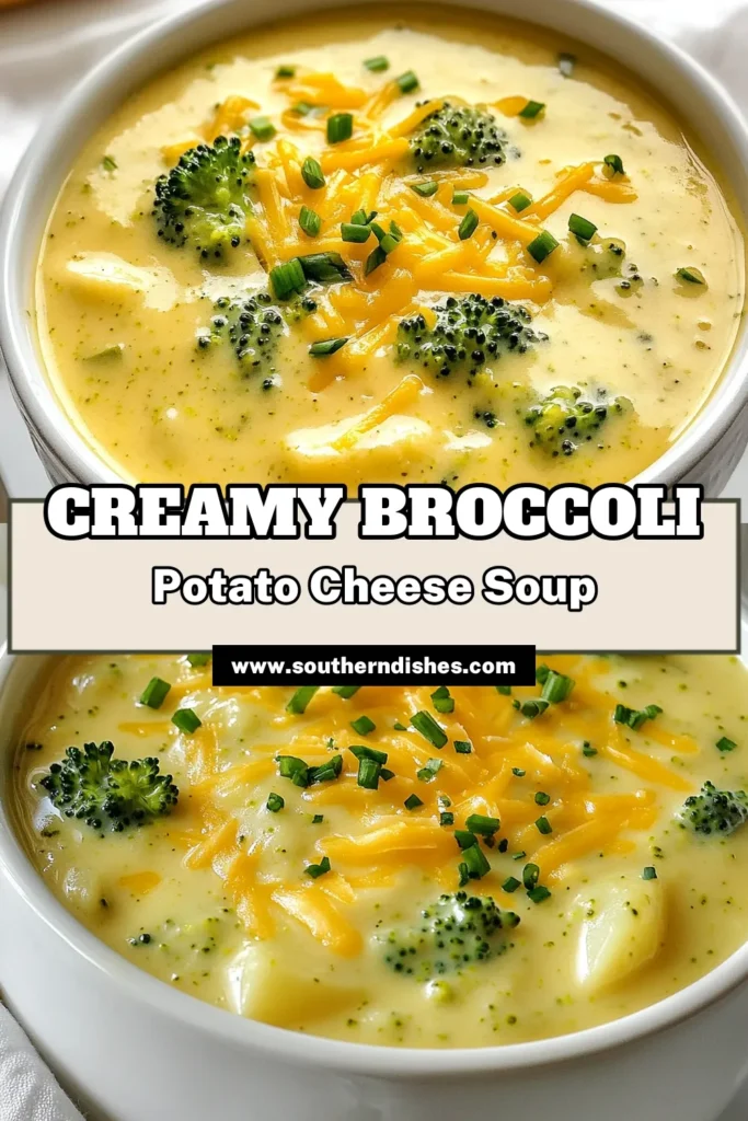 Warm up with this creamy broccoli potato soup, packed with flavors and nutrients! This easy potato soup features hearty broccoli and rich cheddar cheese, making it a perfect vegetarian broccoli soup for any meal. Make this homemade cheese soup effortlessly with simple ingredients. Perfect for cozy nights! Save this cheddar cheese soup recipe for a deliciously comforting dish any day of the week. #BroccoliSoup #CheddarCheese #EasyRecipe #HomemadeSoup