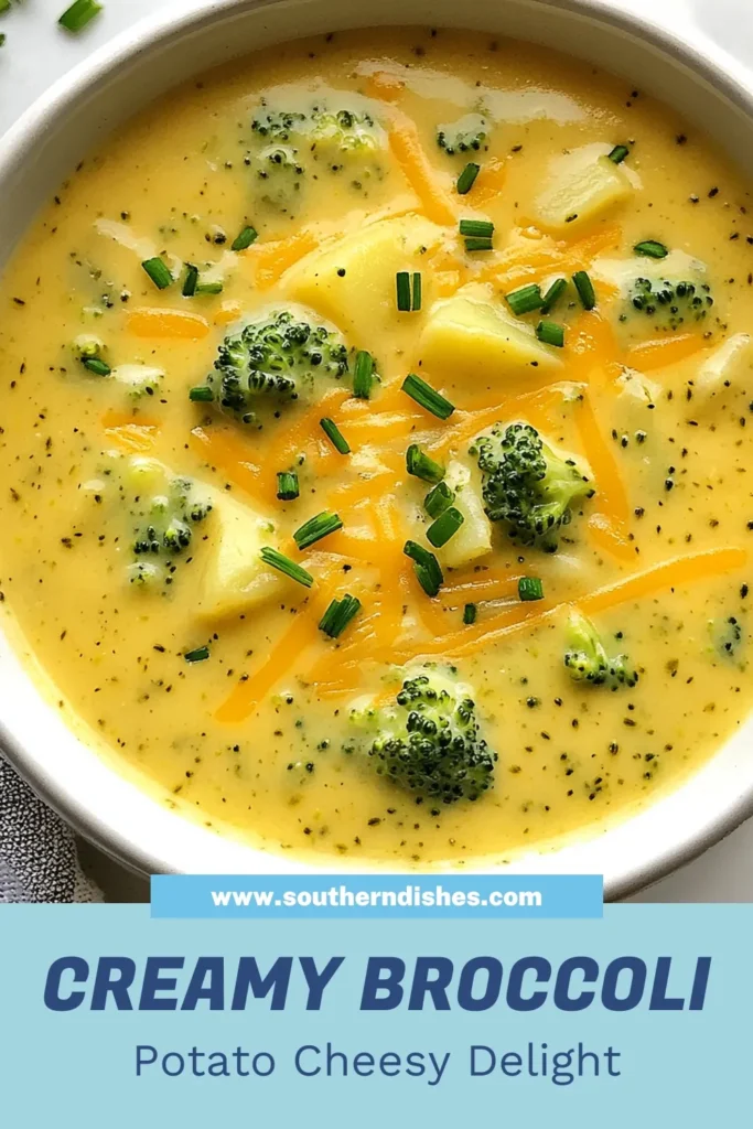 Indulge in this creamy broccoli potato soup that's perfect for any occasion! Our cheesy broccoli soup recipe combines tender broccoli and potatoes with rich cheddar for a comforting dish. Want a dairy-free option? Try the dairy-free broccoli cheese soup version with coconut cream! This easy vegetable soup is simple to make and feeds the whole family. Pin this delicious broccoli and cheddar soup recipe today! #BroccoliSoup #CheesyRecipe #EasyCooking #SoupLovers
