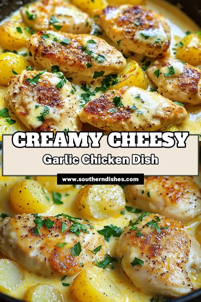 Indulge in this creamy garlic chicken recipe featuring cheesy chicken and potatoes that you can make in just one pan! This baked chicken with cream sauce is a perfect easy chicken dinner recipe for busy weeknights. Savor the rich flavors of garlic, cheddar, and Parmesan as they meld beautifully in this satisfying dish. Save this recipe for a delicious weeknight meal that the whole family will love! #CreamyGarlicChicken #EasyDinner #ChickenRecipe #OnePanMeal
