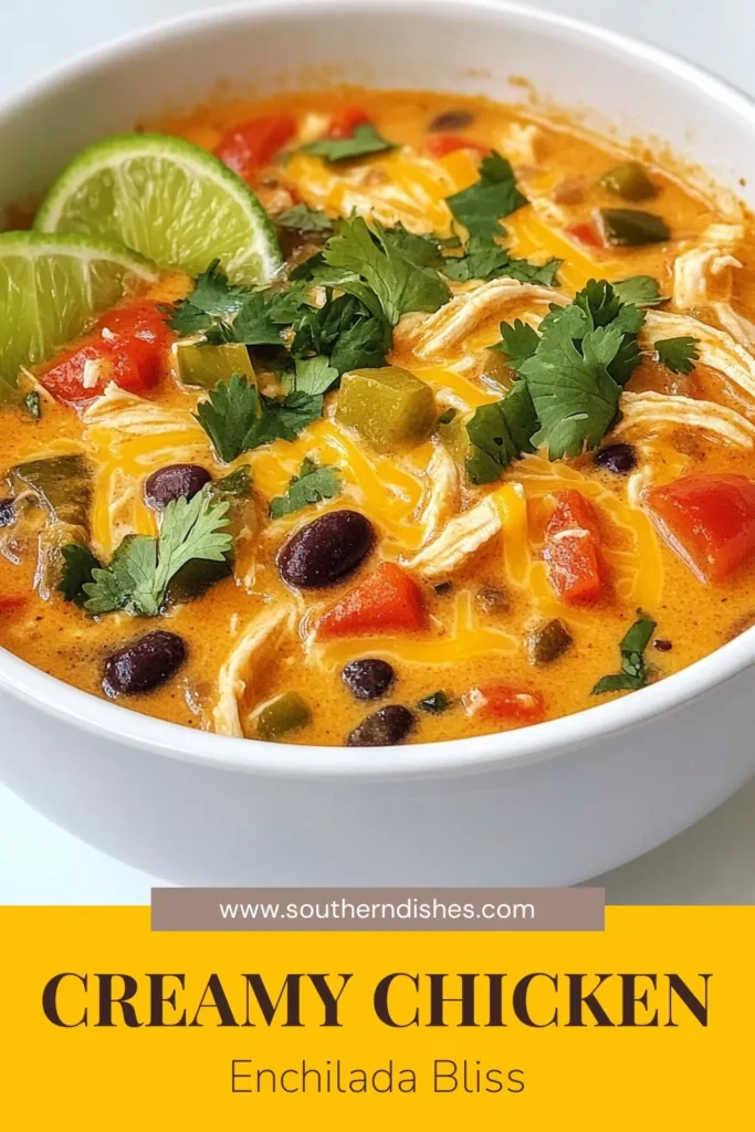 Warm up with this delicious creamy chicken enchilada soup, the ultimate chicken soup recipe for cozy nights. This easy enchilada soup is loaded with shredded cheddar cheese and a mix of flavorful ingredients that make it a delightful Mexican chicken soup recipe. Perfect for meal prep or a quick dinner, this soup is sure to impress. Try it today and enjoy a bowl of comfort! Save this recipe for your next cooking adventure! #CreamyChickenEnchiladaSoup #EasyRecipes #ChickenSoup #MexicanCuisine