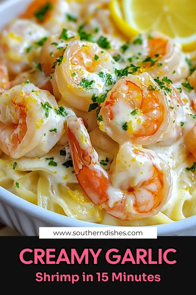 Discover the ultimate creamy garlic shrimp recipe that can be on your table in just 15 minutes! This easy shrimp pasta dish features succulent shrimp in a creamy sauce, enhanced with garlic and Parmesan for an irresistible flavor. Perfect for a quick shrimp dinner recipe that impresses! Elevate your weeknight meals with this garlic shrimp with Parmesan and get ready for compliments. Save this recipe now! #ShrimpDinner #SeafoodRecipes #EasyPasta #QuickMeals