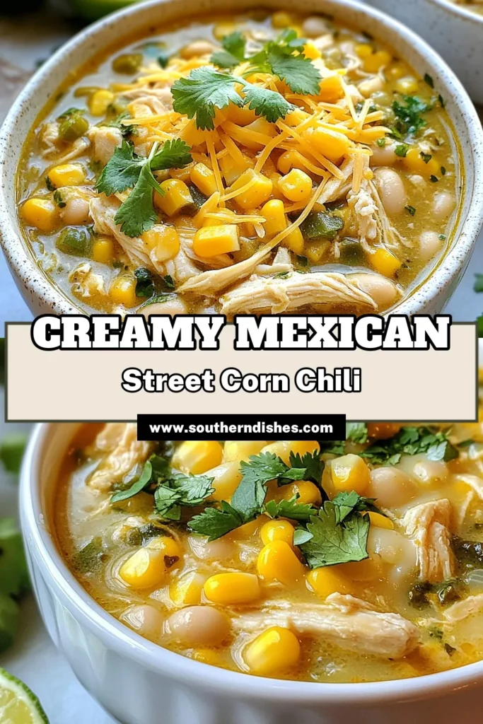 Savor the flavors of our Mexican Street Corn White Chicken Chili! This creamy corn chili blends tender chicken, fresh corn, and zesty spices into a delightful Mexican chicken soup that everyone will love. Perfect for a cozy dinner or a quick meal, this easy chicken chili recipe is a must-try. Follow our simple white chicken chili recipe and create a warming dish that'll impress your family and friends. Save this recipe now! #MexicanStreetCornChili #EasyChickenChili #CreamyCornChili #MexicanChickenSoup