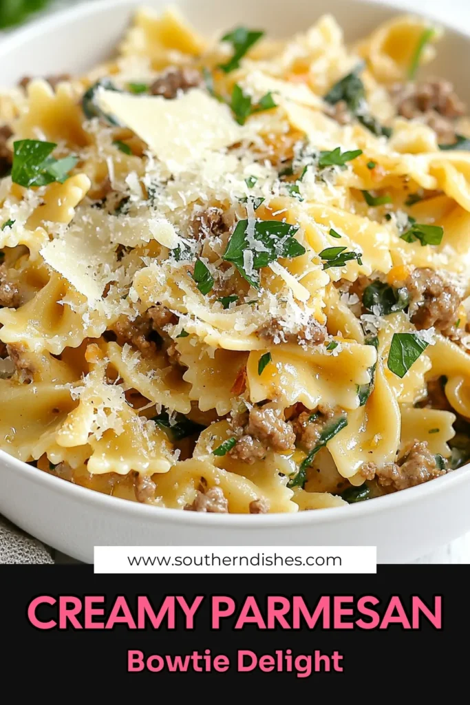 Indulge in this Creamy Parmesan Beef Pasta that combines bowtie pasta with savory ground beef for a delightful dinner. This easy creamy pasta dish is perfect for busy weeknights and makes for a comforting meal. With simple ingredients and quick prep, this Italian beef pasta recipe will become a family favorite. Try this delicious Bowtie Pasta recipe today and savor every bite! Save for later! #CreamyParmesanBeefPasta #BowtiePastaRecipe #GroundBeefPastaDish #EasyCreamyPasta