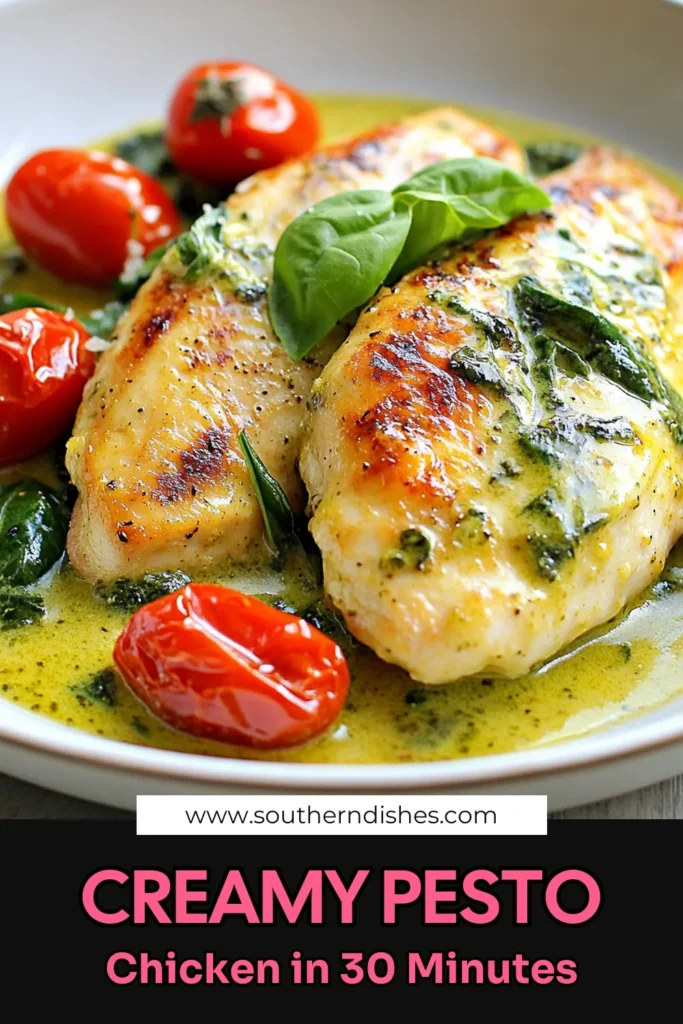 Discover this delicious creamy pesto chicken skillet that transforms your dinner routine! This easy chicken pesto recipe comes together in one pan, making it perfect for quick weeknight meals. Enjoy tender chicken with rich pesto sauce, fresh spinach, and cherry tomatoes for a flavorful dish ready in just 30 minutes. Save this mouthwatering recipe for your next family meal! #CreamyPestoChicken #OnePanMeal #QuickDinner #EasyRecipes