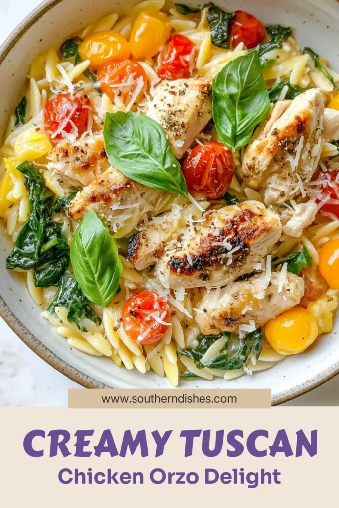 Discover the deliciousness of Creamy Tuscan Chicken Orzo, the ultimate easy chicken orzo recipe that’s perfect for a busy weeknight! This one-pot chicken dinner is an Italian orzo pasta dish that combines tender chicken, creamy sauce, and fresh spinach for a comforting meal everyone will love. Get ready to impress your family with this creamy chicken skillet meal. Save this recipe for dinner inspiration! #ChickenRecipe #OrzoPasta #EasyDinner #ItalianCuisine
