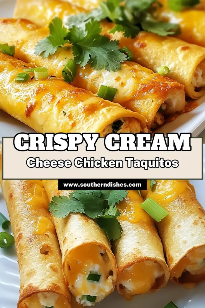 Craving a delicious snack? Try these Baked Cream Cheese Chicken Taquitos! This easy chicken taquitos recipe combines shredded chicken, creamy cheese, and spices, all baked to perfection for a crispy finish. Perfect for parties or a cozy night in, these cheesy taquitos with chicken will be a hit! Save this oven-baked taquitos recipe to enjoy later. #BakedChickenTaquitos #CreamCheeseTaquitosRecipe #EasyChickenTaquitos #CheesyTaquitosWithChicken