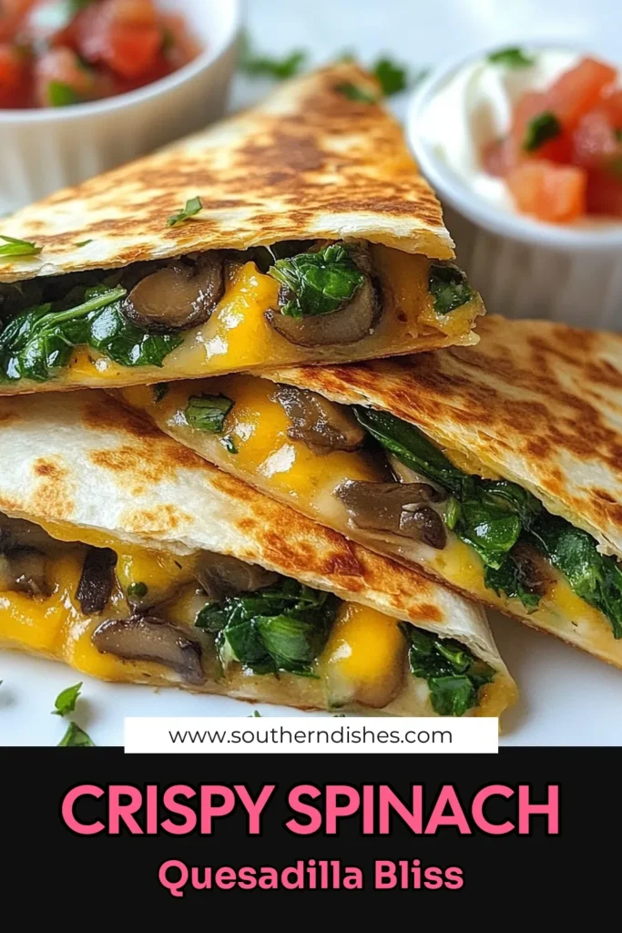 Looking for a delicious and easy vegetarian meal? Try this Crispy Spinach Mushroom Quesadilla! Packed with fresh spinach, sautéed mushrooms, and melted mozzarella cheese, this Spinach Quesadilla Recipe is perfect for a quick lunch or dinner. Impress your guests with this easy Mushroom Quesadilla and explore more Vegetarian Quesadilla Ideas. Save this recipe for your next cooking adventure! #SpinachQuesadilla #VegetarianRecipes #MushroomQuesadilla #EasyCooking