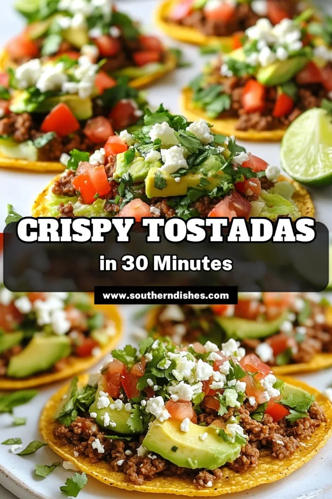 Dive into these crispy ground beef tostadas that are sure to delight! This easy tostada recipe features seasoned ground beef piled on crunchy homemade tostadas, topped with fresh Mexican flavors like lettuce, tomatoes, and avocado. Perfect for a quick meal or a fun gathering, these ground beef tostadas are a crowd-pleaser. Try it now and elevate your taco night! Save this recipe for your next dinner! #Tostadas #GroundBeef #MexicanRecipes #EasyRecipes