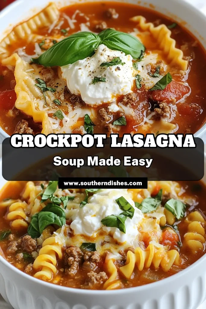 Warm up with this comforting Crockpot Lasagna Soup, the perfect easy lasagna soup recipe for busy nights! This slow cooker lasagna soup combines ground beef, savory spices, and cheesy goodness for a delightful meal your family will love. With just 15 minutes of prep time, you'll have a cheesy lasagna soup that's ready to enjoy. Don't forget to save this recipe for a cozy night in! #CrockpotLasagnaSoup #ComfortFoodSoup #CheesyLasagnaSoup #SlowCookerLasagnaSoup