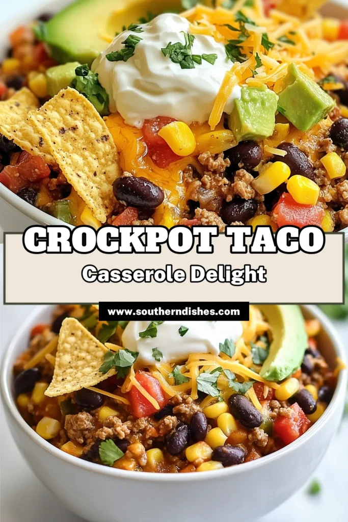Discover this mouthwatering Crockpot Taco Casserole, an easy taco casserole recipe perfect for busy weeknights! This slow cooker taco casserole combines ground beef with beans, corn, and salsa, topped with crunchy tortilla chips and melted cheese for a cheesy taco casserole recipe your family will love. Save this recipe and enjoy a flavorful Mexican casserole with ground beef that’s easy to prepare. Try it today! #CrockpotRecipe #TacoCasserole #EasyRecipes #SlowCookerMeals