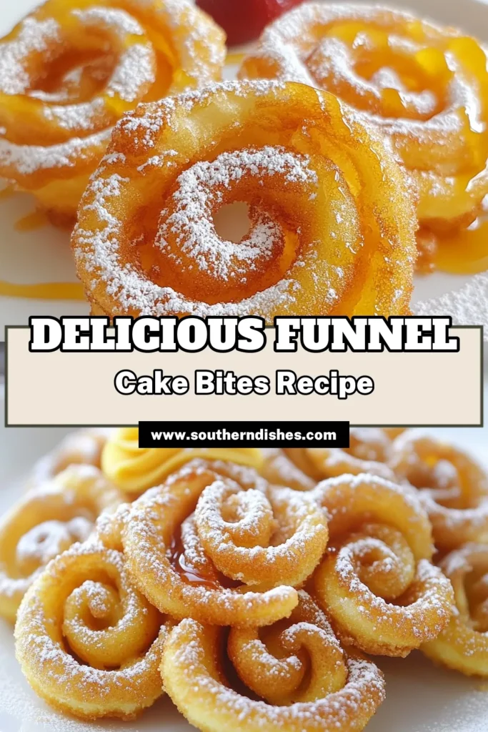 Indulge in the delightful taste of Funnel Cake Bites with this easy funnel cake bites recipe! Discover how to make funnel cake bites at home and impress your friends with these deep-fried dessert bites. Perfectly crispy and dusted with powdered sugar, these treats are customizable with fun funnel cake toppings like chocolate sauce or strawberry syrup. Save this recipe for a fun dessert night! #FunnelCakeBites #EasyDesserts #FriedTreats #BakingJoy