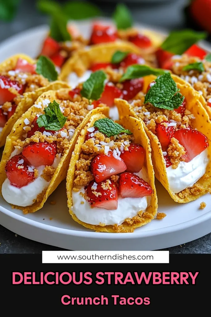 Indulge in the delightful flavors of Strawberry Crunch Cheesecake Tacos! This easy strawberry dessert recipe features no-bake cheesecake tacos filled with creamy goodness and topped with fresh strawberries. Perfect for any occasion, our mini cheesecake tacos recipe is a hit with kids and adults alike. Create this delicious treat in just 50 minutes and elevate your dessert game today! Save this recipe for a fresh and tasty twist! #StrawberryDessert #NoBakeCheesecake #MiniCheesecakeTacos #EasyDessertRecipes