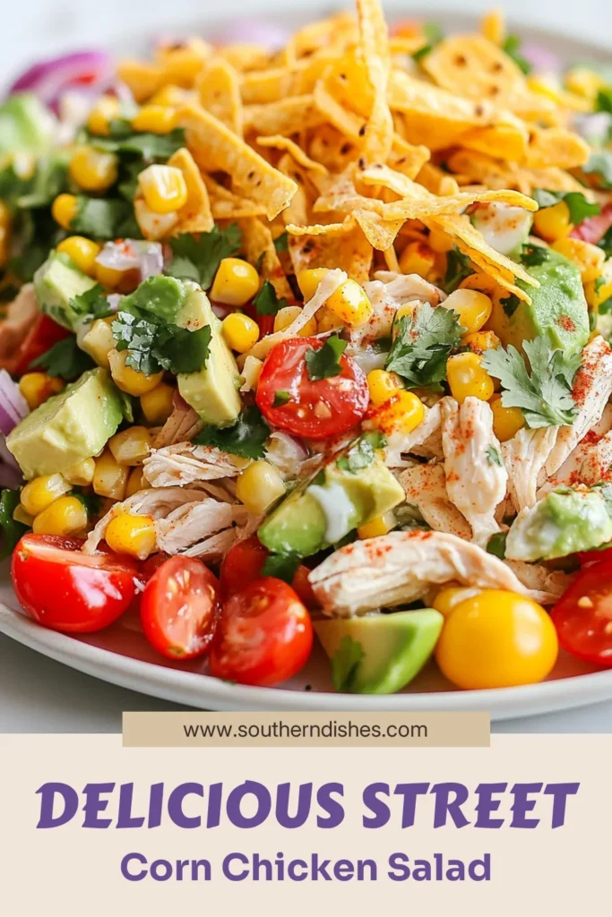Discover the perfect summer dish with this Street Corn Chicken Salad! This vibrant grilled corn salad recipe combines juicy shredded chicken, fresh veggies, and creamy avocado for a healthy chicken salad that's bursting with flavor. Tossed in a zesty Greek yogurt dressing, it's an irresistible avocado corn salad that's perfect for any occasion. Try this recipe today and elevate your salad game! #StreetCornChickenSalad #HealthyChickenSalad #GrilledCornSalad #GreekYogurtDressing