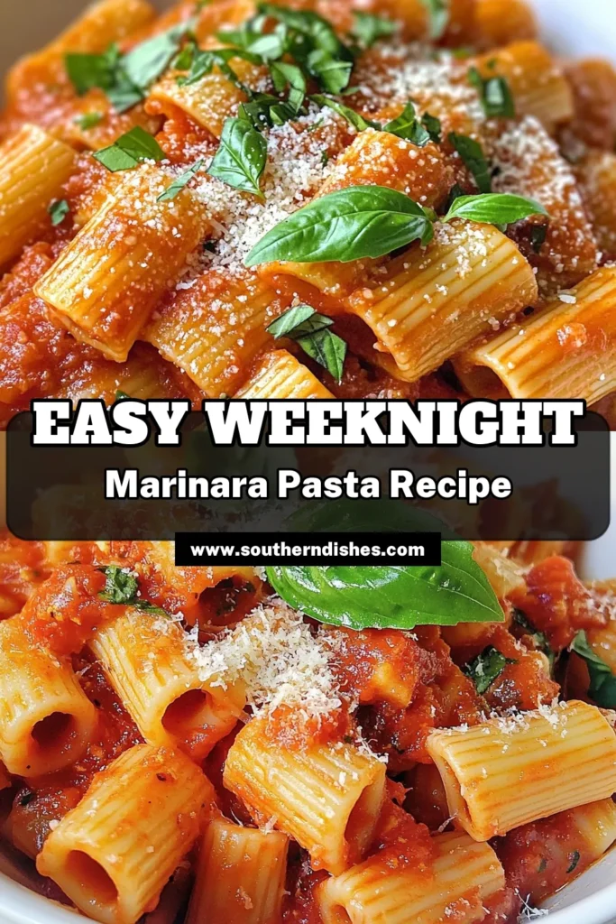 Satisfy your cravings with this easy weeknight rigatoni marinara recipe! Ready in just 30 minutes, it's perfect for those busy nights. Whip up a delicious homemade marinara sauce with crushed tomatoes, garlic, and herbs, then toss it with al dente rigatoni for a comforting dinner. Discover quick dinner recipes that the whole family will love. Save this pasta recipe with tomato sauce for your next meal! #PastaRecipes #EasyDinner #WeeknightMeals #MarinaraSauce