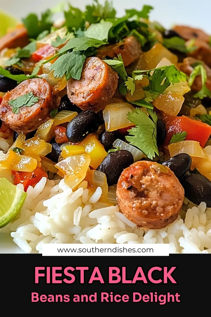 Discover a delicious black beans and rice recipe that combines smoky turkey sausage with vibrant flavors! This smoky turkey sausage dish is perfect for quick weeknight dinners. Easily transform it into a vegetarian black bean skillet by skipping the sausage. Enjoy in a fiesta rice bowl topped with fresh cilantro and lime. Try this easy black beans recipe for a hearty meal your family will love. Save this recipe for tasty weeknight cooking! #BlackBeansAndRice #FiestaRiceBowl #EasyDinner #MealPrepIdeas