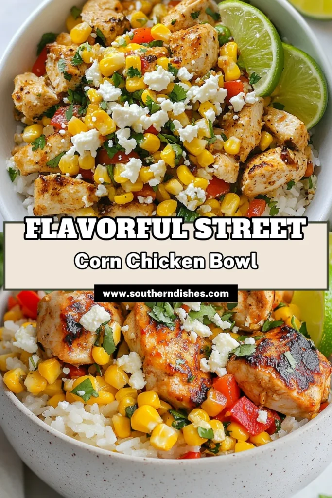 Discover the ultimate street corn chicken bowl that's packed with flavor! This chicken rice bowl recipe combines tender chicken, sweet corn, and zesty lime over a bed of fluffy jasmine rice. Perfect for a quick dinner or meal prep. Don't miss this delicious corn and chicken stir fry topped with feta cheese for an added tang! Try it out and enjoy a tasty meal. Save this recipe now! #StreetCornChickenBowl #ChickenRiceBowlRecipe #JasmineRiceRecipes #FetaCheeseChickenDish