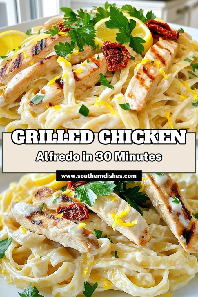 Indulge in a creamy and delicious Grilled Chicken Alfredo Pasta that's perfect for dinner any night! This easy recipe combines tender grilled chicken with fettuccine and a rich Alfredo sauce, topped with a zesty twist of lemon and optional sun-dried tomatoes. Ready in just 30 minutes, it’s sure to become a family favorite. Click through to discover the full recipe and impress your loved ones tonight! #GrilledChicken #AlfredoPasta #EasyRecipes #DinnerIn30Minutes