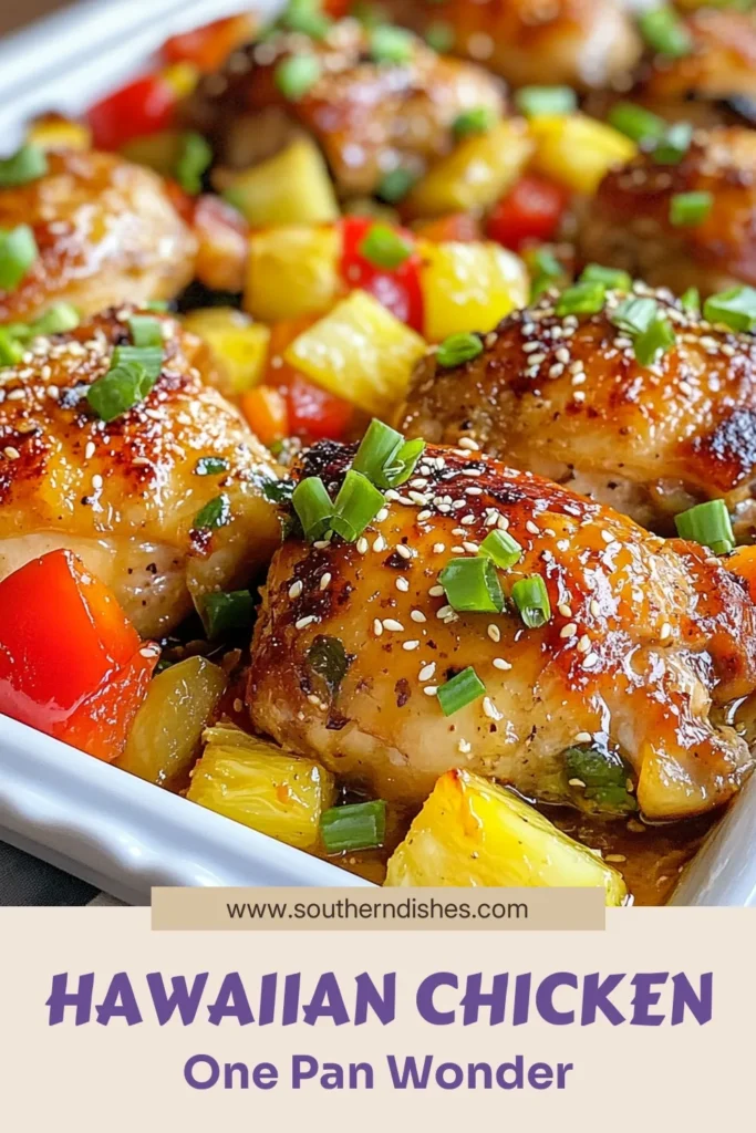 Discover the perfect tropical chicken recipe with this Hawaiian chicken sheet pan dinner! Bursting with flavor, this easy chicken and vegetable bake features juicy pineapple chicken thighs paired with vibrant bell peppers and onions. Ideal for busy weeknights, this sheet pan dinner idea is a breeze to prepare and clean up. Try it today and bring a taste of the tropics home! Save this recipe for later! #HawaiianChicken #SheetPanDinner #TropicalRecipes #EasyDinnerIdeas