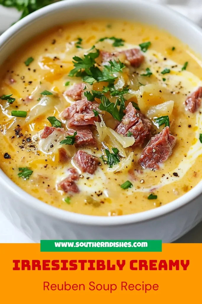Discover the ultimate creamy Reuben soup recipe that combines the rich flavors of corned beef, Swiss cheese, and tangy sauerkraut in a delightful bowl of comfort. This easy Reuben soup is perfect for cozy nights and can be made in just 35 minutes! Whether you're a fan of creamy soups or looking to try something new, this creamy soup with sauerkraut will not disappoint. Don’t forget to save this Swiss cheese soup recipe for later! #ReubenSoup #CornedBeefSoup #CreamySoup #SoupRecipes